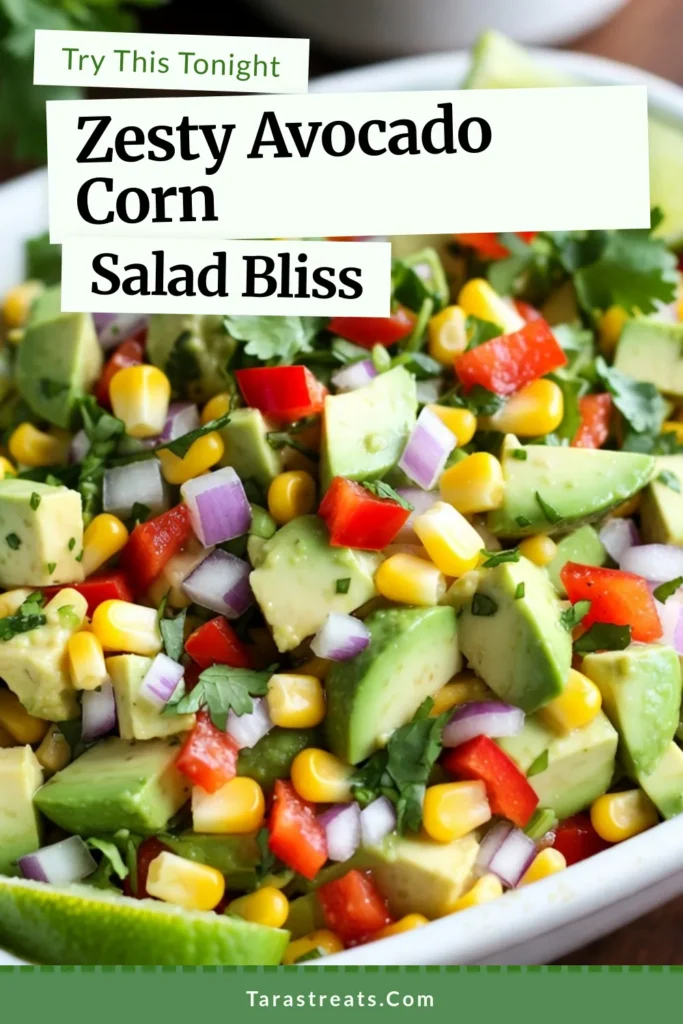 Savor the flavor of this Zesty Avocado Corn Salad, the perfect addition to your summer meals! This vibrant salad combines fresh corn kernels, creamy avocados, and a zesty lime dressing for a refreshing dish everyone will love. Enjoy this healthy avocado recipe at barbecues or picnics. Discover more zesty salad recipes and elevate your fresh summer salads today! Save this recipe now! #AvocadoCornSalad #HealthyRecipes #SummerSalads #ZestySalads