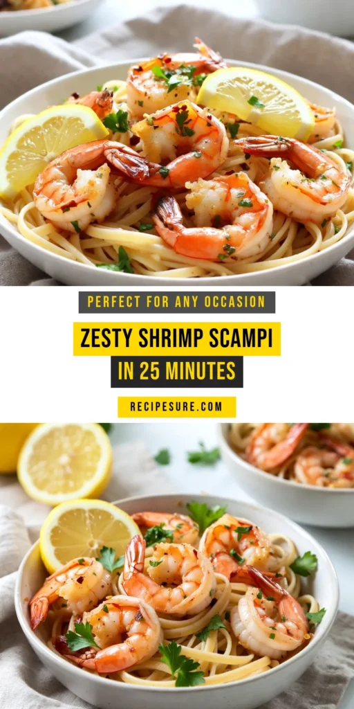 Indulge in this zesty lemon garlic shrimp scampi, a quick and easy shrimp scampi that brings vibrant flavors to your table. This shrimp pasta recipe features succulent garlic butter shrimp tossed with linguine, ensuring a delightful meal in just 25 minutes. Perfect for weeknight dinners, it's a crowd-pleasing dish you'll want to make again and again. Try this delicious, easy shrimp scampi today! #ShrimpScampi #PastaRecipe #LemonGarlic #EasyRecipes