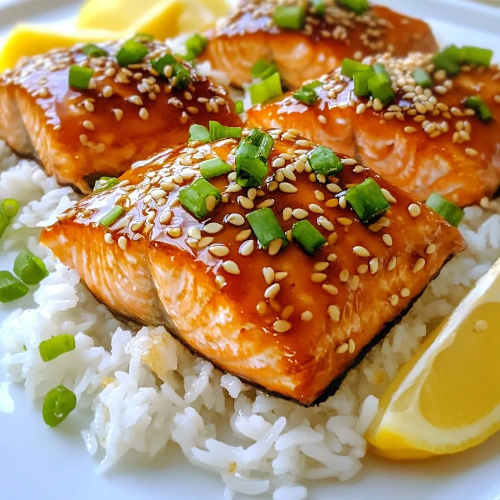 - 4 salmon fillets (6 oz each) - 1/4 cup honey - 1/4 cup soy sauce (low sodium preferred) - 3 cloves garlic, minced - 1 tablespoon sesame oil - 1 tablespoon rice vinegar - 1 teaspoon grated fresh ginger - 2 tablespoons sesame seeds - 2 green onions, finely chopped - Lemon wedges for garnish The main ingredients for Honey Garlic Sesame Salmon are simple yet packed with flavor. Salmon fillets form the base of this dish. They are rich in omega-3 fatty acids and have a buttery texture. Honey adds sweetness, while soy sauce brings in a savory touch. Garlic is key here. It gives the dish depth and warmth. Sesame oil adds a nutty flavor that enhances the overall taste. Each ingredient plays a role in creating a balanced flavor profile. For additional flavor and garnishes, we use rice vinegar. It adds a slight tang that brightens the dish. Fresh ginger gives warmth and zest. Sesame seeds add crunch and a nice visual appeal. Green onions finish the dish with a fresh bite. Lemon wedges serve as a perfect garnish. They add brightness and freshness. This combination is not only delicious but also easy to find. You can get these ingredients at any grocery store. {{ingredient_image_1}} - Whisking the Ingredients Start by grabbing a medium bowl. Add the honey, soy sauce, minced garlic, sesame oil, rice vinegar, and grated ginger. Whisk them together until they blend well. - Combining Honey, Soy Sauce, and Spices Make sure the honey dissolves fully in the soy sauce. This blend gives the salmon a sweet and salty taste. The garlic and ginger add depth, making it even better. - Proper Marinade Techniques Take your salmon fillets and place them in a shallow dish. Pour the marinade over the salmon. Make sure each fillet is well-coated. This step is key for flavor. - Recommended Marinating Time Let the salmon marinate in the fridge for at least 30 minutes. For a stronger flavor, you can let it sit for up to 2 hours. The longer it marinates, the better it gets. - Preheating the Oven Preheat your oven to 400°F (200°C). This step is important for even cooking. It helps the salmon cook just right. - Cooking Time and Temperature Line a baking sheet with parchment paper or grease it lightly. Place the salmon skin-side down on the sheet. Bake for 12-15 minutes. Check if it flakes easily with a fork to know it’s done. - Thickening the Marinade While the salmon bakes, pour the leftover marinade into a small saucepan. Bring it to a boil, then let it simmer for about 5 minutes. This thickens the sauce for drizzling later. - Garnishing Before Serving Once the salmon is cooked, drizzle the thickened marinade over it. Sprinkle chopped green onions on top for a fresh touch. Serve with lemon wedges for a zesty kick. Adjusting Flavors for Personal Taste You can change the taste of the marinade. If you want it sweeter, add more honey. If you like it salty, add more soy sauce. Taste the marinade before you use it. This way, you know it fits your flavor. Alternatives to Honey and Soy Sauce If you do not have honey, try maple syrup or agave. You can swap soy sauce for coconut aminos for a gluten-free option. These changes can still give you a yummy dish. Baking vs. Grilling: Pros and Cons Baking is simple and less messy. It keeps the salmon moist. Grilling adds a nice smoky taste, but it can dry the fish out. Choose what you like best or what fits your mood. Tips for Cooking Perfect Salmon Cook salmon until it easily flakes with a fork. Use a meat thermometer to check. It should be around 145°F (63°C) inside. Avoid overcooking; it can make the fish tough. Serving Suggestions Serve the salmon on a bed of rice or quinoa. This adds texture and flavor. You can also add a side of colorful stir-fried veggies. This makes your plate look great and balanced. Plating Tips for Visual Appeal Use a large plate to give the salmon room. Drizzle the thickened marinade on top for shine. Sprinkle extra sesame seeds and green onions for color. A lemon wedge on the side adds brightness to the dish. Pro Tips Marinate Longer for Deeper Flavor: If time allows, marinate the salmon for up to 2 hours to enhance the flavors. The longer it sits, the more the fillets absorb the honey garlic goodness. Check for Doneness: Salmon is perfectly cooked when it flakes easily with a fork and has an internal temperature of 145°F (63°C). Use a meat thermometer for accuracy. Use Fresh Ingredients: Fresh garlic and ginger make a noticeable difference in flavor. Try to use these fresh rather than powdered or jarred versions for the best results. Garnish for Presentation: Don’t skip the green onions and sesame seeds! They not only add a burst of color but also enhance the dish's overall flavor and texture. {{image_2}} You can add fun twists to the glaze. One great option is to include citrus. Try adding orange or lime juice. This gives the dish a zesty kick. You can also use fresh fruit. Pineapple or mango can add sweetness and color. These options make the meal even more exciting. Another fun idea is to spice it up. Adding Sriracha can give the dish a nice heat. Start with a small amount and taste. You can always add more if needed. A little spice can balance the sweetness of the honey. If you prefer chicken or tofu, you can use them instead of salmon. Chicken thighs work well with the same marinade. Just make sure to adjust the cooking time. Chicken takes longer to cook. Aim for 25-30 minutes in the oven at 400°F. Use a meat thermometer to ensure the chicken reaches 165°F. Tofu is a great plant-based option. Press the tofu before marinating to remove extra moisture. Cut it into cubes or slabs to soak up more flavor. Bake the tofu for about 20-25 minutes. This gives it a nice crispy texture. To keep your honey garlic sesame salmon fresh, use proper storage techniques. First, let the salmon cool down to room temperature. Then, place the leftovers in an airtight container. This helps keep moisture in and prevents odors from other foods. Make sure to eat the leftovers within three days for the best taste. For best practices in refrigeration, store the salmon on a shelf, not in the door. The door can be too warm. Always label your container with the date. This way, you can track how long it has been stored. To reheat salmon, you have a few options. The best method is to use the oven. Preheat it to 350°F (175°C). Place the salmon on a baking sheet and cover it with foil. Heat for about 10 minutes. This method keeps the salmon moist. You can also use the microwave. Place the salmon on a microwave-safe plate. Cover it loosely with a paper towel. Heat for 1-2 minutes, checking often. This method is quicker but may dry out the fish. To ensure flavor and texture resilience, always reheat gently. Avoid high heat to keep the salmon tender and tasty. I recommend marinating the salmon for at least 30 minutes. This gives the flavors time to soak in. For even better taste, let it marinate for up to 2 hours. The longer it sits, the more intense the flavor becomes. Just make sure to keep it in the fridge while it marinates. Yes, you can use frozen salmon. Just make sure to defrost it first. Place it in the fridge overnight for best results. If you’re in a hurry, you can run it under cold water for a quick thaw. Remember that frozen salmon may need a bit more marinating time to soak up all the flavors. Pair this dish with steamed rice or quinoa for a hearty meal. You can also serve it with stir-fried vegetables for a colorful plate. Other good options include a fresh salad or roasted potatoes. These sides help balance the rich flavors of the salmon and make your meal even more satisfying. In this post, I covered how to make Honey Garlic Sesame Salmon. We explored key ingredients, from salmon to soy sauce and honey. You learned how to prepare and marinate the salmon, followed by baking instructions. I shared tips on perfecting flavors and offered variations, including different proteins. Finally, we discussed storage and reheating for leftovers. This recipe is easy and delicious, perfect for any meal. Enjoy your salmon dish!