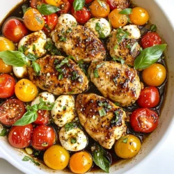 When making Balsamic Glazed Caprese Chicken, it’s all about using fresh and quality ingredients. Here’s what you will need: - 4 boneless, skinless chicken breasts - 1 cup cherry tomatoes, halved - 1 cup fresh mozzarella balls, drained - 1/2 cup balsamic vinegar - 2 tablespoons honey - 2 tablespoons olive oil - 1 teaspoon garlic powder - Salt and pepper to taste - Fresh basil leaves for garnish I prefer using boneless, skinless chicken breasts. They cook evenly and stay juicy. If you can, choose organic chicken for the best flavor. Balsamic vinegar adds a rich, tangy taste. Honey balances the acidity with sweetness. Together, they create a smooth glaze that makes the chicken shine. Fresh mozzarella brings a creamy texture and mild flavor. Cherry tomatoes add a burst of sweetness and color. Fresh basil leaves are a must for garnish; they add a lovely aroma and freshness to the dish. {{ingredient_image_1}} 1. Preheating the oven Start by preheating your oven to 400°F (200°C). This step is key to cooking the chicken evenly. 2. Making the balsamic glaze In a small saucepan, mix 1/2 cup of balsamic vinegar with 2 tablespoons of honey. Heat over medium heat until it simmers gently. Stir it often. Let it cook for about 10-15 minutes. You want it to thicken slightly. When done, set it aside. 1. Seasoning instructions Take 4 boneless, skinless chicken breasts. Season both sides with 1 teaspoon of garlic powder, salt, and pepper. Make sure to cover all areas for great flavor. 2. Searing techniques Heat 2 tablespoons of olive oil in a large oven-safe skillet over medium-high heat. Once hot, add the chicken breasts. Sear for 5-6 minutes on each side until they are golden brown. This gives the chicken a nice crust and locks in juices. 1. Adding ingredients to skillet After searing, reduce the heat to low. Add 1 cup of halved cherry tomatoes and 1 cup of drained mozzarella balls around the chicken. This adds fresh flavor and texture. 2. Oven baking process Drizzle half of the balsamic glaze over the chicken, tomatoes, and mozzarella. Then, transfer the skillet to your preheated oven. Bake for 15-20 minutes. Check that the chicken reaches an internal temperature of 165°F (75°C). This ensures it is fully cooked. Now, you have a mouthwatering dish ready to impress! To make a great balsamic glaze, keep an eye on the cooking time. You want it to simmer for about 10 to 15 minutes. This helps it thicken just right. If it becomes too thick, you can always add a splash of water. To tell if your glaze is done, look for a syrup-like consistency. It should coat the back of a spoon. If it drips off too quickly, it needs more time. To avoid dry chicken, start by searing it well. Cook each side for 5 to 6 minutes until golden brown. This locks in the juices. After that, bake it in the oven. It helps keep the chicken tender. Check for doneness by using a meat thermometer. The chicken should reach 165°F (75°C). If you don’t have a thermometer, cut into the thickest part. The meat should be white, not pink. For side dishes, consider a fresh garden salad or roasted vegetables. These pair well with the chicken's rich flavors. When plating, drizzle extra balsamic glaze over the dish. Add fresh basil leaves on top for a pop of color. This makes your meal look beautiful and appetizing. Pro Tips Perfectly Sear the Chicken: Ensure your skillet is hot enough before adding the chicken. A good sear locks in moisture and enhances flavor. Use Fresh Ingredients: For the best flavor, use fresh mozzarella and ripe cherry tomatoes. They make all the difference in this dish. Adjust Glaze to Taste: Taste your balsamic reduction as it cooks. You can add more honey for sweetness or a splash of soy sauce for depth. Rest Your Chicken: After baking, let the chicken rest for a few minutes before serving. This helps the juices redistribute for a juicier bite. {{image_2}} You might not have mozzarella on hand. Try using ricotta or goat cheese instead. These cheeses add creamy texture and flavor. If you're looking for vegan options, use cashew cheese or tofu. They work well with the balsamic glaze and keep the dish tasty. To make your dish pop, add fresh herbs like oregano or thyme. These herbs bring a nice aroma. You can also sprinkle some crushed red pepper for heat. If you like garlic, add fresh minced garlic to the chicken while cooking. This will boost the flavor even more. You can grill the chicken if you prefer a smoky taste. Just marinate it in balsamic glaze before grilling. Cook it until it's charred and juicy. If grilling isn't your thing, you can use a slow cooker. Cook on low for about 4-6 hours. This method makes the chicken very tender and flavorful. To keep your Balsamic Glazed Caprese Chicken fresh, place leftovers in an airtight container. This helps maintain flavor and moisture. Refrigerate the container right away. You can safely store it for up to three days. If you wait longer, the chicken may spoil. If you want to freeze the dish, let it cool completely first. Wrap it tightly in plastic wrap or foil. Then, place the wrapped chicken in a freezer-safe bag. It can last for up to three months in the freezer. To reheat, take the chicken out and let it thaw in the fridge overnight. You can also use a microwave for quick thawing. When ready to eat, heat it in the oven at 350°F (175°C) until warmed through. This keeps the chicken juicy and delicious. To keep chicken juicy, start with good seasoning. I use salt and garlic powder. Searing the chicken is key. Cook it on medium-high heat for 5-6 minutes each side. This locks in moisture. After searing, bake it gently in the oven. Use a meat thermometer to check for doneness. When it hits 165°F, it’s perfect. Let the chicken rest for a few minutes before cutting. This helps keep it moist inside. Yes, you can make the balsamic glaze in advance. Just simmer the balsamic vinegar and honey as the recipe suggests. Once it cools, store it in an airtight container. It will stay good in the fridge for about a week. When you're ready to use it, just warm it up on the stove. This makes dinner prep quicker and easier! I love serving this dish with fresh sides. A simple green salad pairs well. You can also try roasted vegetables or garlic bread. Pasta with olive oil and herbs is another great choice. These sides complement the chicken and add variety to your meal. Don't forget to sprinkle some extra fresh basil on top for a pop of color! This blog post covered key ingredients for Balsamic Glazed Caprese Chicken. I detailed the preparation steps, cooking tips, and variations you can try. Remember to focus on the balsamic glaze—it’s key to flavor. Serve your dish with great sides to impress. Feel free to experiment with substitutes and cooking methods. With the right care, you can make this dish shine. Enjoy cooking, and let your taste buds lead the way!