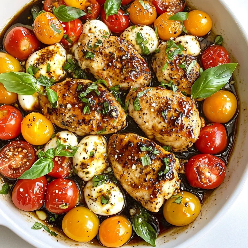 When making Balsamic Glazed Caprese Chicken, it’s all about using fresh and quality ingredients. Here’s what you will need: - 4 boneless, skinless chicken breasts - 1 cup cherry tomatoes, halved - 1 cup fresh mozzarella balls, drained - 1/2 cup balsamic vinegar - 2 tablespoons honey - 2 tablespoons olive oil - 1 teaspoon garlic powder - Salt and pepper to taste - Fresh basil leaves for garnish I prefer using boneless, skinless chicken breasts. They cook evenly and stay juicy. If you can, choose organic chicken for the best flavor. Balsamic vinegar adds a rich, tangy taste. Honey balances the acidity with sweetness. Together, they create a smooth glaze that makes the chicken shine. Fresh mozzarella brings a creamy texture and mild flavor. Cherry tomatoes add a burst of sweetness and color. Fresh basil leaves are a must for garnish; they add a lovely aroma and freshness to the dish. {{ingredient_image_1}} 1. Preheating the oven Start by preheating your oven to 400°F (200°C). This step is key to cooking the chicken evenly. 2. Making the balsamic glaze In a small saucepan, mix 1/2 cup of balsamic vinegar with 2 tablespoons of honey. Heat over medium heat until it simmers gently. Stir it often. Let it cook for about 10-15 minutes. You want it to thicken slightly. When done, set it aside. 1. Seasoning instructions Take 4 boneless, skinless chicken breasts. Season both sides with 1 teaspoon of garlic powder, salt, and pepper. Make sure to cover all areas for great flavor. 2. Searing techniques Heat 2 tablespoons of olive oil in a large oven-safe skillet over medium-high heat. Once hot, add the chicken breasts. Sear for 5-6 minutes on each side until they are golden brown. This gives the chicken a nice crust and locks in juices. 1. Adding ingredients to skillet After searing, reduce the heat to low. Add 1 cup of halved cherry tomatoes and 1 cup of drained mozzarella balls around the chicken. This adds fresh flavor and texture. 2. Oven baking process Drizzle half of the balsamic glaze over the chicken, tomatoes, and mozzarella. Then, transfer the skillet to your preheated oven. Bake for 15-20 minutes. Check that the chicken reaches an internal temperature of 165°F (75°C). This ensures it is fully cooked. Now, you have a mouthwatering dish ready to impress! To make a great balsamic glaze, keep an eye on the cooking time. You want it to simmer for about 10 to 15 minutes. This helps it thicken just right. If it becomes too thick, you can always add a splash of water. To tell if your glaze is done, look for a syrup-like consistency. It should coat the back of a spoon. If it drips off too quickly, it needs more time. To avoid dry chicken, start by searing it well. Cook each side for 5 to 6 minutes until golden brown. This locks in the juices. After that, bake it in the oven. It helps keep the chicken tender. Check for doneness by using a meat thermometer. The chicken should reach 165°F (75°C). If you don’t have a thermometer, cut into the thickest part. The meat should be white, not pink. For side dishes, consider a fresh garden salad or roasted vegetables. These pair well with the chicken's rich flavors. When plating, drizzle extra balsamic glaze over the dish. Add fresh basil leaves on top for a pop of color. This makes your meal look beautiful and appetizing. Pro Tips Perfectly Sear the Chicken: Ensure your skillet is hot enough before adding the chicken. A good sear locks in moisture and enhances flavor. Use Fresh Ingredients: For the best flavor, use fresh mozzarella and ripe cherry tomatoes. They make all the difference in this dish. Adjust Glaze to Taste: Taste your balsamic reduction as it cooks. You can add more honey for sweetness or a splash of soy sauce for depth. Rest Your Chicken: After baking, let the chicken rest for a few minutes before serving. This helps the juices redistribute for a juicier bite. {{image_2}} You might not have mozzarella on hand. Try using ricotta or goat cheese instead. These cheeses add creamy texture and flavor. If you're looking for vegan options, use cashew cheese or tofu. They work well with the balsamic glaze and keep the dish tasty. To make your dish pop, add fresh herbs like oregano or thyme. These herbs bring a nice aroma. You can also sprinkle some crushed red pepper for heat. If you like garlic, add fresh minced garlic to the chicken while cooking. This will boost the flavor even more. You can grill the chicken if you prefer a smoky taste. Just marinate it in balsamic glaze before grilling. Cook it until it's charred and juicy. If grilling isn't your thing, you can use a slow cooker. Cook on low for about 4-6 hours. This method makes the chicken very tender and flavorful. To keep your Balsamic Glazed Caprese Chicken fresh, place leftovers in an airtight container. This helps maintain flavor and moisture. Refrigerate the container right away. You can safely store it for up to three days. If you wait longer, the chicken may spoil. If you want to freeze the dish, let it cool completely first. Wrap it tightly in plastic wrap or foil. Then, place the wrapped chicken in a freezer-safe bag. It can last for up to three months in the freezer. To reheat, take the chicken out and let it thaw in the fridge overnight. You can also use a microwave for quick thawing. When ready to eat, heat it in the oven at 350°F (175°C) until warmed through. This keeps the chicken juicy and delicious. To keep chicken juicy, start with good seasoning. I use salt and garlic powder. Searing the chicken is key. Cook it on medium-high heat for 5-6 minutes each side. This locks in moisture. After searing, bake it gently in the oven. Use a meat thermometer to check for doneness. When it hits 165°F, it’s perfect. Let the chicken rest for a few minutes before cutting. This helps keep it moist inside. Yes, you can make the balsamic glaze in advance. Just simmer the balsamic vinegar and honey as the recipe suggests. Once it cools, store it in an airtight container. It will stay good in the fridge for about a week. When you're ready to use it, just warm it up on the stove. This makes dinner prep quicker and easier! I love serving this dish with fresh sides. A simple green salad pairs well. You can also try roasted vegetables or garlic bread. Pasta with olive oil and herbs is another great choice. These sides complement the chicken and add variety to your meal. Don't forget to sprinkle some extra fresh basil on top for a pop of color! This blog post covered key ingredients for Balsamic Glazed Caprese Chicken. I detailed the preparation steps, cooking tips, and variations you can try. Remember to focus on the balsamic glaze—it’s key to flavor. Serve your dish with great sides to impress. Feel free to experiment with substitutes and cooking methods. With the right care, you can make this dish shine. Enjoy cooking, and let your taste buds lead the way!