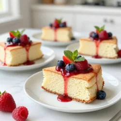 To make the perfect angel food cake, gather these fresh ingredients: - 1 cup cake flour, sifted - 1 ½ cups granulated sugar, divided - 12 large egg whites (about 1 ½ cups) - 1 teaspoon cream of tartar - 1 teaspoon vanilla extract - ½ teaspoon almond extract - ¼ teaspoon salt For the delicious berry compote, you will need: - 2 cups mixed berries (strawberries, blueberries, raspberries) - 2 tablespoons honey - 1 tablespoon lemon juice Using high-quality ingredients makes a big difference. Fresh berries add real flavor. They bring a sweet and tart touch to your dessert. Choose ripe berries for the best taste. The flour should be soft and light. Cake flour gives the cake its airy texture. It helps the cake rise well. Egg whites must be fresh. They create the fluffy structure of the cake. Sugar should be granulated and even. It sweetens the cake and helps it shine. Each ingredient plays a key role. The right choices lead to a perfect angel food cake and berry compote. Enjoy the taste of quality in every bite! {{ingredient_image_1}} Start by preheating your oven to 350°F (175°C). Do not grease the angel food cake pan. The batter needs to stick to the sides. This helps the cake rise perfectly. Gather all your ingredients and measure them out. You want everything ready to go. In a small saucepan, combine the mixed berries, honey, and lemon juice. Turn the heat to medium. Stir gently as the mixture heats up. Let it simmer for about 5 to 7 minutes. You will see the berries break down and get juicy. Once done, remove it from the heat and let it cool slightly. In a clean mixing bowl, add your egg whites. Use an electric mixer on medium speed. Beat the egg whites until they are frothy. Then, add the cream of tartar and salt. Increase the speed to high. Keep beating until you see stiff peaks form. This is key for a light, airy cake. Now, it’s time to add the sugar. While you keep beating, slowly add 1 cup of granulated sugar. Do this one tablespoon at a time. Continue until the mixture is shiny and stiff. Carefully fold in the vanilla and almond extracts. Be gentle so you do not deflate the egg whites. Next, sift together the remaining ½ cup of sugar and the cake flour. Sprinkle this mix over the whipped egg whites. Use a rubber spatula to fold in the dry ingredients. Do this in three parts until just combined. Spoon the batter into the ungreased angel food cake pan. Smooth the top with a spatula. Place the pan in the preheated oven. Bake for 35 to 40 minutes. The top should turn golden brown and feel springy when touched. Once done, invert the pan onto a cooling rack. Let the cake cool completely before removing it from the pan. After the cake cools, run a knife around the edges. This helps to gently remove the cake from the pan. Slice the cake and serve it with a generous spoonful of berry compote on top. For a nice touch, use white plates to make the colors pop. A sprig of mint adds freshness and color. Enjoy your delightful creation! To get that light and fluffy texture, you need to whip the egg whites well. Use a clean bowl and beaters. Start at medium speed until the whites are frothy. Then, add cream of tartar. This helps stabilize the eggs. Increase the speed to high. Keep beating until you see stiff peaks. Stiff peaks mean they hold their shape and stand tall. This is key for a perfect angel food cake. One big mistake is greasing the pan. Do not grease your angel food cake pan. The batter must cling to the sides to rise properly. Another mistake is adding sugar too quickly. Add sugar slowly while beating the egg whites. Adding it all at once will deflate them. Lastly, avoid opening the oven door too soon. This can cause the cake to fall. To check if your cake is done, look for a golden brown top. The cake should spring back when pressed lightly. You can also insert a toothpick. If it comes out clean, your cake is ready. Once it's done, invert the pan onto a cooling rack. Let it cool completely before removing the cake. This keeps it from collapsing. Pro Tips Use Room Temperature Egg Whites: For the best volume, ensure your egg whites are at room temperature before whipping. This allows for better aeration and results in a fluffier cake. Don't Overmix: When folding in the flour mixture, be gentle and avoid overmixing. This helps maintain the airiness of the batter, which is crucial for the cake's texture. Cool Upside Down: Inverting the cake pan after baking is essential to prevent the cake from collapsing. This helps maintain its height and fluffy texture as it cools. Experiment with Flavors: Try adding different extracts or citrus zest to the batter for unique flavor variations. Lemon or orange zest can add a refreshing twist to the classic angel food cake. {{image_2}} You can change the flavor of your angel food cake easily. Try using different extracts like lemon or coconut. For a chocolate twist, add cocoa powder to the flour. You can also fold in finely grated lemon or orange zest. This adds a bright flavor. Don't be afraid to experiment with spices like cinnamon or nutmeg too. Berry compote is great, but you can use other fruits. For instance, try peaches or cherries for a sweet treat. You can also mix fruits for a fun blend. Add a splash of orange juice or a sprinkle of cinnamon for extra taste. If you want a tropical vibe, use mangoes or pineapples. Toppings can change your dessert game. Whipped cream adds a light touch. You can also sprinkle toasted nuts like almonds or pistachios for crunch. For a gourmet feel, add a drizzle of chocolate sauce or caramel. Fresh mint leaves can make your cake look fancy and fresh. Get creative with your toppings! To keep your angel food cake fresh, wrap it in plastic wrap. Make sure it is airtight. You can also place it in a cake container. Store it at room temperature for up to three days. If you want to keep it longer, consider freezing. To freeze your angel food cake, first slice it into pieces. Wrap each slice tightly in plastic wrap. Then, place the wrapped slices in a freezer bag. Label the bag with the date. Frozen cake can last up to three months. When ready to enjoy, thaw it in the fridge overnight. To reheat your angel food cake, use the oven. Preheat it to 300°F (150°C). Place the cake on a baking sheet. Heat for about 10 minutes. This method keeps the cake soft and fluffy. Avoid the microwave, as it can make the cake dry. Enjoy it warm with your berry compote! To stop your Angel Food Cake from collapsing, avoid greasing the pan. The batter must stick to the sides to rise properly. Also, whip the egg whites until they form stiff peaks. This helps the cake maintain its structure while baking. Finally, be gentle when folding in dry ingredients. Too much mixing can deflate the batter. Yes, you can make this recipe gluten-free. Use a gluten-free cake flour blend instead of regular cake flour. Look for a blend that works well for baking. It should have a good balance of starches and gluten-free flours. Your cake will still be light and fluffy with this swap. For the compote, I love using a mix of strawberries, blueberries, and raspberries. Each berry brings its unique flavor and color. Strawberries add sweetness, blueberries give a mild tartness, and raspberries offer a bright punch. You can use frozen berries if fresh ones aren't available. The berry compote lasts about a week in the fridge. Store it in an airtight container to keep it fresh. You can also freeze the compote for up to three months. Just thaw it in the fridge before using. Yes, you can use liquid egg whites instead of fresh. Just make sure to check the equivalent amount. Usually, 1 large egg white equals about 2 tablespoons of liquid egg whites. This choice can save time, but fresh egg whites usually whip up better. In this post, we explored the key ingredients for angel food cake and berry compote. I shared step-by-step instructions to help you bake a delicious cake. I also covered tips to achieve the perfect texture and avoid mistakes. Different variations let you tailor flavors and toppings to your taste. Remember, using quality ingredients makes a big difference. Enjoy your cake right away, or store it for later. Baking can be fun and rewarding. You can master this recipe and impress your friends!