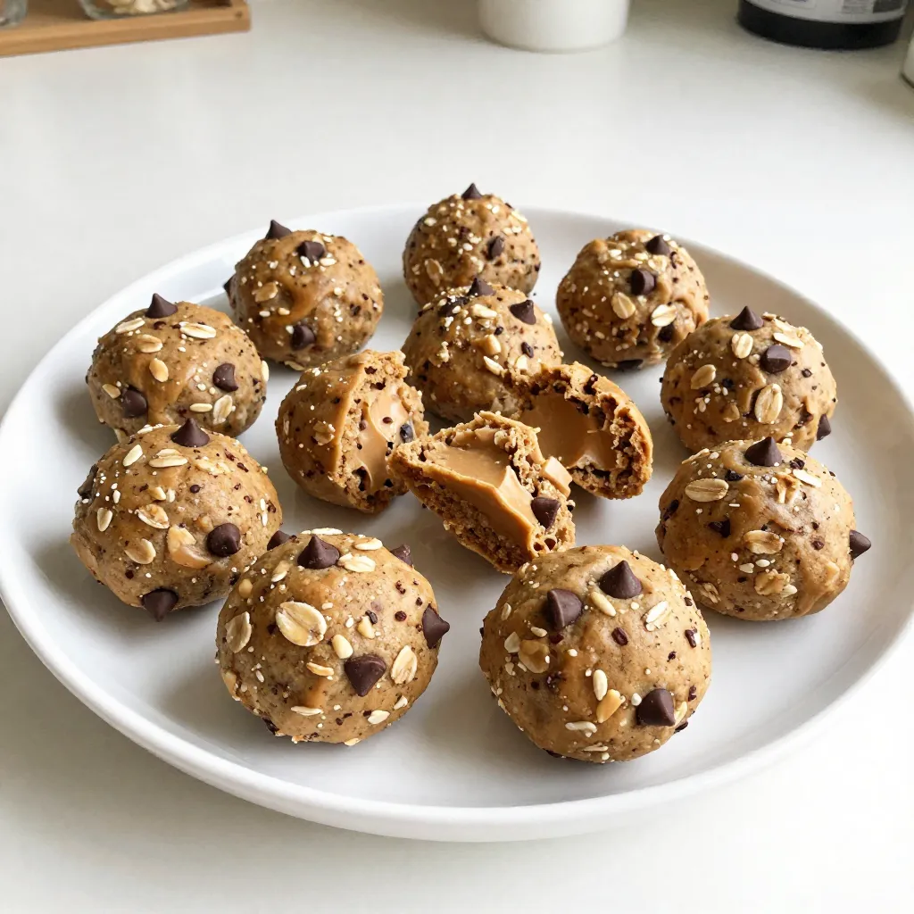 To make these tasty chocolate chip cookie dough energy bites, gather these key ingredients: - 1 cup rolled oats - 1/2 cup almond butter (or peanut butter) - 1/4 cup honey or maple syrup - 1/4 cup packed brown sugar - 1 teaspoon vanilla extract - 1/2 teaspoon salt - 1/2 cup mini chocolate chips These ingredients create a perfect blend of flavors and textures. The oats give a nice chew, while the nut butter adds creaminess. The sweeteners bring out the cookie dough taste you love. If you want to boost the health factor, consider adding ground flaxseed. Use about 1/4 cup for added fiber and omega-3s. You can also add: - Chia seeds - Protein powder - Unsweetened shredded coconut These add-ins enhance nutrition without changing the flavor much. They make these bites even better for your body. Don't worry if you lack some ingredients. Here are some easy swaps you can make: - Use peanut butter if you don’t have almond butter. - Swap honey for agave nectar or maple syrup for a vegan option. - Replace brown sugar with coconut sugar for a lower glycemic option. These substitutes keep the recipe tasty while accommodating your pantry. Feel free to experiment and find what you love! {{ingredient_image_1}} To start, gather all your ingredients. You will need: - 1 cup rolled oats - 1/2 cup almond butter (or peanut butter) - 1/4 cup honey or maple syrup - 1/4 cup brown sugar (packed) - 1 teaspoon vanilla extract - 1/2 teaspoon salt - 1/2 cup mini chocolate chips - 1/4 cup ground flaxseed (optional for added nutrition) In a large mixing bowl, add the rolled oats. Next, mix in the almond butter and honey or maple syrup. Then, add the brown sugar and vanilla extract. Stir until everything is well mixed. This step makes your base sticky and sweet. After you prepare the base, it’s time to add flavor. Sprinkle in the salt and mini chocolate chips. If you want, add ground flaxseed for extra nutrition. Use a spatula or your hands to mix everything together. Ensure the mixture is sticky and uniform. This is where the fun begins, as you can feel the dough coming together. Once your mixture is ready, chill it in the fridge for about 30 minutes. This helps it firm up. After chilling, dust your hands with almond flour or powdered sugar. This will help prevent the mixture from sticking to your hands. Grab tablespoon-sized amounts and roll them into small balls. Place each ball on a baking sheet lined with parchment paper. You can eat them right away or store them in an airtight container. Keep them in the fridge for up to a week for a tasty snack anytime! To keep the dough from sticking, use almond flour or powdered sugar on your hands. This simple trick makes rolling easier. If the dough gets too warm, chill it again. This helps the bites hold their shape. You can amp up the flavor by adding a pinch of cinnamon or a dash of sea salt. Using dark chocolate chips adds a rich taste. For extra crunch, mix in chopped nuts or seeds. This adds texture and nutrition. These energy bites are great for meal prep. You can make a big batch in just 15 minutes. Store them in an airtight container in the fridge. They stay fresh for about a week. You can also freeze them for longer storage. Just thaw before you enjoy! Pro Tips Chill for Better Texture: Refrigerating the mixture for 30 minutes not only makes it easier to roll but also enhances the flavor and texture of the energy bites. Customize Your Sweetener: Feel free to substitute honey with maple syrup or agave nectar for a vegan option, or adjust the sweetness by adding more or less according to your taste. Boost the Nutrition: Adding ground flaxseed not only increases the nutritional value but also adds a nice nutty flavor. You can also incorporate chia seeds for extra health benefits. Storage Tips: To keep your energy bites fresh, store them in an airtight container in the fridge. You can also freeze them for longer storage, making them a convenient snack anytime. {{image_2}} You can make these bites without nuts. Use sunflower seed butter instead of almond or peanut butter. This swap keeps the bites tasty and safe for those with nut allergies. Sunflower seed butter adds a nice, creamy texture and flavor. You can easily change the taste of these bites. Try adding spices like cinnamon or nutmeg for warmth. You can also mix in dried fruits. Chopped dates or raisins add sweetness and chewiness. If you like crunch, add chopped nuts or seeds. Each of these options makes your bites unique and fun. To make these bites vegan, swap honey for maple syrup. This keeps the bites sweet without using any animal products. You can also use a plant-based chocolate chip. This way, everyone can enjoy these tasty treats. To keep your chocolate chip cookie dough energy bites fresh, store them in an airtight container. This helps keep moisture out and preserves flavor. You can stack them, but make sure to place parchment paper between layers. This avoids sticking and makes it easier to grab one when you want a snack. These energy bites stay tasty for up to a week in the fridge. After that, they may lose some flavor or texture. If you notice any changes, it’s best to toss them out. Always check for any weird smells or discoloration before enjoying. Freezing is a great way to keep your energy bites longer. Place them in a single layer on a baking sheet first. Once they freeze, transfer them to a freezer-safe bag or container. They can last for about three months. Just thaw them in the fridge before eating. Enjoy your bites at any time! Yes, you can use different nut butters. Almond butter works great, but peanut butter is also a good choice. You could even try cashew butter for a twist. Each nut butter gives a unique taste. Just make sure it’s creamy for the best results. Yes, these energy bites are healthy! They provide good energy from oats and nut butter. The mini chocolate chips add a touch of sweetness. Using honey or maple syrup keeps it natural. If you add ground flaxseed, that boosts the nutrition too. They are a great snack for both kids and adults. Energy bites last about a week in the fridge. Store them in an airtight container to keep them fresh. You can also freeze them for up to three months. Just thaw them in the fridge before eating. This makes them a perfect snack to have on hand. You can use regular sugar instead of brown sugar. However, brown sugar adds moisture and a caramel flavor. If you choose white sugar, the bites may be less chewy. You might want to add a bit more honey or syrup to keep the right texture. This blog post covered how to make energy bites at home. You learned about key ingredients, preparation, and tips to enhance flavor. We explored variations and how to store your bites for freshness. Making energy bites is simple and fun. You can customize them to fit your taste and needs. Try different ingredients based on what you have. Enjoy these healthy snacks to energize your day!