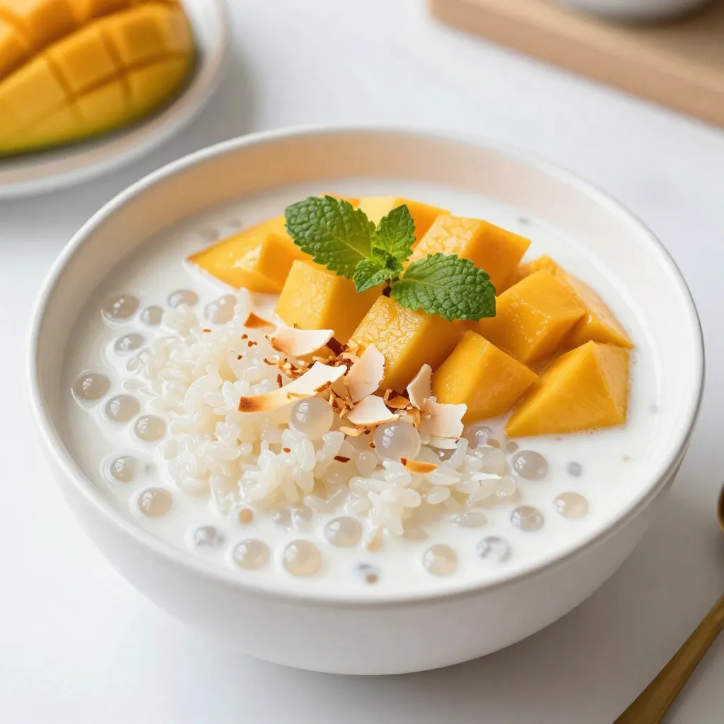 To make the mango coconut rice pudding, gather these simple ingredients: - 1 cup jasmine rice - 2 cups coconut milk - 1 cup water - 1/2 cup granulated sugar - 1 ripe mango, diced - 1/4 teaspoon salt - 1 teaspoon vanilla extract - 1/2 teaspoon ground cardamom - Toasted coconut flakes for garnish - Fresh mint leaves for garnish Each ingredient plays a key role in creating a rich and creamy dessert. The jasmine rice gives a lovely texture, while coconut milk adds creaminess. The sugar sweetens the dish, and the mango brings a fresh, fruity taste. The salt balances flavors, and vanilla and cardamom add warmth. Finally, toasted coconut flakes and mint make the dish visually appealing and add extra flavor. {{ingredient_image_1}} To start, rinse the jasmine rice. Place it in a fine mesh strainer. Run cold water over it. Keep rinsing until the water runs clear. This step helps remove extra starch and keeps the rice from being sticky. Next, in a medium saucepan, combine the rinsed rice with coconut milk and water. Add granulated sugar and salt to the mix. Stir until the sugar dissolves. This helps the flavors blend together nicely. Bring the mixture to a gentle boil over medium-high heat. Once it boils, reduce the heat to low. Cover the saucepan and let it simmer for 15 to 20 minutes. Stir occasionally to stop the rice from sticking. You want the rice to be tender and the liquid to be absorbed. After cooking, take the saucepan off the heat. Stir in the vanilla extract and ground cardamom. Cover it again and let it sit for an extra 5 minutes. This resting time allows the flavors to meld perfectly. Now, gently fold in the diced mango. Be careful not to mash it. You can save a few pieces for topping if you wish. You can serve mango coconut rice pudding warm or chilled. Use individual bowls for a nice touch. Top each bowl with toasted coconut flakes for crunch. Fresh mint leaves add a pop of color and flavor. These small details make your dish look appetizing and inviting. To prevent rice from sticking, rinse the jasmine rice well. Rinse it under cold water until the water runs clear. This removes excess starch and helps keep the rice fluffy. Stir the mixture during cooking. This helps distribute heat and moisture evenly. Adjusting sweetness and creaminess is easy. Start with the base recipe. After cooking, taste the pudding. If you like it sweeter, add more sugar. For creamier pudding, stir in extra coconut milk. This adds richness and depth to your dish. Creative toppings can enhance your pudding. Toasted coconut flakes add a crunchy texture. They also boost the coconut flavor. Fresh mint leaves bring a bright note to each bite. You can also use diced mango on top for added color and taste. Pairing with fruits makes it even better. Try berries or sliced bananas for a fruity twist. You can mix in nuts for crunch or drizzles of honey for sweetness. Each topping adds its own flair, making your dish fun and tasty. Pro Tips Rinse the Rice: Rinsing jasmine rice before cooking removes excess starch, resulting in a fluffier texture. Adjust Sweetness: Feel free to adjust the amount of sugar based on the sweetness of the mango or your personal preference. Cooling Time: Let the pudding cool completely in the refrigerator for a creamier texture if serving chilled. Garnishing: For added flavor, consider toasting the coconut flakes until golden brown before using as a garnish. {{image_2}} You can mix things up in many ways. First, try using different types of rice. Jasmine rice gives a lovely scent. However, you can also use basmati or arborio rice. Each type will change the texture and taste a bit. Next, consider adding spices or flavorings. A pinch of cinnamon can add warmth. You can also add ginger for a zesty kick. Try using other extracts, like almond or coconut, for unique flavors. Just be careful not to overpower the dish. If you want to make this dish vegan or dairy-free, it’s easy! The main ingredient, coconut milk, is already dairy-free. Just make sure your sugar is vegan. Most sugars are fine, but some can be processed with bone char. For gluten-free options, you are in luck! This recipe is naturally gluten-free. Rice does not contain gluten, so feel free to enjoy this creamy pudding without worry. To store mango coconut rice pudding, let it cool first. Transfer it to an airtight container. This keeps it fresh and safe. You can store it in the fridge for up to four days. If the pudding thickens, add a splash of coconut milk before serving. This helps restore the creamy texture. Make sure to stir it well after adding the milk. To reheat mango coconut rice pudding, use a small saucepan. Heat it over low heat and stir often. This keeps the pudding smooth and creamy. You can also use a microwave. Heat it in short bursts, about 30 seconds at a time. Stir in between to ensure even heating. Serving it warm gives a cozy feel. Chilled pudding is refreshing, especially in hot weather. You can choose based on your mood. Can I use other fruits in this recipe? Yes, you can use other fruits. Berries, bananas, or peaches add great flavor. Just chop them small. Mix them in gently to keep their shape. Tips for making ahead of time? You can make this pudding a day ahead. Store it in the fridge in a sealed container. This helps the flavors blend well. Just stir gently before serving. How can I make it lower in sugar? To lower the sugar, use less than half a cup. You can also try natural sweeteners. Honey or maple syrup are good choices. Start with a little and taste as you go. Is this pudding suitable for special diets? Yes, it can fit many diets. Use coconut milk for dairy-free. Skip the sugar for a low-sugar option. Make sure to check any fruit you add. Can I freeze mango coconut rice pudding? Yes, you can freeze it! Place it in an airtight container, leaving space for expansion. When you want to eat it, thaw it overnight in the fridge. Stir well before serving. Mango coconut rice pudding is a delightful dish. We covered ingredients, step-by-step instructions, and tips. You learned how to achieve the perfect pudding with great flavor. Remember, you can mix in different fruits or adjust for dietary needs too. Always store it properly for the best taste, and reheating keeps it cozy. Enjoy this creamy treat, and let your creativity shine in garnishing. Your kitchen can become a playground of flavors. That's the joy of cooking!