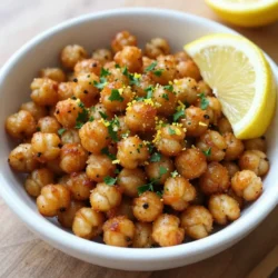 To make Lemon Garlic Roasted Chickpeas, you will need the following items: - 1 can (15 oz) chickpeas, drained and rinsed - 2 tablespoons olive oil - 2 tablespoons lemon juice - 3 cloves garlic, minced - 1 teaspoon smoked paprika - 1 teaspoon ground cumin - ½ teaspoon sea salt - ¼ teaspoon black pepper - Zest of 1 lemon - Fresh parsley, chopped (for garnish) These simple ingredients create a tasty snack that is both healthy and satisfying. Chickpeas serve as a great base because they are high in protein and fiber. The lemon juice and zest add a bright flavor, while garlic brings a savory touch. The spices, like smoked paprika and cumin, enhance the overall taste. This recipe is easy to prepare and offers a crunchy texture that makes it hard to resist. Plus, you can enjoy these chickpeas on their own or as a fun topping for salads. {{ingredient_image_1}} 1. Preheat your oven to 400°F (200°C). This high heat helps the chickpeas turn crispy. 2. Take the can of chickpeas, drain it, and rinse them well under cool water. This removes extra salt and helps them get clean. 3. Pat the chickpeas dry with a paper towel. Make sure they are really dry; this step is key for crispiness. 4. In a mixing bowl, add the chickpeas, olive oil, lemon juice, minced garlic, smoked paprika, ground cumin, sea salt, and black pepper. Toss everything together until the chickpeas are well coated. 1. Spread the chickpeas in a single layer on a baking sheet lined with parchment paper. This helps them roast evenly. 2. Place the baking sheet in the oven. Roast the chickpeas for 25-30 minutes. Halfway through, stir them to ensure they brown evenly. 3. To know when they’re done, check for a golden brown color and a crunchy texture. If they look and feel crispy, they are ready! 4. As soon as they come out of the oven, sprinkle lemon zest over the hot chickpeas. This adds a fresh and zesty flavor. 5. Let the chickpeas cool slightly before serving. You can garnish with chopped fresh parsley for a pop of color. This simple method brings out delicious flavors and a satisfying crunch. Enjoy your crispy lemon garlic roasted chickpeas! To make crispy lemon garlic roasted chickpeas, start by patting them dry. After rinsing, use a paper towel to remove excess moisture. This step is key. Dry chickpeas roast better and get crispier. Next, use the right oven techniques. Preheat your oven to 400°F (200°C). This high heat helps the chickpeas crisp up quickly. Spread the seasoned chickpeas in a single layer on a baking sheet. If they overlap, they will steam instead of roast. You can add more flavor with spices. Try adding cayenne pepper for heat or rosemary for a fresh taste. Smoked paprika already gives a nice depth, but feel free to experiment with your favorites. Adjusting seasoning is easy. After roasting, taste the chickpeas. If they need more salt or spice, sprinkle it on right away. The heat from the chickpeas helps the flavor stick better. Remember, you can always add more but can’t take away! Pro Tips Dry Chickpeas Well: Ensuring the chickpeas are thoroughly dried before roasting is key to achieving that perfect crispiness. Adjust Seasoning: Feel free to experiment with your favorite spices or herbs to customize the flavor of the chickpeas to your liking. Monitor Roasting Time: Keep an eye on the chickpeas as they roast; oven temperatures can vary, and you want them golden and crispy, not burnt. Serve Immediately: For the best texture and flavor, enjoy the roasted chickpeas right after they come out of the oven while they're still warm. {{image_2}} You can easily change the flavor of roasted chickpeas. For a spicy kick, add cayenne or chili powder. Just a pinch can bring heat. Mix it in with the other spices. This makes a fun snack for those who love spice. For a fresh twist, try an herb-infused version. Use Italian herbs like oregano and basil. These herbs add a nice green taste. Adjust the amounts to your liking. This version pairs well with salads or pasta. Roasted chickpeas make a great snack on their own. You can also pair them with dips like hummus or yogurt. They add crunch and flavor. This makes your snack time more exciting. You can also use them in meals. Add chickpeas to salads for extra texture. They work well in grain bowls too. Just sprinkle them on top to give your dish a nice crunch. Enjoy the versatility of this tasty snack! To keep your lemon garlic roasted chickpeas fresh, store them in an airtight container. Glass or plastic containers work well. Avoid using paper bags, as they let moisture in. When stored properly, roasted chickpeas can last for about 3 to 5 days in the fridge. If you notice any signs of sogginess, it is best to toss them out. Reheating roasted chickpeas can be tricky. To regain their crispiness, spread them on a baking sheet. Preheat your oven to 350°F (175°C) and place the chickpeas in for about 10 minutes. This will bring back the crunch. You can also use an air fryer for a quicker option. Consume leftovers within a week for the best flavor and texture. Enjoy them as a snack or sprinkle them on salads for added crunch! How do I make roasted chickpeas extra crunchy? To make roasted chickpeas extra crunchy, start by drying them well. After rinsing, pat them with a paper towel. This step removes moisture. Also, use a high temperature, around 400°F (200°C). Spread them out in a single layer on the baking sheet. Stir them halfway through roasting for even crispness. Can I use dried chickpeas instead of canned? Yes, you can use dried chickpeas. However, you'll need to soak and cook them first. Soak them overnight in water. Then, boil them until they are tender. Once cooked, drain and rinse them. Now, you can season and roast them just like canned chickpeas. How long can I store roasted chickpeas? You can store roasted chickpeas for about a week. Keep them in an airtight container at room temperature. If you want to keep them longer, place them in the fridge for up to two weeks. Just remember, they may lose some crunchiness over time. Reheat them in the oven to bring back some crispiness. Roasted chickpeas are a healthy snack that’s easy to make. In this post, we explored the simple ingredients and step-by-step instructions to create a crunchy delight. You learned tips to boost crispiness and flavor variations for everyone’s taste. Remember, you can store leftovers and reheat them for the same great taste. Enjoy your roasted chickpeas as a snack, on salads, or in grain bowls. Now, get cooking and savor this tasty treat!