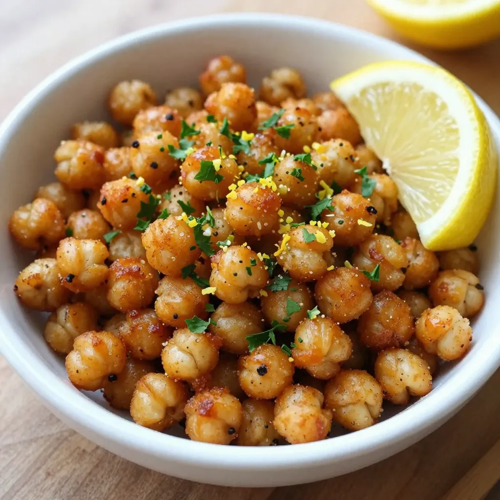 To make Lemon Garlic Roasted Chickpeas, you will need the following items: - 1 can (15 oz) chickpeas, drained and rinsed - 2 tablespoons olive oil - 2 tablespoons lemon juice - 3 cloves garlic, minced - 1 teaspoon smoked paprika - 1 teaspoon ground cumin - ½ teaspoon sea salt - ¼ teaspoon black pepper - Zest of 1 lemon - Fresh parsley, chopped (for garnish) These simple ingredients create a tasty snack that is both healthy and satisfying. Chickpeas serve as a great base because they are high in protein and fiber. The lemon juice and zest add a bright flavor, while garlic brings a savory touch. The spices, like smoked paprika and cumin, enhance the overall taste. This recipe is easy to prepare and offers a crunchy texture that makes it hard to resist. Plus, you can enjoy these chickpeas on their own or as a fun topping for salads. {{ingredient_image_1}} 1. Preheat your oven to 400°F (200°C). This high heat helps the chickpeas turn crispy. 2. Take the can of chickpeas, drain it, and rinse them well under cool water. This removes extra salt and helps them get clean. 3. Pat the chickpeas dry with a paper towel. Make sure they are really dry; this step is key for crispiness. 4. In a mixing bowl, add the chickpeas, olive oil, lemon juice, minced garlic, smoked paprika, ground cumin, sea salt, and black pepper. Toss everything together until the chickpeas are well coated. 1. Spread the chickpeas in a single layer on a baking sheet lined with parchment paper. This helps them roast evenly. 2. Place the baking sheet in the oven. Roast the chickpeas for 25-30 minutes. Halfway through, stir them to ensure they brown evenly. 3. To know when they’re done, check for a golden brown color and a crunchy texture. If they look and feel crispy, they are ready! 4. As soon as they come out of the oven, sprinkle lemon zest over the hot chickpeas. This adds a fresh and zesty flavor. 5. Let the chickpeas cool slightly before serving. You can garnish with chopped fresh parsley for a pop of color. This simple method brings out delicious flavors and a satisfying crunch. Enjoy your crispy lemon garlic roasted chickpeas! To make crispy lemon garlic roasted chickpeas, start by patting them dry. After rinsing, use a paper towel to remove excess moisture. This step is key. Dry chickpeas roast better and get crispier. Next, use the right oven techniques. Preheat your oven to 400°F (200°C). This high heat helps the chickpeas crisp up quickly. Spread the seasoned chickpeas in a single layer on a baking sheet. If they overlap, they will steam instead of roast. You can add more flavor with spices. Try adding cayenne pepper for heat or rosemary for a fresh taste. Smoked paprika already gives a nice depth, but feel free to experiment with your favorites. Adjusting seasoning is easy. After roasting, taste the chickpeas. If they need more salt or spice, sprinkle it on right away. The heat from the chickpeas helps the flavor stick better. Remember, you can always add more but can’t take away! Pro Tips Dry Chickpeas Well: Ensuring the chickpeas are thoroughly dried before roasting is key to achieving that perfect crispiness. Adjust Seasoning: Feel free to experiment with your favorite spices or herbs to customize the flavor of the chickpeas to your liking. Monitor Roasting Time: Keep an eye on the chickpeas as they roast; oven temperatures can vary, and you want them golden and crispy, not burnt. Serve Immediately: For the best texture and flavor, enjoy the roasted chickpeas right after they come out of the oven while they're still warm. {{image_2}} You can easily change the flavor of roasted chickpeas. For a spicy kick, add cayenne or chili powder. Just a pinch can bring heat. Mix it in with the other spices. This makes a fun snack for those who love spice. For a fresh twist, try an herb-infused version. Use Italian herbs like oregano and basil. These herbs add a nice green taste. Adjust the amounts to your liking. This version pairs well with salads or pasta. Roasted chickpeas make a great snack on their own. You can also pair them with dips like hummus or yogurt. They add crunch and flavor. This makes your snack time more exciting. You can also use them in meals. Add chickpeas to salads for extra texture. They work well in grain bowls too. Just sprinkle them on top to give your dish a nice crunch. Enjoy the versatility of this tasty snack! To keep your lemon garlic roasted chickpeas fresh, store them in an airtight container. Glass or plastic containers work well. Avoid using paper bags, as they let moisture in. When stored properly, roasted chickpeas can last for about 3 to 5 days in the fridge. If you notice any signs of sogginess, it is best to toss them out. Reheating roasted chickpeas can be tricky. To regain their crispiness, spread them on a baking sheet. Preheat your oven to 350°F (175°C) and place the chickpeas in for about 10 minutes. This will bring back the crunch. You can also use an air fryer for a quicker option. Consume leftovers within a week for the best flavor and texture. Enjoy them as a snack or sprinkle them on salads for added crunch! How do I make roasted chickpeas extra crunchy? To make roasted chickpeas extra crunchy, start by drying them well. After rinsing, pat them with a paper towel. This step removes moisture. Also, use a high temperature, around 400°F (200°C). Spread them out in a single layer on the baking sheet. Stir them halfway through roasting for even crispness. Can I use dried chickpeas instead of canned? Yes, you can use dried chickpeas. However, you'll need to soak and cook them first. Soak them overnight in water. Then, boil them until they are tender. Once cooked, drain and rinse them. Now, you can season and roast them just like canned chickpeas. How long can I store roasted chickpeas? You can store roasted chickpeas for about a week. Keep them in an airtight container at room temperature. If you want to keep them longer, place them in the fridge for up to two weeks. Just remember, they may lose some crunchiness over time. Reheat them in the oven to bring back some crispiness. Roasted chickpeas are a healthy snack that’s easy to make. In this post, we explored the simple ingredients and step-by-step instructions to create a crunchy delight. You learned tips to boost crispiness and flavor variations for everyone’s taste. Remember, you can store leftovers and reheat them for the same great taste. Enjoy your roasted chickpeas as a snack, on salads, or in grain bowls. Now, get cooking and savor this tasty treat!