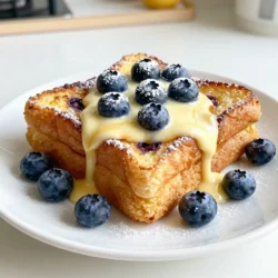 To make Lemon Blueberry Overnight French Toast, gather these simple ingredients: - 1 loaf of challah bread, cut into 1-inch cubes - 2 cups fresh blueberries - 4 large eggs - 2 cups whole milk - 1 cup Greek yogurt - 1/2 cup sugar - Zest of 1 lemon - 1/4 cup fresh lemon juice - 1 teaspoon vanilla extract - 1/2 teaspoon ground cinnamon - Pinch of salt - Butter (for greasing the baking dish) You can swap ingredients if needed: - Use brioche bread instead of challah for a different texture. - Almond milk can replace whole milk for a dairy-free option. - If you don’t have Greek yogurt, plain yogurt works fine. - For a lower-sugar option, use honey or maple syrup instead of sugar. - You can skip the eggs and use flaxseed meal mixed with water for a vegan version. Using fresh ingredients makes a big difference. Fresh blueberries add vibrant flavor and color. The zest from a real lemon brings bright notes to the dish. Old bread might not absorb the custard well. Always choose the best ingredients you can find. They make your French toast taste amazing and enjoyable! {{ingredient_image_1}} Start by gathering all your ingredients. In a large mixing bowl, whisk together four eggs, two cups of whole milk, one cup of Greek yogurt, and half a cup of sugar. Add the zest from one lemon and the juice from a fresh lemon. Mix in one teaspoon of vanilla extract, half a teaspoon of ground cinnamon, and a pinch of salt. Whisk until the mixture is smooth. Next, grease a 9x13-inch baking dish with butter to prevent sticking. Now, layer half of the challah bread cubes in the dish. Sprinkle half of the fresh blueberries over the bread. Pour half of your egg mixture over these layers. Repeat with the remaining bread, blueberries, and egg mixture. Use a spatula to gently press down the bread. This helps it soak up the custard. Cover the dish with plastic wrap and place it in the fridge. Let it soak overnight or for at least four hours. This step is key for a rich flavor and soft texture. When you're ready to bake, preheat your oven to 350°F (175°C). Remove the plastic wrap from your dish. Place it in the oven and bake for 45 to 50 minutes. You want the top to turn golden brown and the custard to set. The aroma will fill your kitchen, making everyone eager to eat. After baking, let the casserole sit for 5 to 10 minutes. This helps it firm up a bit, making it easier to cut. To serve, cut the casserole into squares. For a beautiful presentation, plate each square and top it with fresh blueberries. A sprinkle of powdered sugar adds a nice touch. Drizzle with maple syrup for extra sweetness. This dish not only tastes great but also looks stunning on your table. Enjoy this delightful treat with family or friends! To get the best texture in your Lemon Blueberry Overnight French Toast, use fresh challah bread. Challah has a soft, airy texture that soaks up the egg mixture well. Cut it into 1-inch cubes. This size helps with even soaking. Press the bread gently with a spatula after layering. This step ensures the custard mixture absorbs fully. A well-soaked bread gives you a rich and creamy bite. To boost the flavor, always use fresh blueberries. They burst with juice when baked. Add more lemon zest for a bright taste. A bit of vanilla extract complements the sweet notes. For a warm spice, increase the cinnamon slightly. If you want extra sweetness, drizzle maple syrup on top when serving. These small changes create a flavor punch that elevates your dish. Avoid using stale bread. It won’t soak up the custard right. Don’t skip the refrigeration step. This step is key for soft, moist bread. Make sure to cover the dish well. If not, the bread may dry out. Lastly, keep an eye on the baking time. Overbaking can lead to a dry texture. Aim for a golden top with a soft center for the best results. Pro Tips Use Day-Old Bread: For the best texture, use slightly stale challah bread. It absorbs the custard mixture better without getting too soggy. Add More Flavor: Consider adding a splash of almond extract to the custard mixture for an additional layer of flavor that pairs well with lemon and blueberries. Customize with Spices: Experiment with spices like nutmeg or cardamom for a different flavor profile that complements the lemon and blueberry beautifully. Serve with Toppings: Enhance your dish by serving it with whipped cream, a dollop of yogurt, or a berry compote for added sweetness and texture. {{image_2}} You can switch blueberries for other berries. Raspberries, strawberries, or blackberries work well. Each berry adds its unique taste. Mix and match to find your favorite combo. For example, use strawberries for a sweeter flavor. Raspberries will give a nice tartness. You can even use a mix of all three for a berry explosion! Want to kick it up a notch? Add more lemon zest or juice. This will enhance the lemon flavor. You can also add orange zest for a citrus twist. A bit of lime juice can add a fresh taste too. Try a splash of almond extract for a nutty note. These zesty flavors will brighten your dish! Challah is great, but you can try other breads too. Brioche gives a rich, buttery taste. Use whole grain bread for a healthier option. Sourdough adds a tangy touch. Gluten-free bread works if you need that option. Just ensure the bread is sturdy enough to soak up the custard. Each type of bread will change the dish's texture and flavor. After you enjoy your Lemon Blueberry Overnight French Toast, store any leftovers. Place them in an airtight container. Keep it in the fridge for up to three days. This way, the dish stays fresh and tasty. To reheat your French toast, preheat the oven to 350°F (175°C). Place the pieces on a baking sheet. Cover them with foil to keep moisture in. Heat for about 15 minutes or until warm throughout. You can also use a microwave. Heat a single portion on high for 30 seconds. Check if it's warm enough, and add more time if needed. You can freeze the casserole if you want to save it for later. Wrap it tightly in plastic wrap and then in foil. This prevents freezer burn. It can last for up to two months in the freezer. To enjoy it later, thaw it overnight in the fridge. Then, reheat as mentioned above. Freezing helps keep the flavors intact. Yes, you can. Use almond milk or oat milk instead of whole milk. Greek yogurt can be replaced with a dairy-free yogurt. This way, you keep the creaminess while making it dairy-free. You can leave it in the fridge for up to 24 hours. This gives the bread time to soak up the egg mixture. If you need to bake it sooner, at least four hours of soaking works too. This dish pairs well with maple syrup, whipped cream, or fresh fruit. You can also add a dusting of powdered sugar for a sweet touch. For a tangy twist, try serving it with lemon curd. This blog post highlighted key aspects of making Lemon Blueberry Overnight French Toast. We covered essential ingredients, easy steps, and useful tips to enhance your dish. Fresh ingredients matter for taste, while baking instructions ensure perfect results. You learned how to customize flavors and store leftovers safely. In closing, enjoy your cooking journey. Simple tweaks can make this recipe your own. Happy baking!