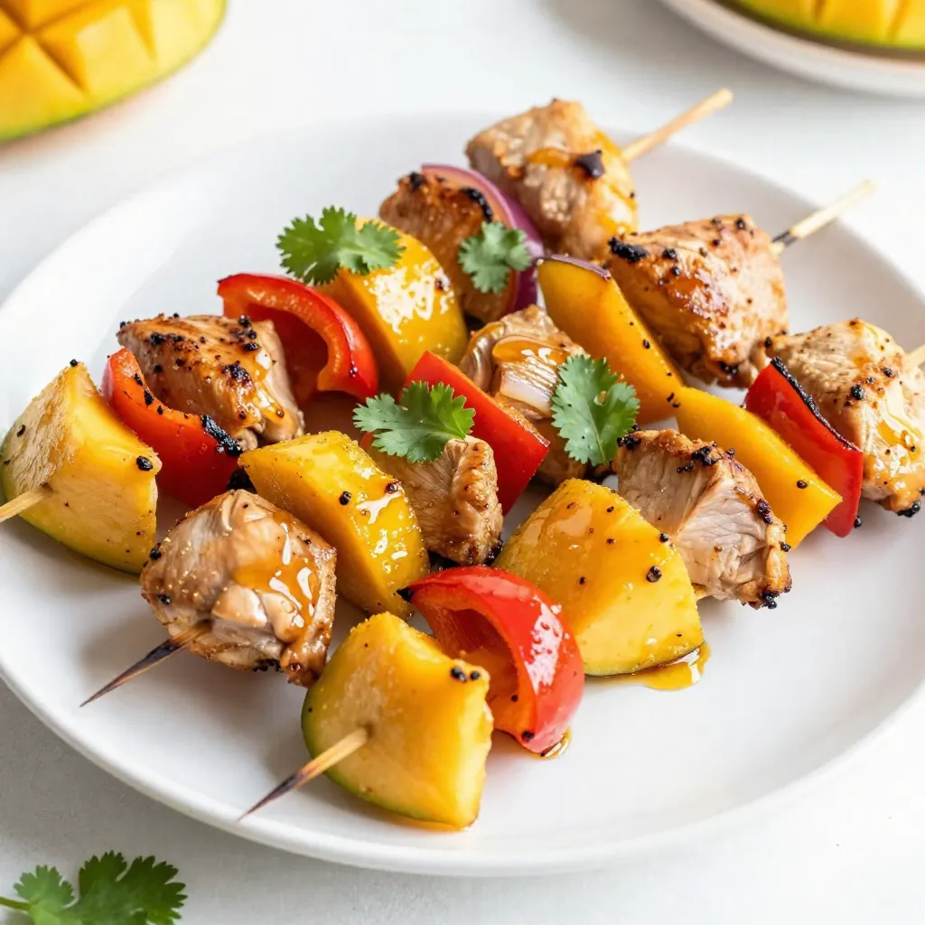 - 1 lb boneless chicken thighs, cut into 1-inch cubes - 1 ripe mango, diced - 1 red bell pepper, cut into 1-inch pieces - 1 small red onion, cut into wedges - 3 tablespoons olive oil - 2 tablespoons honey - 1 tablespoon soy sauce - 2 cloves garlic, minced - 1 teaspoon ginger, grated - 1 teaspoon cayenne pepper (adjust for spice preference) - Salt and pepper to taste - Fresh cilantro leaves for garnish - Additional vegetables for skewering Using high-quality ingredients elevates the dish. Start with fresh boneless chicken thighs for juicy meat. The ripe mango adds sweetness and a tropical touch. Red bell pepper brings crunch and color. Red onion adds a savory bite. For the marinade, use extra virgin olive oil for rich flavor. Honey balances the heat. Soy sauce adds umami. Fresh garlic and ginger provide depth. Adjust cayenne to your heat level. Don't skip the salt and pepper; they enhance all the flavors. Optional cilantro adds a fresh finish. You can also use other veggies like zucchini or mushrooms. The more colors, the more fun! Each ingredient plays a role, creating harmony in every bite. {{ingredient_image_1}} To start, we need to make the marinade. In a large bowl, combine these ingredients: - 3 tablespoons olive oil - 2 tablespoons honey - 1 tablespoon soy sauce - 2 cloves garlic, minced - 1 teaspoon ginger, grated - 1 teaspoon cayenne pepper - Salt and pepper to taste Mix these well to combine the flavors. Now, add 1 pound of boneless chicken thighs cut into 1-inch cubes. Use your hands or a spoon to coat the chicken pieces evenly. Cover the bowl and let it marinate for at least 30 minutes. If you have time, marinate overnight in the fridge for even more flavor. While the chicken marinates, it's time to prepare the skewers. You will need to soak wooden skewers in water for about 30 minutes to prevent burning. Then, take the marinated chicken and alternate threading it onto the skewers with these colorful veggies: - Diced ripe mango - Red bell pepper pieces - Red onion wedges This makes the skewers not only tasty but also visually appealing. Aim for a nice mix of colors to make each skewer pop. Next, preheat your grill or grill pan over medium-high heat. Once hot, place the skewers on the grill. Cook them for about 10 to 12 minutes. Turn them occasionally to make sure they cook evenly. You'll know they are done when the chicken reaches an internal temperature of 165°F (74°C) and has beautiful grill marks. After cooking, remove the skewers from the grill. Let them rest for a couple of minutes before serving. This helps keep the juices locked in and makes them even tastier. To get the best flavor from your spicy mango chicken skewers, marinate the chicken well. - Best Practices: Use a glass or plastic bowl for marinating. Avoid metal bowls as they can react with the marinade. - Time Suggestions: Aim for at least 30 minutes. For deeper flavor, marinate overnight in the fridge. You can cook these skewers in different ways. - Grilling vs. Baking: Grilling gives a smoky flavor and nice grill marks. Baking is easier if you don't have a grill. - Alternative Cooking Methods: You can use a stovetop grill pan or broiler. Adjust cooking time as needed. For the oven, bake at 400°F (200°C) for about 15-20 minutes. Make your skewers shine on the plate. - Pairing Ideas: Serve with rice, a fresh salad, or a tangy dipping sauce. Mango salsa pairs wonderfully! - Presentation Tips: Arrange skewers on a platter, and garnish with fresh cilantro. This adds color and freshness to your dish. Pro Tips Marinate Longer for More Flavor: For an even richer taste, let the chicken marinate overnight in the refrigerator. This allows the flavors to penetrate deeply, making each bite more delicious. Soak Skewers in Water: If using wooden skewers, soak them in water for at least 30 minutes before grilling. This prevents them from burning on the grill and helps keep your skewers intact. Mix and Match Veggies: Feel free to experiment with different vegetables like zucchini, cherry tomatoes, or mushrooms. This not only adds variety but also enhances the visual appeal of your skewers. Check Chicken Temperature: Always use a meat thermometer to ensure the chicken is cooked through. The internal temperature should reach 165°F (74°C) to guarantee safety and juiciness. {{image_2}} You can change the taste of your skewers by trying new spices or herbs. For a smoky flavor, add smoked paprika. If you want fresh notes, try adding basil or mint. You can also switch the mango for other fruits. Pineapple adds sweetness and tang. Peaches bring a lovely, juicy flavor. If you're on a keto diet, use chicken and avoid honey. Instead, use a sugar-free sweetener to keep it low-carb. For a vegetarian option, swap the chicken with firm tofu or tempeh. Marinate these options just like the chicken for great flavor. You can cook these skewers in different ways. For an oven-baked version, preheat your oven to 400°F (200°C). Place the skewers on a baking sheet and bake for 15-20 minutes. Turn them halfway for even cooking. If you prefer a stovetop option, use a skillet. Heat the skillet over medium-high heat and cook the skewers for about 10-12 minutes, turning often, until cooked through. To store leftover skewers, place them in an airtight container. This keeps them fresh longer. Make sure to cool the skewers to room temperature first. This prevents moisture buildup. For best taste, eat them within three days. To maintain freshness, wrap each skewer tightly with plastic wrap. This will help avoid drying out. You can also drizzle a bit of olive oil before storing. This adds flavor back when you reheat them. For freezing, first let the skewers cool completely. Then, wrap them in plastic wrap and then in aluminum foil. This double wrap protects them from freezer burn. You can also use a freezer bag, removing as much air as possible. To reheat, take the skewers out of the freezer. Let them thaw in the fridge overnight. When ready, heat them in the oven at 350°F (175°C) for about 15 minutes. This makes them warm and tasty again. In the fridge, the skewers last up to three days. In the freezer, they can stay good for about two months. Always check for any signs of spoilage before eating. If they look or smell off, it’s best to toss them. Keeping track of dates helps you enjoy your spicy mango chicken skewers at their best! You should marinate the chicken for at least 30 minutes. If you have time, marinate it overnight. This lets the flavors soak in deeper. The longer you marinate, the better the taste. Just remember to keep it in the fridge if you marinate overnight. Yes, you can use chicken breasts. However, chicken thighs have more fat. This makes them juicier and more flavorful. Chicken breasts may dry out faster on the grill. If you choose breasts, watch them closely while cooking. You can serve many sides with these skewers. Rice or quinoa works great. A fresh salad with lime dressing adds a nice touch. Grilled vegetables also pair well. For a fun twist, try serving them with a mango salsa. The sweet and spicy flavors will match perfectly! You learned how to make tasty mango chicken skewers. We covered the main ingredients, marinades, and cooking tips. You can give your dish a personal touch with flavors and dietary changes too. Don't forget to store leftovers properly to keep them fresh. With these steps, you can enjoy a fun and delicious meal. Get creative and try new variations. Happy cooking!