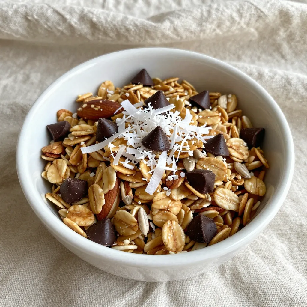 - 3 cups rolled oats - 1 cup unsweetened shredded coconut - 1/2 cup chopped almonds - 1/4 cup sunflower seeds - 1/4 cup honey or maple syrup - 1/4 cup melted coconut oil - 1 teaspoon vanilla extract - 1/2 teaspoon sea salt - 1/2 cup dark chocolate chips Gathering the right ingredients is key for great granola. First, I use rolled oats. They give a hearty base. Next, I add unsweetened shredded coconut. It brings a nice chew and tropical flavor. Chopped almonds add crunch and nutrients. Sunflower seeds offer a nutty taste and extra texture. For sweetness, I choose honey or maple syrup. Both work well to bind the granola. Melted coconut oil helps everything stick together. It also adds a light coconut flavor. Vanilla extract enhances all the tastes in the mix. Lastly, I sprinkle in sea salt. It balances the sweetness and makes flavors pop. Don't forget the dark chocolate chips! They melt slightly while baking. They add a delicious richness to the granola. This mix makes a perfect blend of taste and texture. It’s a joy to eat, whether for breakfast or a snack! {{ingredient_image_1}} 1. Preheat your oven to 350°F (175°C) and line a large baking sheet with parchment paper. This helps keep the granola from sticking. 2. In a large mixing bowl, combine: - 3 cups rolled oats - 1 cup unsweetened shredded coconut - 1/2 cup chopped almonds - 1/4 cup sunflower seeds Mix these dry ingredients well. They will form the base of your granola. 3. In a separate bowl, whisk together: - 1/4 cup honey or maple syrup - 1/4 cup melted coconut oil - 1 teaspoon vanilla extract - 1/2 teaspoon sea salt This mixture adds sweetness and flavor. Make sure it’s well combined. 4. Pour the wet mixture over the dry ingredients in the large bowl. Stir until all the dry ingredients are evenly coated. You want every oat and nut to soak in those tasty flavors. 5. Spread the granola mixture evenly on the prepared baking sheet. Press it down gently with a spatula to help it clump together. Clumping gives you those crunchy bits we all love. 6. Bake for 20-25 minutes, stirring halfway through. Keep a close eye to avoid burning. You want it golden brown, not dark. 7. Once baked, remove the granola from the oven. Let it cool completely on the baking sheet. The granola will harden as it cools, making it extra crunchy. 8. Once cool, stir in 1/2 cup dark chocolate chips until evenly distributed. This adds a rich chocolate flavor that pairs well with coconut. 9. Transfer the granola to an airtight container for storage. Enjoy it immediately with yogurt or milk for a tasty breakfast or snack! How to achieve clumping in granola To get those tasty clumps, you need to press the mixture down. After mixing the wet and dry ingredients, spread it on the baking sheet. Use a spatula to press it down gently. This helps your granola stick together. Tips for crispy vs. chewy granola For crispy granola, bake it longer. A golden brown color means it is ready. If you want a chewy texture, take it out sooner. Add the chocolate chips right after baking, and they won't melt too much. Adjusting sweetness to your preference You can change how sweet your granola is. If you like it sweeter, add more honey or maple syrup. Start with the recipe's amount and taste. Add more if needed. Remember, the chocolate chips add sweetness too! Pro Tips Use Fresh Ingredients: Make sure your oats, nuts, and coconut are fresh for the best flavor and texture in your granola. Customize Your Nuts: Feel free to swap almonds for your favorite nuts like walnuts or cashews to give the granola a unique twist. Watch the Baking Time: Keep a close eye on the granola while it's baking; it can go from golden brown to burnt in a matter of minutes. Store Properly: For maximum freshness, store your granola in an airtight container at room temperature, and it will last for up to two weeks. {{image_2}} You can easily change this granola to fit your taste. Here are some fun ideas: - Adding different nuts or seeds: You can swap out almonds for walnuts or pecans. Sunflower seeds can be replaced with pumpkin seeds for a new twist. Each nut or seed adds a unique flavor and crunch. - Substitute honey with agave or other sweeteners: If you prefer a vegan option, use agave syrup instead of honey. Maple syrup also works great for a rich taste. Just remember to adjust the amount to match your sweetness level. - Incorporating dried fruits for added texture: Dried fruits like cranberries, raisins, or apricots add chewiness. Toss them in after baking for the best texture. This way, you mix sweet and crunchy in each bite. These easy swaps let you create a granola that feels like your own. Enjoy experimenting! How do you store granola for freshness? I recommend using an airtight container. This keeps out air and moisture. You want your granola to stay crunchy and tasty. What kind of container should you use? A glass jar or a plastic bin works well. Just make sure it seals tightly. What is the shelf life of homemade granola? If stored correctly, it lasts about two weeks at room temperature. For longer storage, you can freeze it. How can you freeze granola? Place it in a freezer-safe bag or container. Make sure to remove all the air before sealing. It will stay good for up to three months. When you are ready to eat, just let it thaw. You can enjoy it on yogurt or with milk. Can I make this granola vegan? Yes, you can make this granola vegan. Just replace honey with maple syrup. Both sweeteners work great and keep it tasty. How do I adjust the recipe for allergies? To adjust for allergies, swap out any nuts or seeds. You can use pumpkin seeds or even puffed rice. Always check labels to avoid allergens. What are some serving suggestions for the granola? You can enjoy granola in many ways. Serve it with yogurt, milk, or a smoothie. It also works well as a topping on oatmeal or fresh fruit. Where can I buy pre-made coconut chocolate chip granola? You can find pre-made versions at grocery stores or online. Look in the health food aisle or check specialty stores. Just read the ingredients to ensure it fits your needs. You learned how to make coconut chocolate chip granola step by step. We covered the key ingredients, from rolled oats to dark chocolate chips. You can adjust the recipe to fit your taste with different nuts, seeds, and sweeteners. Proper storage keeps your granola fresh longer. Remember, you can always tailor the recipe for allergies or to make it vegan. Best of all, you now have tips to create chewy or crispy granola. Enjoy making this delicious snack that suits your needs!