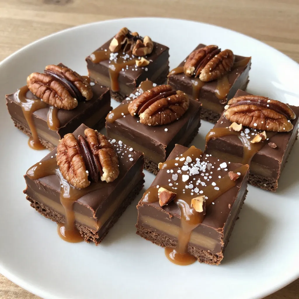 To create the best Chocolate Caramel Turtle Fudge, you need just a few key ingredients. Each one plays a big role in making this treat rich and tasty. Here’s what you will need: - 2 cups semi-sweet chocolate chips - 1 cup sweetened condensed milk - 1 cup chopped pecans - 1 cup caramel sauce - 1 teaspoon vanilla extract - Sea salt for sprinkling Using high-quality semi-sweet chocolate chips gives this fudge a deep, rich flavor. Sweetened condensed milk adds creaminess and sweetness, which balances the chocolate. Chopped pecans give a nice crunch and nutty taste. Caramel sauce brings a gooey, sweet element that makes this fudge truly special. A touch of vanilla extract enhances all the flavors. Finally, a sprinkle of sea salt at the end brightens the taste and adds a hint of contrast. These ingredients come together to create a dessert that is not only delicious but also fun to make. You’ll love the way they blend and transform into a creamy, dreamy fudge that everyone will enjoy. {{ingredient_image_1}} Start by preparing your baking dish. Use an 8-inch square dish. First, line it with parchment paper. Let some paper hang over the sides. This helps with easy removal later. After that, lightly grease the paper with cooking spray. This step ensures the fudge comes out smoothly. Next, melt the chocolate mixture. In a medium saucepan, combine 2 cups of semi-sweet chocolate chips and 1 cup of sweetened condensed milk. Place the pan over low heat. Stir constantly as the mixture heats. This helps the chocolate melt evenly. You want a smooth and creamy texture. Remove the pan from heat and stir in 1 teaspoon of vanilla extract. This adds flavor and richness to your fudge. Now it’s time to layer the fudge. Pour half of the chocolate mixture into the prepared baking dish. Spread it evenly across the bottom. Then, drizzle half of the caramel sauce over this layer. Next, sprinkle ½ cup of chopped pecans on top. This adds a nice crunch. Pour the remaining chocolate mixture over the caramel and nuts. Spread it evenly to cover everything. Finish by drizzling the rest of the caramel sauce on top. Sprinkle the remaining ½ cup of pecans over this layer. Place the baking dish in the refrigerator. Let it chill for at least 2 hours. This allows the fudge to set properly. Once set, remove the fudge from the dish using the parchment paper. Cut it into squares. For a special touch, sprinkle a small pinch of sea salt on each piece. This enhances the sweet and salty flavor. Enjoy your delicious chocolate caramel turtle fudge! To make great chocolate caramel turtle fudge, low heat is key. High heat can burn the chocolate and ruin the taste. Always start on low heat when melting the chocolate chips and sweetened condensed milk. Stirring is just as important. Use a silicone spatula or wooden spoon. Stir constantly until the mixture is smooth and creamy. This technique helps prevent any burning. If you notice any lumps, keep stirring! To make your fudge even more special, think about extra toppings. You can add a sprinkle of sea salt on top for a nice contrast. Try drizzling more caramel sauce over the top before serving. This not only looks beautiful but also adds more flavor. For serving style, cut the fudge into neat squares. Use a decorative platter to show them off. You can place chopped pecans around the fudge for extra decoration. This will make your fudge look fancy and tasty! Pro Tips Use Quality Chocolate: The better the chocolate, the richer the fudge. Opt for high-quality semi-sweet chocolate chips for the best flavor. Chill for Perfect Texture: Allow the fudge to chill in the refrigerator for at least 2 hours. This ensures a nice, firm texture that holds its shape when cut. Customize the Nuts: While pecans are traditional, feel free to substitute with walnuts or even almonds for a different flavor profile. Store Properly: Keep any leftover fudge in an airtight container in the refrigerator to maintain its freshness and prevent it from getting too soft. {{image_2}} You can easily switch out pecans for other nuts. Walnuts or almonds work great. Walnuts have a rich flavor, while almonds add a nice crunch. Just chop them up like you would with pecans. This lets you play with different tastes and textures. Try different nuts to find your favorite mix. Adding extra flavors can make your fudge even more special. Sea salt caramel gives a sweet and salty twist. You can also use flavored extracts like almond or mint. Just a few drops can change the whole taste. Experiment with these additions to create a fudge that stands out. If you need a gluten-free or dairy-free option, you can still enjoy this fudge. Use gluten-free chocolate chips and coconut milk instead of condensed milk. Look for dairy-free caramel sauce to keep it creamy. These changes allow everyone to enjoy a tasty treat without worry. To keep your chocolate caramel turtle fudge fresh, use an airtight container. Glass or plastic containers work well. Avoid metal containers, as they can react with the fudge. Store the fudge in the refrigerator. It will stay fresh for about two weeks. If you want to keep it longer, consider freezing it. To freeze your fudge, first, let it cool completely. Cut it into squares. Wrap each piece tightly in plastic wrap. Place the wrapped fudge in a freezer-safe bag. This helps prevent freezer burn. When you want to enjoy your fudge again, take it out and let it thaw in the fridge. Avoid thawing at room temperature, as this can change the texture. Enjoy your delicious treat whenever you want! Yes, you can use different chocolates for this fudge. Semi-sweet chocolate works best, but dark chocolate can add depth. If you prefer milk chocolate, it will make the fudge sweeter and creamier. White chocolate offers a rich, sweet flavor too. Just remember to adjust the sweetness if you switch types. Each chocolate gives a unique taste, so feel free to experiment! This fudge can last up to two weeks when stored well. Keep it in an airtight container at room temperature. For longer freshness, store it in the fridge. If you want to keep it for months, you can freeze the fudge. Just wrap it tightly in plastic wrap and then in foil. When you're ready to enjoy it, let it thaw in the fridge overnight. Absolutely! If you want a nut-free fudge, just skip the pecans. You can replace them with crispy rice cereal for some crunch. Alternatively, try adding more caramel or even some flaky sea salt on top. This way, you still get a tasty treat without the nuts. This fudge recipe blends sweet and salty flavors perfectly. You learned about the key ingredients, step-by-step instructions, and helpful tips. I shared ways to customize this treat for dietary needs or flavor preferences. Remember, smooth texture is key, and don't rush the melting process. Store your fudge correctly for lasting freshness. Enjoy this sweet delight with friends and family, and feel free to experiment with your favorite toppings. Every bite will be a treat you love!