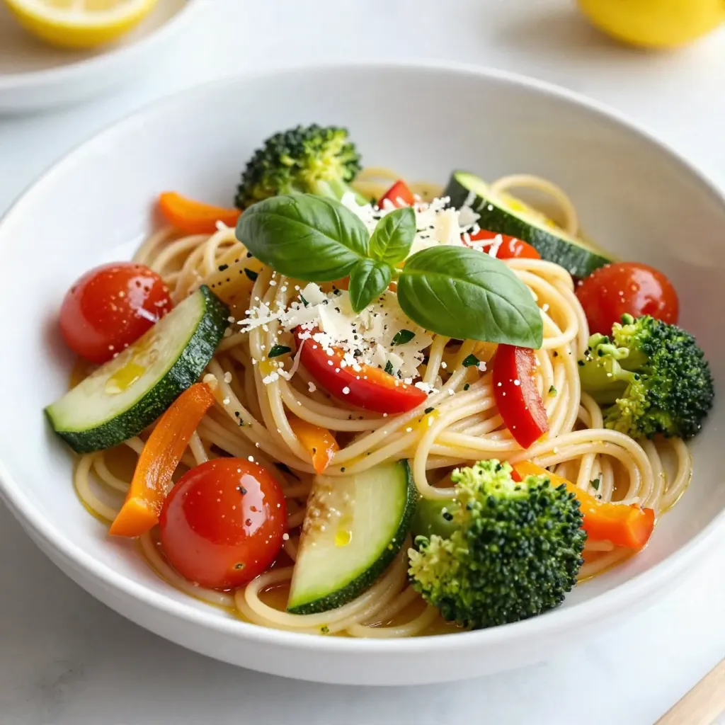 To make Lemon Basil Pasta Primavera, you will need: - 8 oz whole wheat spaghetti - 1 cup cherry tomatoes, halved - 1 zucchini, sliced - 1 bell pepper (any color), chopped - 1 cup broccoli florets - 2 cloves garlic, minced - 1/4 cup fresh basil leaves, chopped - 1/4 cup grated Parmesan cheese (optional) - 2 tablespoons olive oil - 1 tablespoon lemon zest - 2 tablespoons lemon juice - Salt and pepper to taste These ingredients create a fresh and colorful dish that's full of flavor. You can swap ingredients to fit your taste or what's in your kitchen. Here are some ideas: - Pasta: Use gluten-free pasta or any pasta shape you like. - Vegetables: Try asparagus, carrots, or snap peas instead of zucchini or bell pepper. - Cheese: Use nutritional yeast for a vegan option in place of Parmesan. - Olive Oil: Substitute with avocado oil or melted coconut oil. - Lemon Juice: Lime juice can work if you want a twist. Feel free to mix and match based on what you enjoy. This dish packs a nutritious punch. Here’s a rough breakdown per serving: - Calories: About 350 - Protein: 12g - Carbohydrates: 52g - Fat: 10g - Fiber: 6g - Vitamin C: High, thanks to the veggies and lemon. - Calcium: Moderate, especially if you add cheese. This meal is not only tasty but also good for you. It’s perfect for a light lunch or dinner. {{ingredient_image_1}} Start by bringing a large pot of salted water to a boil. Add 8 ounces of whole wheat spaghetti. Cook it according to the package instructions until it is al dente. This usually takes about 8-10 minutes. When done, reserve 1/2 cup of the pasta water. Drain the pasta in a colander and set it aside. Next, grab a large skillet and heat 2 tablespoons of olive oil over medium heat. Once hot, add 2 cloves of minced garlic. Sauté the garlic for about 1 minute. It should smell great! Now, add 1 cup of halved cherry tomatoes, 1 sliced zucchini, 1 chopped bell pepper, and 1 cup of broccoli florets. Stir and cook these veggies for about 5-7 minutes. They should be tender but still bright in color. Now it's time to bring everything together. Add the drained spaghetti to the skillet with the vegetables. Pour in the reserved pasta water, along with 1 tablespoon of lemon zest and 2 tablespoons of lemon juice. Toss everything together until it is well mixed. Next, stir in 1/4 cup of chopped fresh basil. Season with salt and pepper to taste. If you want, sprinkle on 1/4 cup of grated Parmesan cheese and toss again. Your dish is ready to serve! To cook great pasta, start with a large pot. Fill it with water and salt it well. Bring the water to a boil before adding the whole wheat spaghetti. This helps the pasta cook evenly. Follow the package instructions and cook until it is al dente. Remember to reserve some pasta water before draining. This starchy water helps bind the sauce later. Fresh herbs make a big difference in this dish. Add minced garlic to hot olive oil for a fragrant base. Toss in chopped basil right before serving. The heat will wake up its flavor. You can also add a pinch of crushed red pepper for a hint of spice. Lemon zest and juice brighten the dish, making it fresh and zesty. Serving is just as important as cooking. Use bright, shallow bowls for a fun look. Add a sprinkle of Parmesan cheese on top for a touch of elegance. Garnish with extra basil leaves to show off the fresh ingredients. For added color, toss in a few whole cherry tomatoes. This will make your Lemon Basil Pasta Primavera pop! Pro Tips Fresh Ingredients: Use the freshest vegetables you can find for the best flavor and nutrition. Seasonal produce will enhance your dish significantly. Al Dente Pasta: Cook your pasta until just al dente to maintain a firm texture. This helps it hold up better when mixed with the sautéed vegetables. Reserve Pasta Water: Don't forget to reserve some pasta water before draining! It’s a great way to adjust the sauce's consistency if needed. Serving Temperature: Let the dish cool slightly before serving. This helps the flavors meld together and improves the overall taste experience. {{image_2}} You can add protein to Lemon Basil Pasta Primavera easily. Chicken or shrimp work well. Simply grill or sauté them before adding to the dish. For a plant-based option, use tofu. Just cube the tofu and sauté it until golden. This adds more flavor and makes your meal heartier. Feel free to switch up your veggies! Use seasonal ingredients for the best taste. Try asparagus in spring, or butternut squash in fall. You can also add spinach or kale for extra greens. The beauty of this dish is its flexibility. You can get creative while keeping it fresh and colorful. If you need a gluten-free version, swap the whole wheat spaghetti for gluten-free pasta. There are many great options out there. For a vegan dish, skip the Parmesan cheese. Use nutritional yeast for a cheesy flavor without dairy. These changes keep the dish tasty while meeting your dietary needs. To keep your Lemon Basil Pasta Primavera fresh, store it in an airtight container. Place the pasta in the fridge within two hours of cooking. It will stay good for about three to four days. Always let the pasta cool before sealing it in the container. This helps avoid condensation, which can make the pasta soggy. If you want to save some for later, you can freeze it. First, make sure the pasta is completely cool. Then, divide it into smaller portions. Use freezer-safe bags or containers for storage. Squeeze out any air in bags to prevent freezer burn. It can last up to three months in the freezer. Just remember to label the bags with the date! When you’re ready to enjoy your leftovers, there are a few easy ways to reheat them. - Microwave: Place the pasta in a microwave-safe bowl. Add a splash of water to keep it moist. Cover with a lid or microwave-safe wrap. Heat in one-minute intervals, stirring in between. - Stovetop: Heat a pan over medium-low heat. Add the pasta and a little olive oil. Stir gently until warmed through. - Oven: Preheat the oven to 350°F (175°C). Place the pasta in a baking dish, cover with foil, and heat for about 15-20 minutes. Make sure the pasta is heated all the way through before serving! You can easily make Lemon Basil Pasta Primavera vegetarian. The base of this dish is already plant-based. Just skip the optional Parmesan cheese or use a vegan version. You can add more vegetables, like carrots or spinach, for extra flavor and nutrients. The key is to keep the vibrant colors and fresh taste. Yes, you can use dried herbs, but fresh basil shines in this dish. Dried herbs are more potent, so use less. About one teaspoon of dried basil equals one tablespoon of fresh. If you use dried basil, add it earlier when cooking the vegetables. It will help release its flavor. Lemon Basil Pasta Primavera pairs well with many sides. A simple green salad with lemon vinaigrette complements its flavors. You could also serve garlic bread for a classic touch. For protein, grilled chicken or shrimp works nicely. These options add variety and make the meal more filling. This guide covered every step to make Lemon Basil Pasta Primavera. You learned about ingredients, cooking methods, and even tips for perfect pasta. I shared ways to customize the dish with protein and veggies. Storing and reheating leftovers helps keep your meals fresh. In summary, this dish is easy and adaptable for various diets. Enjoy experimenting with flavors and presentations to make it your own. Cooking can be fun, and I hope this inspires your next meal.