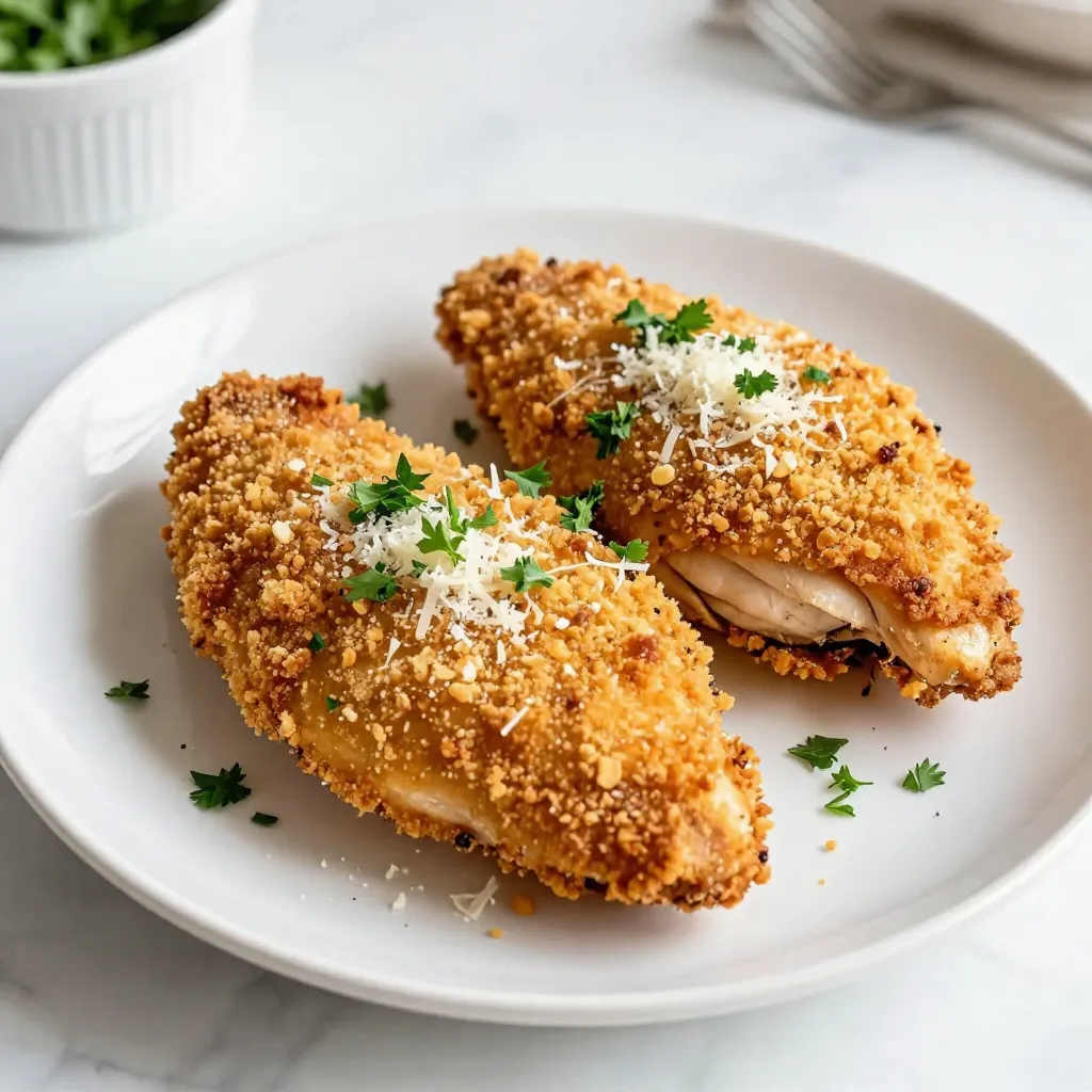 To make Baked Parmesan Crusted Chicken, you need the right ingredients. Here’s what you will need: - 4 boneless, skinless chicken breasts - 1 cup grated Parmesan cheese - 1 cup breadcrumbs (preferably panko for extra crunch) - 2 teaspoons garlic powder - 1 teaspoon Italian seasoning - 1/2 teaspoon salt - 1/2 teaspoon black pepper - 2 large eggs - 1 tablespoon Dijon mustard - 2 tablespoons olive oil - Fresh parsley, chopped (for garnish) These ingredients come together to create a meal that is both simple and tasty. The chicken breasts are the star of the dish. They are lean and easy to cook. Parmesan cheese adds a rich, salty flavor. Breadcrumbs create a crunchy crust when baked. Garlic powder and Italian seasoning add an extra kick. Use fresh eggs to help the coating stick well. Dijon mustard adds a nice depth of flavor. Finally, olive oil ensures a golden-brown finish. The chopped parsley is the perfect garnish. It adds color and a fresh touch. Gather these ingredients before you start cooking. Having everything ready makes the process smooth and fun. {{ingredient_image_1}} First, preheat your oven to 400°F (200°C). This step is key for a crispy crust. While the oven heats, get your baking sheet ready. Line it with parchment paper or lightly grease it with olive oil. This helps prevent sticking and makes cleanup easy. In a medium bowl, combine the grated Parmesan cheese, breadcrumbs, garlic powder, Italian seasoning, salt, and black pepper. Mix these dry ingredients well. This blend adds flavor and crunch to the chicken. Use your hands or a spoon to ensure everything is evenly mixed. In another bowl, whisk together two large eggs and one tablespoon of Dijon mustard. Whisk until the mixture is smooth. This egg wash helps the breadcrumbs stick to the chicken. It also adds a nice flavor to the crust. Take each boneless, skinless chicken breast and dip it into the egg mixture. Let any extra egg drip off. Next, coat the chicken in the Parmesan breadcrumb mixture. Press down gently to make sure the crumbs stick well. This step is important for getting that crunchy crust. Place the coated chicken breasts onto the prepared baking sheet. Drizzle a little olive oil over the top of each piece. This helps with browning and adds flavor. Bake in the preheated oven for 25-30 minutes. The chicken should reach an internal temperature of 165°F (75°C) and look golden brown. Once baked, remove the chicken from the oven and let it rest for 5 minutes. This helps keep the juices inside. Before serving, garnish with chopped fresh parsley. It adds a pop of color and a fresh taste that balances the rich flavors of the chicken. For this recipe, I recommend using boneless, skinless chicken breasts. They cook evenly and stay juicy. You can also use thighs for more flavor. Just remember, thighs take a bit longer to bake. Always look for fresh chicken that feels firm. If frozen, thaw it completely before cooking. I love using panko breadcrumbs for this dish. They make the crust light and crispy. If you can’t find panko, regular breadcrumbs work too. You can even make your own by grinding stale bread. Just toast it lightly first. The key is to have a nice crunch. While the base seasonings are great, feel free to get creative. Adding a pinch of paprika gives a nice kick. A bit of onion powder can add depth. You could also sprinkle in some crushed red pepper for heat. Don’t shy away from mixing herbs like thyme or oregano for extra flavor. To achieve that golden, crispy crust, make sure to press the crumbs well onto the chicken. A drizzle of olive oil on top helps with browning. Bake at the right temperature, 400°F (200°C), for best results. If you want an extra crunch, broil for the last few minutes of baking. Just watch it closely to avoid burning. Pro Tips Use Fresh Parmesan: For the best flavor and texture, opt for freshly grated Parmesan cheese instead of pre-packaged options. Double-Dip for Extra Crunch: For an even crunchier crust, dip the chicken in the egg mixture and then back into the breadcrumb mixture before baking. Let It Rest: Allowing the chicken to rest for a few minutes after baking helps the juices redistribute, keeping the meat moist and flavorful. Customize Your Seasonings: Feel free to add your favorite herbs and spices to the breadcrumb mixture for a personalized touch to the flavor profile. {{image_2}} Want to add heat? Use cayenne pepper or red pepper flakes. Just mix one teaspoon into the breadcrumb mix. It gives the chicken a nice kick. You can also marinate the chicken in hot sauce before coating. This adds flavor and spice right to the meat. For a fresh taste, add herbs to the breadcrumb mix. Try mixing in one tablespoon of chopped fresh basil or thyme. You can also use dried herbs if fresh ones aren’t available. This gives the chicken a fragrant aroma and a burst of flavor with each bite. If you need a gluten-free dish, swap the breadcrumbs for gluten-free ones. Almond flour works well, too. Just remember to check the labels for hidden gluten. You can still enjoy the crispy crust without the gluten, and the taste remains delicious. You can store leftover Baked Parmesan Crusted Chicken in the fridge. Make sure to cool it first. Place the chicken in an airtight container. It will stay fresh for up to three days. When you want to eat it again, just take it out of the fridge. If you want to keep it longer, freezing works well. Wrap each piece of chicken in plastic wrap. Then, place the wrapped chicken in a freezer bag. This way, it can last for up to three months. When you're ready to eat it, thaw it in the fridge overnight. To reheat, you can use the oven. Preheat it to 350°F (175°C). Place the chicken on a baking sheet. Cover it with foil to keep it moist. Heat for about 15 to 20 minutes. You can also use a microwave if you're short on time. Just heat for 1-2 minutes. Check to make sure it's hot all the way through. Bake the chicken for 25 to 30 minutes. It should reach 165°F inside. Check the crust; it should be golden brown. The time may change based on your oven. Yes, you can use different cheeses. Try mozzarella or cheddar for a twist. Each cheese gives its own flavor and texture. Just make sure it melts well. Yes, this recipe works great for meal prep. You can make it ahead and store it. Cook the chicken, let it cool, and place it in containers. It stays good in the fridge for up to four days. Serve this chicken with many sides. Some good options are: - Steamed vegetables - Rice or quinoa - A fresh salad - Mashed potatoes These sides balance the meal and add color to your plate. This guide covered the essential steps for making Baked Parmesan Crusted Chicken. We discussed key ingredients like chicken breasts and Parmesan cheese, plus tips for a great crust. You learned how to prepare, bake, and serve your chicken perfectly. Remember to explore fun variations, like spicy or gluten-free options. Storing and reheating tips will help keep leftovers tasty. You now have the tools to create a delicious meal anytime. Enjoy getting creative with your cooking!