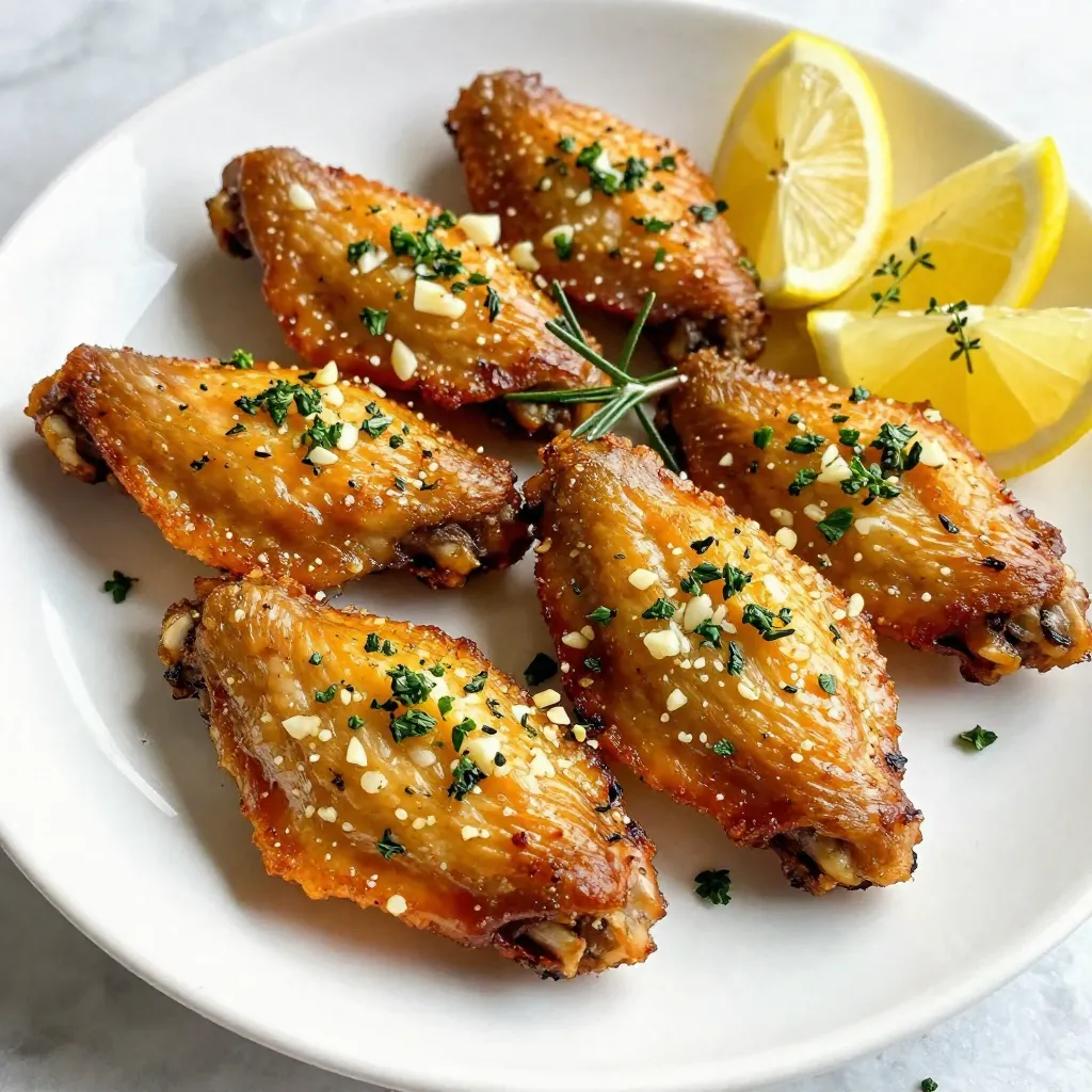 Here are the ingredients you need for Garlic Herb Roasted Chicken Wings. Gather these items: - 2 lbs chicken wings, cleaned and dried - 4 cloves garlic, minced - 1 tablespoon fresh rosemary, finely chopped - 1 tablespoon fresh thyme, finely chopped - 1 tablespoon fresh parsley, finely chopped - 1/4 cup olive oil - 1 teaspoon lemon zest - Salt and pepper to taste - 1/2 teaspoon red pepper flakes (optional for heat) Each of these ingredients plays a key role in creating a burst of flavor. The chicken wings provide a juicy base. The garlic adds a strong and aromatic kick. Fresh herbs like rosemary, thyme, and parsley bring depth and brightness to the dish. Olive oil helps to bind the flavors while adding richness. Lemon zest lifts the taste with a hint of citrus. The salt, pepper, and red pepper flakes enhance and balance all the flavors. When you combine these ingredients, you create a delightful mix that makes your wings irresistible. Make sure to use fresh herbs for the best taste. You can adjust the red pepper flakes for heat based on your preference. This simple list of ingredients can transform your wings into a flavorful delight. Happy cooking! {{ingredient_image_1}} - Preheat your oven to 425°F (220°C). - Line a baking sheet with parchment paper or aluminum foil. This makes cleanup easy. - In a large bowl, combine 4 cloves of minced garlic, 1 tablespoon of chopped rosemary, 1 tablespoon of chopped thyme, and 1 tablespoon of chopped parsley. - Add 1/4 cup of olive oil, 1 teaspoon of lemon zest, salt, pepper, and red pepper flakes if you like heat. - Mix it all to create a thick paste. - Take 2 lbs of cleaned chicken wings and toss them in the garlic herb mixture. - Make sure every wing gets a good coat of the paste. - Arrange the wings in a single layer on your baking sheet. - Roast in the oven for 40-45 minutes. Turn them halfway for even cooking. - Look for a golden brown color and crispy texture. Enjoy the smell while they cook! To get crispy chicken wings, start with dry wings. Pat them with paper towels to remove moisture. This helps them become crispy in the oven. Space the wings out on the baking sheet. This allows hot air to flow around them. For even cooking, use a wire rack. Place it on the baking sheet before adding the wings. This lets fat drip away. For better results, use a heavy-duty baking sheet. Avoid thin sheets, as they can warp in high heat. An oven thermometer can also help. It ensures your oven is at the right temperature. These garlic herb roasted chicken wings pair well with fresh veggies. Serve them with carrot and celery sticks. You can also add a tasty dip like ranch or blue cheese. For a bright look, place the wings on a large platter. Garnish with fresh herbs and lemon wedges. This adds color and makes the dish more appealing. Enjoy the wings with a side of crispy fries or a fresh salad for a full meal. Pro Tips Use Fresh Herbs: Fresh herbs provide a more vibrant flavor compared to dried ones. If possible, opt for fresh rosemary, thyme, and parsley for the best results. Pat Dry for Crispiness: Ensure the chicken wings are thoroughly dried before coating them with the herb mixture. This will help achieve a crispy skin when roasted. Space Them Out: Give the wings enough space on the baking sheet to allow for proper air circulation. This prevents them from steaming and helps them stay crispy. Rest Before Serving: Allow the wings to rest for a few minutes after roasting. This helps the juices redistribute, ensuring tender and juicy meat. {{image_2}} If you love heat, try adding more red pepper flakes. Start with a full teaspoon instead of half. You can also splash in some hot sauce for extra kick. This twist brings great flavor and warmth to your wings. Remember, you can always adjust the spice to your liking! You can switch up the herbs if you don’t have fresh ones. For rosemary, try dried oregano. Instead of thyme, use tarragon or sage. If you want to swap parsley, consider cilantro or chives. Using dried herbs? They are stronger, so use less than fresh. A general rule is to use one-third of the amount. This way, your wings still taste amazing! To keep your garlic herb roasted chicken wings fresh, follow these steps: - Allow the wings to cool completely. - Place them in an airtight container. - Store them in the fridge for up to three days. - If you want to keep them longer, consider freezing. - For freezing, use freezer bags and remove as much air as possible. - Label the bags with the date for easy tracking. Reheating chicken wings can be tricky. You want to keep them crispy. Here are some methods: - Oven: Preheat your oven to 350°F (175°C). Place wings on a baking sheet. Bake for about 10-15 minutes. This method helps them stay crispy. - Air Fryer: Set your air fryer to 350°F (175°C). Cook for 5-7 minutes. This gives a nice crunch. - Microwave: If you're in a hurry, use the microwave. Place wings on a microwave-safe plate. Heat in short bursts of 30 seconds. This method may make them soggy, so it's not the best option. For all methods, check the wings to ensure they are heated through. Enjoy your tasty leftovers! You should cook chicken wings in the oven for about 40-45 minutes. Preheat your oven to 425°F (220°C). This high heat helps the wings get crispy and golden. Make sure to turn them halfway through cooking for even browning. Yes, you can prepare the wings ahead of time. Marinate them in the garlic herb mixture up to 24 hours before cooking. Just keep them in the fridge. When you're ready to cook, take them out and let them sit at room temperature for 15 minutes before roasting. Several sides go great with garlic herb roasted chicken wings. Here are some ideas: - Crispy coleslaw adds a crunchy texture. - Garlic bread complements the flavor of the wings. - Potato wedges offer a hearty side. - A fresh garden salad brings a light touch. - Serve with a cold beverage like beer or lemonade for a perfect match. You’ve learned how to make delicious garlic herb roasted chicken wings. We covered the ingredients, step-by-step instructions, and tips for crispy results. I shared storage tips and how to reheat wings without losing flavor. Remember, you can customize these wings with different herbs or spice levels. Enjoy your tasty wings with great sides and dips for a perfect meal. Cooking can be fun, and these wings are a great way to impress. Happy cooking!
