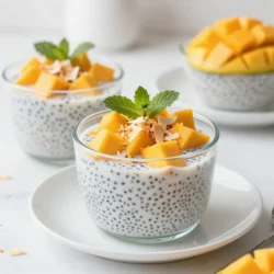 - 1 cup coconut milk (full-fat for creaminess) - 1/4 cup chia seeds - 2 tablespoons maple syrup (or honey) - 1 teaspoon vanilla extract - 1 ripe mango, diced - Optional toppings: Fresh mint leaves, toasted coconut flakes Coconut milk gives the pudding a rich and creamy base. I always choose full-fat coconut milk for the best flavor. It creates a smooth texture that blends perfectly with the other ingredients. Chia seeds are the magic ingredient here. They soak up the liquid and expand, creating that pudding-like consistency. I like to use 1/4 cup of chia seeds for the right thickness. For sweetness, I add 2 tablespoons of maple syrup or honey. Both work well, but maple syrup adds a nice, warm flavor. You can adjust the amount based on your taste. Vanilla extract brings a lovely aroma and depth to the pudding. Just one teaspoon does the trick. The star of this dish is the diced mango. One ripe mango adds a burst of flavor and color. I find that ripe mangoes are sweeter and more fragrant, making them perfect for this treat. For added flair, I often use optional toppings. Fresh mint leaves add a touch of green and freshness. Toasted coconut flakes give a nice crunch and extra coconut flavor. Gather these ingredients, and you're ready to make your delightful mango coconut chia pudding! {{ingredient_image_1}} To start, grab a mixing bowl. You will need to whisk together the coconut milk, chia seeds, maple syrup, and vanilla extract. Whisk until everything blends nicely. This step takes about two minutes. After mixing, let the mixture sit for five minutes. This helps the chia seeds absorb the liquid. Then, whisk it again to break up any clumps. This step is key for a smooth pudding. Now, cover the bowl with plastic wrap. Place it in the refrigerator for at least two hours, or overnight for the best results. During this time, the chia seeds will expand. This will give your pudding a thick and creamy texture. Once your pudding sets, it’s time to serve. Give it a good stir to make it creamy again. Next, divide the pudding into serving bowls or glasses. Now, it's time to add the star of the show: the mango! Top each serving with diced mango. This adds a nice burst of flavor and color. For an extra touch, you can garnish with fresh mint leaves. You can also sprinkle on toasted coconut flakes for added crunch. These small details make your pudding look beautiful and taste even better. To make your pudding great, keep these tips in mind. - Preventing chia seed clumping: After mixing the ingredients, let the mix sit for 5 minutes. Then, whisk it again. This step helps separate the chia seeds. Clumping can make your pudding less smooth. - Achieving the right consistency: Chill the pudding for at least 2 hours, or overnight. This time allows the chia seeds to soak up the liquid. When done, the pudding should be thick and creamy. If it’s too thick, add a splash of coconut milk to adjust. To impress your guests, presentation matters. - Serving in clear glasses: Use clear glasses or jars. This way, you can show off the layers of mango and pudding. It makes the dish look more inviting. - Layering techniques for visual appeal: For a stunning look, layer the pudding and mango. Start with pudding at the bottom, then add diced mango. Repeat this for a beautiful effect. Garnish with mint leaves and toasted coconut flakes for extra flair. Pro Tips Chia Seed Soaking: Ensure to let the chia seeds soak long enough for a creamy texture; overnight is ideal. Mango Selection: Choose a ripe mango for sweetness and optimal flavor; it should yield slightly to pressure when ripe. Presentation Matters: Use clear glasses or jars to beautifully display the layers of chia pudding and mango for an appealing presentation. Flavor Variations: Experiment with different fruits like pineapple or berries, or add a pinch of cinnamon for added depth of flavor. {{image_2}} You can easily adapt this recipe to fit different diets. If you want a vegan option, use maple syrup instead of honey. Maple syrup is plant-based and adds a nice sweetness. For those who need gluten-free options, rejoice! All the ingredients in this pudding are gluten-free. Coconut milk, chia seeds, and fruit are all safe. So, you can enjoy this treat without any worry. To make your mango coconut chia pudding even more fun, think about adding other fruits. Sliced strawberries, blueberries, or kiwi can add color and flavor. You can mix and match your favorites. You can also incorporate spices or extracts for a twist. A pinch of cinnamon or nutmeg can warm up the flavor. Vanilla extract adds a nice touch too. If you want a tropical vibe, try adding a little coconut extract. This will boost the coconut taste and make it extra special. To keep your mango coconut chia pudding fresh, refrigerate it right away. After making it, place the pudding in an airtight container. This helps keep it cool and prevents odors from other foods. When you prepare toppings, store them separately. This keeps the pudding's texture nice and fresh. If you add toppings like mango or toasted coconut too early, they can get soggy. Adding them just before serving makes a big difference. Your chia pudding will last about 3 to 5 days in the fridge. Always check it before eating. If it smells off or has a strange color, throw it away. Also, watch for changes in texture. If it looks watery or clumpy, those are signs it has gone bad. Enjoy your pudding while it’s fresh for the best taste! What can I substitute for coconut milk? You can use almond milk, oat milk, or cashew milk. Each will change the flavor. Full-fat coconut milk gives a rich creaminess. Other milks may be thinner. Adjust the sweetness for taste. Can I use sweeteners other than maple syrup? Yes, honey, agave nectar, or stevia work well. Choose a sweetener you like. Just keep the amount similar. Taste the mix before chilling to adjust sweetness. How do I know when the chia pudding is ready? Chia pudding is ready when it thickens. It should have a gel-like texture. After chilling, stir it well. If it feels thick enough, it's good to serve! Nutritional value of key ingredients Coconut milk is rich in healthy fats. It provides energy and creaminess. Chia seeds are packed with fiber, protein, and omega-3s. They help digestion and keep you full. Mango adds vitamins A and C. It also gives sweetness and flavor. Benefits of chia seeds for health Chia seeds boost heart health. They lower cholesterol and improve heart function. These tiny seeds also help with hydration. They absorb water and expand in the stomach. This helps you stay full longer. Plus, they are a great source of antioxidants. This post covered how to make delicious chia pudding using simple ingredients like coconut milk and mango. You learned step-by-step instructions for mixing and resting the pudding for the best texture. I shared tips to prevent clumping and ideas for presentation. You found storage tips and variations to fit different diets. My final thought is that chia pudding is not just healthy; it’s fun to make and customize. Enjoy experimenting with your flavors and toppings!