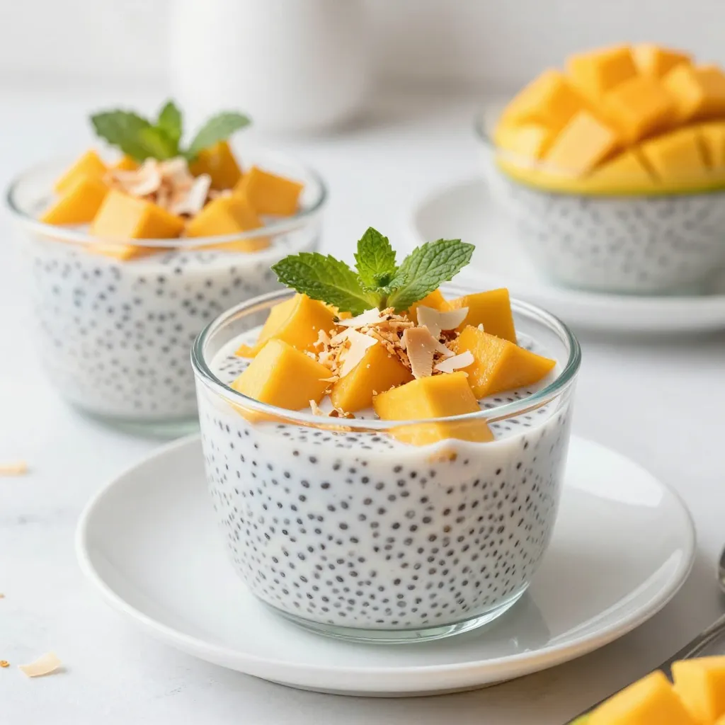 - 1 cup coconut milk (full-fat for creaminess) - 1/4 cup chia seeds - 2 tablespoons maple syrup (or honey) - 1 teaspoon vanilla extract - 1 ripe mango, diced - Optional toppings: Fresh mint leaves, toasted coconut flakes Coconut milk gives the pudding a rich and creamy base. I always choose full-fat coconut milk for the best flavor. It creates a smooth texture that blends perfectly with the other ingredients. Chia seeds are the magic ingredient here. They soak up the liquid and expand, creating that pudding-like consistency. I like to use 1/4 cup of chia seeds for the right thickness. For sweetness, I add 2 tablespoons of maple syrup or honey. Both work well, but maple syrup adds a nice, warm flavor. You can adjust the amount based on your taste. Vanilla extract brings a lovely aroma and depth to the pudding. Just one teaspoon does the trick. The star of this dish is the diced mango. One ripe mango adds a burst of flavor and color. I find that ripe mangoes are sweeter and more fragrant, making them perfect for this treat. For added flair, I often use optional toppings. Fresh mint leaves add a touch of green and freshness. Toasted coconut flakes give a nice crunch and extra coconut flavor. Gather these ingredients, and you're ready to make your delightful mango coconut chia pudding! {{ingredient_image_1}} To start, grab a mixing bowl. You will need to whisk together the coconut milk, chia seeds, maple syrup, and vanilla extract. Whisk until everything blends nicely. This step takes about two minutes. After mixing, let the mixture sit for five minutes. This helps the chia seeds absorb the liquid. Then, whisk it again to break up any clumps. This step is key for a smooth pudding. Now, cover the bowl with plastic wrap. Place it in the refrigerator for at least two hours, or overnight for the best results. During this time, the chia seeds will expand. This will give your pudding a thick and creamy texture. Once your pudding sets, it’s time to serve. Give it a good stir to make it creamy again. Next, divide the pudding into serving bowls or glasses. Now, it's time to add the star of the show: the mango! Top each serving with diced mango. This adds a nice burst of flavor and color. For an extra touch, you can garnish with fresh mint leaves. You can also sprinkle on toasted coconut flakes for added crunch. These small details make your pudding look beautiful and taste even better. To make your pudding great, keep these tips in mind. - Preventing chia seed clumping: After mixing the ingredients, let the mix sit for 5 minutes. Then, whisk it again. This step helps separate the chia seeds. Clumping can make your pudding less smooth. - Achieving the right consistency: Chill the pudding for at least 2 hours, or overnight. This time allows the chia seeds to soak up the liquid. When done, the pudding should be thick and creamy. If it’s too thick, add a splash of coconut milk to adjust. To impress your guests, presentation matters. - Serving in clear glasses: Use clear glasses or jars. This way, you can show off the layers of mango and pudding. It makes the dish look more inviting. - Layering techniques for visual appeal: For a stunning look, layer the pudding and mango. Start with pudding at the bottom, then add diced mango. Repeat this for a beautiful effect. Garnish with mint leaves and toasted coconut flakes for extra flair. Pro Tips Chia Seed Soaking: Ensure to let the chia seeds soak long enough for a creamy texture; overnight is ideal. Mango Selection: Choose a ripe mango for sweetness and optimal flavor; it should yield slightly to pressure when ripe. Presentation Matters: Use clear glasses or jars to beautifully display the layers of chia pudding and mango for an appealing presentation. Flavor Variations: Experiment with different fruits like pineapple or berries, or add a pinch of cinnamon for added depth of flavor. {{image_2}} You can easily adapt this recipe to fit different diets. If you want a vegan option, use maple syrup instead of honey. Maple syrup is plant-based and adds a nice sweetness. For those who need gluten-free options, rejoice! All the ingredients in this pudding are gluten-free. Coconut milk, chia seeds, and fruit are all safe. So, you can enjoy this treat without any worry. To make your mango coconut chia pudding even more fun, think about adding other fruits. Sliced strawberries, blueberries, or kiwi can add color and flavor. You can mix and match your favorites. You can also incorporate spices or extracts for a twist. A pinch of cinnamon or nutmeg can warm up the flavor. Vanilla extract adds a nice touch too. If you want a tropical vibe, try adding a little coconut extract. This will boost the coconut taste and make it extra special. To keep your mango coconut chia pudding fresh, refrigerate it right away. After making it, place the pudding in an airtight container. This helps keep it cool and prevents odors from other foods. When you prepare toppings, store them separately. This keeps the pudding's texture nice and fresh. If you add toppings like mango or toasted coconut too early, they can get soggy. Adding them just before serving makes a big difference. Your chia pudding will last about 3 to 5 days in the fridge. Always check it before eating. If it smells off or has a strange color, throw it away. Also, watch for changes in texture. If it looks watery or clumpy, those are signs it has gone bad. Enjoy your pudding while it’s fresh for the best taste! What can I substitute for coconut milk? You can use almond milk, oat milk, or cashew milk. Each will change the flavor. Full-fat coconut milk gives a rich creaminess. Other milks may be thinner. Adjust the sweetness for taste. Can I use sweeteners other than maple syrup? Yes, honey, agave nectar, or stevia work well. Choose a sweetener you like. Just keep the amount similar. Taste the mix before chilling to adjust sweetness. How do I know when the chia pudding is ready? Chia pudding is ready when it thickens. It should have a gel-like texture. After chilling, stir it well. If it feels thick enough, it's good to serve! Nutritional value of key ingredients Coconut milk is rich in healthy fats. It provides energy and creaminess. Chia seeds are packed with fiber, protein, and omega-3s. They help digestion and keep you full. Mango adds vitamins A and C. It also gives sweetness and flavor. Benefits of chia seeds for health Chia seeds boost heart health. They lower cholesterol and improve heart function. These tiny seeds also help with hydration. They absorb water and expand in the stomach. This helps you stay full longer. Plus, they are a great source of antioxidants. This post covered how to make delicious chia pudding using simple ingredients like coconut milk and mango. You learned step-by-step instructions for mixing and resting the pudding for the best texture. I shared tips to prevent clumping and ideas for presentation. You found storage tips and variations to fit different diets. My final thought is that chia pudding is not just healthy; it’s fun to make and customize. Enjoy experimenting with your flavors and toppings!