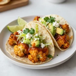 - 1 medium head of cauliflower, cut into bite-sized florets - 1 cup all-purpose flour - 1 cup breadcrumbs (panko for extra crunch) - 1 teaspoon garlic powder - 1 teaspoon onion powder - 1 teaspoon smoked paprika - 1 teaspoon salt - 1/2 teaspoon black pepper Cauliflower is the star here. It provides a great base. The flour and breadcrumbs form a crispy outer layer. Seasonings like garlic powder and smoked paprika give it flavor. Salt and pepper add balance to the dish. - 1 cup buttermilk (or plant-based alternative) - 1 cup buffalo sauce Buttermilk helps the coating stick to the cauliflower. It adds a rich taste. Buffalo sauce brings heat and tang. It’s what makes this dish exciting! - 8 small corn or flour tortillas - 1 cup shredded lettuce - 1 avocado, sliced - 1/2 cup crumbled feta or dairy-free cheese (optional) - Fresh cilantro, for garnish - Lime wedges, for serving Tortillas hold everything together. Shredded lettuce adds crunch and freshness. Sliced avocado brings creaminess. Feta cheese gives a salty kick, while cilantro adds a fresh note. Lime wedges brighten each bite and enhance the flavors. {{ingredient_image_1}} 1. Preheat the oven to 450°F (230°C). Line a baking sheet with parchment paper. 2. In a bowl, mix 1 cup of all-purpose flour, 1 teaspoon of garlic powder, 1 teaspoon of onion powder, 1 teaspoon of smoked paprika, 1 teaspoon of salt, and 1/2 teaspoon of black pepper. 3. Coat the cauliflower florets. Dip each piece into 1 cup of buttermilk, then roll it in the flour mixture. Finally, coat it with 1 cup of breadcrumbs for extra crunch. 1. Bake the cauliflower on the prepared sheet. Spread it out in a single layer. 2. Bake for 25-30 minutes. Make sure to flip the florets halfway through to cook evenly. 3. Check for crispiness. The cauliflower should turn golden and crunchy. 1. Once baked, place the cauliflower in a large bowl. Pour 1 cup of buffalo sauce over it and toss well. 2. Warm the tortillas on a skillet or microwave until they are soft. 3. For each taco, put a few buffalo cauliflower pieces in the middle of the tortilla. 4. Top with shredded lettuce, sliced avocado, and crumbled feta if you like. 5. Garnish with fresh cilantro and serve with lime wedges for a tasty kick. To get that perfect crunch, focus on your breadcrumbs. I recommend using panko breadcrumbs. They add extra crunch and texture to the cauliflower. For the coating, dip each floret in buttermilk first. Then, roll it in the flour mixture. Finally, coat it well with breadcrumbs. This three-step process ensures a crispy bite. For baking tips, make sure your oven is hot. Preheat it to 450°F (230°C). Line your baking sheet with parchment paper. This helps the cauliflower crisp without sticking. Bake the florets for 25-30 minutes. Flip them halfway through to ensure even cooking. You want them golden and crunchy. To boost the flavor of your buffalo sauce, consider adding spices. You can mix in a little extra garlic powder or cayenne for heat. A touch of smoked paprika adds a nice depth too. Don’t be afraid to experiment with your favorite spices. When it comes to toppings, customize them to fit your taste. You can add shredded cabbage for crunch or pickled jalapeños for heat. If you like creaminess, try adding a dollop of sour cream or yogurt. There are many tasty options! For baking, a good quality baking sheet is key. Use heavy-duty sheets for even heat distribution. They help the cauliflower bake perfectly. Parchment paper is a must; it makes cleanup easy and prevents sticking. When assembling your tacos, keep it simple. Use a spatula to transfer the cauliflower to tortillas. A sharp knife is handy for slicing avocados. Remember, the right tools make cooking more fun and easier. Pro Tips Choose the Right Cauliflower: Select a medium head of cauliflower that is firm and free from blemishes for the best texture and flavor. Make it Extra Crispy: For an even crunchier coating, double-dip the cauliflower: first in buttermilk, then in the flour mixture, and again in buttermilk before the breadcrumbs. Experiment with Heat: Adjust the amount of buffalo sauce based on your heat preference; you can also mix in a bit of honey or maple syrup for a sweet and spicy flavor. Customizable Toppings: Feel free to add other toppings like diced tomatoes, jalapeños, or a drizzle of ranch dressing to enhance the flavor profile of your tacos. {{image_2}} For a vegan take, swap buttermilk with a plant-based milk. Use almond or soy milk. Add a splash of vinegar for tang. For cheese, choose a dairy-free feta or skip it altogether. You can also top your tacos with guacamole or vegan sour cream. These add creaminess without dairy. If you need gluten-free options, use almond flour or chickpea flour to coat the cauliflower. This keeps the crunch while avoiding gluten. For tortillas, look for corn tortillas or gluten-free flour tortillas. Many stores offer tasty gluten-free brands. To adjust the spice in your buffalo sauce, mix in some honey or maple syrup. This adds sweetness and cuts the heat. If your family prefers milder flavors, try a barbecue sauce instead. It gives a nice twist while keeping it family-friendly. To keep your cooked cauliflower fresh, let it cool first. Place the cooled cauliflower in an airtight container. Use a container that seals well to keep out air. This helps keep the cauliflower crunchy. Store it in the fridge for up to three days. If you want, you can add a piece of paper towel inside to absorb moisture. To reheat, use an oven or an air fryer. Preheat the oven to 350°F (175°C). Spread the cauliflower on a baking sheet. Heat it for about 10-15 minutes until it’s hot and crispy again. If using an air fryer, set it to 350°F and heat for 5-7 minutes. For tortillas, warm them in a skillet for about 30 seconds on each side. This keeps them soft and pliable. Yes, you can freeze buffalo cauliflower! Let it cool completely first. Place it in a freezer-safe bag or container. Remove as much air as possible before sealing. You can freeze it for up to three months. To thaw, move it to the fridge overnight. Then, reheat using the oven or air fryer to regain its crunch. Yes, you can prep these tacos ahead. Cook the cauliflower and store it separate from the tortillas. Keep everything in airtight containers in the fridge. You can even heat the cauliflower again later. This keeps it crunchy and fresh. Assemble the tacos when you are ready to eat. This way, they will taste great. These tacos pair well with several sides. Here are some ideas: - Fresh corn salad - Mexican rice - Black beans - Guacamole - Tortilla chips with salsa These sides add color and flavor to your meal. They make it more fun and filling. Yes, you can switch the buffalo sauce with other sauces. Here are some tasty options: - BBQ sauce for a sweet touch - Sriracha for extra heat - Teriyaki sauce for a savory twist Each sauce brings a unique flavor. Feel free to experiment and find your favorite! In this post, we explored the vibrant world of Spicy Buffalo Cauliflower Tacos. We covered the key ingredients, like cauliflower, seasonings, and the perfect toppings. We detailed step-by-step instructions to achieve great flavor and crunch. Don't forget the tips for customizing and storing these tasty tacos. You can easily adapt the recipe for dietary needs too. Enjoy making these tacos, and share them with friends for a fun meal!