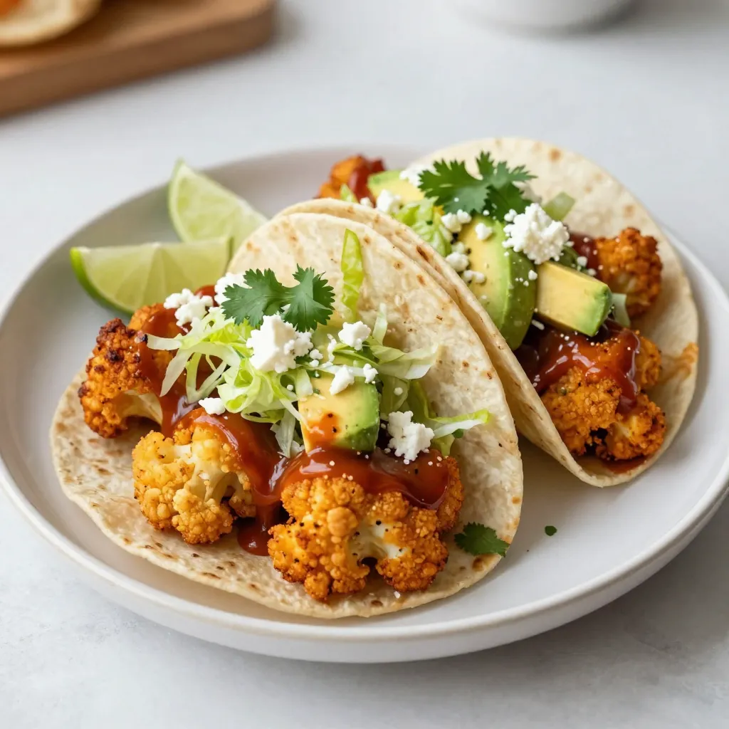 - 1 medium head of cauliflower, cut into bite-sized florets - 1 cup all-purpose flour - 1 cup breadcrumbs (panko for extra crunch) - 1 teaspoon garlic powder - 1 teaspoon onion powder - 1 teaspoon smoked paprika - 1 teaspoon salt - 1/2 teaspoon black pepper Cauliflower is the star here. It provides a great base. The flour and breadcrumbs form a crispy outer layer. Seasonings like garlic powder and smoked paprika give it flavor. Salt and pepper add balance to the dish. - 1 cup buttermilk (or plant-based alternative) - 1 cup buffalo sauce Buttermilk helps the coating stick to the cauliflower. It adds a rich taste. Buffalo sauce brings heat and tang. It’s what makes this dish exciting! - 8 small corn or flour tortillas - 1 cup shredded lettuce - 1 avocado, sliced - 1/2 cup crumbled feta or dairy-free cheese (optional) - Fresh cilantro, for garnish - Lime wedges, for serving Tortillas hold everything together. Shredded lettuce adds crunch and freshness. Sliced avocado brings creaminess. Feta cheese gives a salty kick, while cilantro adds a fresh note. Lime wedges brighten each bite and enhance the flavors. {{ingredient_image_1}} 1. Preheat the oven to 450°F (230°C). Line a baking sheet with parchment paper. 2. In a bowl, mix 1 cup of all-purpose flour, 1 teaspoon of garlic powder, 1 teaspoon of onion powder, 1 teaspoon of smoked paprika, 1 teaspoon of salt, and 1/2 teaspoon of black pepper. 3. Coat the cauliflower florets. Dip each piece into 1 cup of buttermilk, then roll it in the flour mixture. Finally, coat it with 1 cup of breadcrumbs for extra crunch. 1. Bake the cauliflower on the prepared sheet. Spread it out in a single layer. 2. Bake for 25-30 minutes. Make sure to flip the florets halfway through to cook evenly. 3. Check for crispiness. The cauliflower should turn golden and crunchy. 1. Once baked, place the cauliflower in a large bowl. Pour 1 cup of buffalo sauce over it and toss well. 2. Warm the tortillas on a skillet or microwave until they are soft. 3. For each taco, put a few buffalo cauliflower pieces in the middle of the tortilla. 4. Top with shredded lettuce, sliced avocado, and crumbled feta if you like. 5. Garnish with fresh cilantro and serve with lime wedges for a tasty kick. To get that perfect crunch, focus on your breadcrumbs. I recommend using panko breadcrumbs. They add extra crunch and texture to the cauliflower. For the coating, dip each floret in buttermilk first. Then, roll it in the flour mixture. Finally, coat it well with breadcrumbs. This three-step process ensures a crispy bite. For baking tips, make sure your oven is hot. Preheat it to 450°F (230°C). Line your baking sheet with parchment paper. This helps the cauliflower crisp without sticking. Bake the florets for 25-30 minutes. Flip them halfway through to ensure even cooking. You want them golden and crunchy. To boost the flavor of your buffalo sauce, consider adding spices. You can mix in a little extra garlic powder or cayenne for heat. A touch of smoked paprika adds a nice depth too. Don’t be afraid to experiment with your favorite spices. When it comes to toppings, customize them to fit your taste. You can add shredded cabbage for crunch or pickled jalapeños for heat. If you like creaminess, try adding a dollop of sour cream or yogurt. There are many tasty options! For baking, a good quality baking sheet is key. Use heavy-duty sheets for even heat distribution. They help the cauliflower bake perfectly. Parchment paper is a must; it makes cleanup easy and prevents sticking. When assembling your tacos, keep it simple. Use a spatula to transfer the cauliflower to tortillas. A sharp knife is handy for slicing avocados. Remember, the right tools make cooking more fun and easier. Pro Tips Choose the Right Cauliflower: Select a medium head of cauliflower that is firm and free from blemishes for the best texture and flavor. Make it Extra Crispy: For an even crunchier coating, double-dip the cauliflower: first in buttermilk, then in the flour mixture, and again in buttermilk before the breadcrumbs. Experiment with Heat: Adjust the amount of buffalo sauce based on your heat preference; you can also mix in a bit of honey or maple syrup for a sweet and spicy flavor. Customizable Toppings: Feel free to add other toppings like diced tomatoes, jalapeños, or a drizzle of ranch dressing to enhance the flavor profile of your tacos. {{image_2}} For a vegan take, swap buttermilk with a plant-based milk. Use almond or soy milk. Add a splash of vinegar for tang. For cheese, choose a dairy-free feta or skip it altogether. You can also top your tacos with guacamole or vegan sour cream. These add creaminess without dairy. If you need gluten-free options, use almond flour or chickpea flour to coat the cauliflower. This keeps the crunch while avoiding gluten. For tortillas, look for corn tortillas or gluten-free flour tortillas. Many stores offer tasty gluten-free brands. To adjust the spice in your buffalo sauce, mix in some honey or maple syrup. This adds sweetness and cuts the heat. If your family prefers milder flavors, try a barbecue sauce instead. It gives a nice twist while keeping it family-friendly. To keep your cooked cauliflower fresh, let it cool first. Place the cooled cauliflower in an airtight container. Use a container that seals well to keep out air. This helps keep the cauliflower crunchy. Store it in the fridge for up to three days. If you want, you can add a piece of paper towel inside to absorb moisture. To reheat, use an oven or an air fryer. Preheat the oven to 350°F (175°C). Spread the cauliflower on a baking sheet. Heat it for about 10-15 minutes until it’s hot and crispy again. If using an air fryer, set it to 350°F and heat for 5-7 minutes. For tortillas, warm them in a skillet for about 30 seconds on each side. This keeps them soft and pliable. Yes, you can freeze buffalo cauliflower! Let it cool completely first. Place it in a freezer-safe bag or container. Remove as much air as possible before sealing. You can freeze it for up to three months. To thaw, move it to the fridge overnight. Then, reheat using the oven or air fryer to regain its crunch. Yes, you can prep these tacos ahead. Cook the cauliflower and store it separate from the tortillas. Keep everything in airtight containers in the fridge. You can even heat the cauliflower again later. This keeps it crunchy and fresh. Assemble the tacos when you are ready to eat. This way, they will taste great. These tacos pair well with several sides. Here are some ideas: - Fresh corn salad - Mexican rice - Black beans - Guacamole - Tortilla chips with salsa These sides add color and flavor to your meal. They make it more fun and filling. Yes, you can switch the buffalo sauce with other sauces. Here are some tasty options: - BBQ sauce for a sweet touch - Sriracha for extra heat - Teriyaki sauce for a savory twist Each sauce brings a unique flavor. Feel free to experiment and find your favorite! In this post, we explored the vibrant world of Spicy Buffalo Cauliflower Tacos. We covered the key ingredients, like cauliflower, seasonings, and the perfect toppings. We detailed step-by-step instructions to achieve great flavor and crunch. Don't forget the tips for customizing and storing these tasty tacos. You can easily adapt the recipe for dietary needs too. Enjoy making these tacos, and share them with friends for a fun meal!