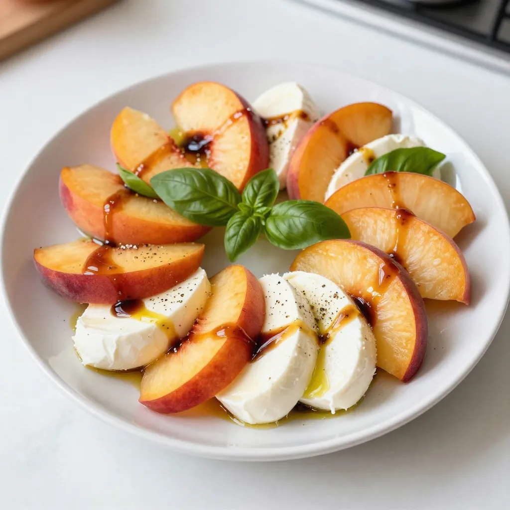 For the perfect Peach Caprese Salad, you need fresh and ripe ingredients. Here’s what you’ll need: - 3 ripe peaches, sliced - 8 ounces fresh mozzarella, sliced - 1 cup fresh basil leaves - 2 tablespoons balsamic glaze - 1 tablespoon olive oil - Salt and pepper to taste Each piece plays a key role in the taste and look of the salad. The peaches should be sweet and juicy. The mozzarella must be fresh to get that creamy texture. Fresh basil adds a fragrant touch that brightens the dish. Choosing the right brands can enhance your dish. For mozzarella, I recommend *Galbani* or *BelGioioso*. They offer creamy texture and great flavor. For balsamic glaze, *Colavita* or *Monari Federzoni* are excellent choices. Their glazes are rich and sweet. When picking peaches, go for *Freestone* varieties. They are easier to slice and taste great. If you can’t find certain ingredients, don’t worry! You can still make a tasty salad. For mozzarella, try burrata for extra creaminess. If you want a dairy-free option, use cashew cheese. You can swap balsamic glaze with red wine vinegar mixed with a touch of honey. For basil, fresh mint or arugula can add a different twist. Enjoy experimenting with flavors! {{ingredient_image_1}} Start by washing the peaches under cool water. This removes dirt and any chemicals. Next, slice each peach in half and twist to separate the halves. Remove the pit carefully. Now, cut the peaches into thin wedges. Aim for even slices for a nice look. Fresh peaches add a sweet touch to the salad. Now it’s time to slice the fresh mozzarella. Use a sharp knife for clean cuts. Slice the cheese into pieces that match the size of your peach wedges. This helps keep the layers even. Fresh mozzarella is creamy and soft, making it a lovely addition to the salad. Grab a large serving platter and start to arrange your salad. Place the peach slices and mozzarella in alternating layers. This creates a beautiful pattern. Next, tuck whole basil leaves between each layer. The basil adds a fresh taste and a pop of color. Drizzle olive oil over the salad for richness. Finish with balsamic glaze for a sweet touch. Lightly season with salt and pepper to enhance the flavors. Let the salad sit for five minutes. This allows the flavors to blend well before you serve it. Enjoy your colorful and tasty Peach Caprese Salad! To get the best peaches, look for ones that feel slightly soft. The skin should have a nice golden hue. A sweet, fragrant smell means they are ripe and ready. Avoid peaches that feel hard or have a lot of green. If you can, buy local peaches for the best flavor and freshness. Peach Caprese Salad shines when you pair it with the right flavors. Fresh mozzarella adds creaminess, while basil gives it a herby kick. The balsamic glaze gives a sweet and tangy touch that really makes the salad pop. You can also add a pinch of sea salt to bring out the sweetness of the peaches. A drizzle of olive oil adds richness too. Serve this salad as a starter or side dish. It pairs well with grilled chicken or fish. You can also enjoy it with crusty bread for a light meal. For a fun twist, serve it on a small plate as an appetizer at your next gathering. Your guests will love the fresh flavors and beautiful colors! Pro Tips Choose Ripe Peaches: Make sure your peaches are perfectly ripe for the best flavor and sweetness. Look for peaches that yield slightly to gentle pressure and have a fragrant aroma. Fresh Mozzarella Matters: Opt for fresh mozzarella rather than pre-packaged varieties. It will provide a creamier texture and better flavor that complements the peaches beautifully. Balance Flavors: Adjust the amount of balsamic glaze and olive oil to achieve the desired balance of sweetness and acidity, enhancing the overall taste of the salad. Serve Immediately: For the best taste and texture, serve the salad immediately after preparation. This ensures the basil stays vibrant and the peaches and mozzarella retain their freshness. {{image_2}} You can make your Peach Caprese Salad even more fun! Try adding fresh berries like strawberries or blueberries. Their sweetness pairs well with peaches. You can also use slices of ripe mango or even kiwi for a tropical twist. These fruits add color and flavor, making the salad pop. Feel free to mix and match according to your taste. While fresh mozzarella is a classic choice, you can explore other cheeses. Burrata offers a creamy texture that adds richness. Goat cheese brings a tangy flavor that contrasts nicely with peaches. Feta cheese can add a salty kick. Choose a cheese that excites your taste buds and fits your meal. The dressing can change the whole vibe of your salad. Besides balsamic glaze, you can use a simple vinaigrette made from olive oil and lemon juice. A honey mustard dressing adds a sweet and tangy taste. You can even try a yogurt-based dressing for a creamy touch. Experiment with different dressings to find your favorite flavor. To store leftover Peach Caprese Salad, place it in an airtight container. This keeps moisture in and helps the salad stay fresh. I recommend using glass or plastic containers with tight seals. If you have any leftover dressing, store it separately. This way, the salad won’t get soggy. To keep your ingredients fresh, store peaches at room temperature until ripe. Once ripe, move them to the fridge. Mozzarella should also stay in the fridge, ideally in its liquid to prevent drying out. Fresh basil prefers a cool spot but not the fridge. You can keep it in water like a flower. Peach Caprese Salad is best served cold and fresh. There’s no need to reheat it. The flavors work well together when cool. If you do want to warm it slightly, use a microwave for a few seconds. Be careful not to overheat, as this can ruin the dish’s texture. Enjoy your salad fresh! You can make Peach Caprese Salad a few hours early. It looks best fresh, but you can prep the ingredients. Slice the peaches and mozzarella, and store them separately. Keep the basil leaves whole to stay fresh. Before serving, layer everything on a platter. Drizzle the olive oil and balsamic glaze right before you eat. This keeps the salad looking bright and tasty. For the best Peach Caprese Salad, use ripe, juicy peaches. Look for yellow or white peaches. They should feel slightly soft but not mushy. Fresh, in-season peaches taste the sweetest. If you can't find fresh peaches, you can use canned ones in juice. Just rinse them well and slice them. I recommend using fresh basil for the best flavor. Dried herbs lack the bright taste of fresh basil. If you have to use dried herbs, use less. Start with a small amount, about one teaspoon. Mix it into the olive oil before drizzling. This will help spread the flavor throughout the salad. Peach Caprese salad offers a fresh taste with great ingredients. Use ripe peaches and quality mozzarella for the best flavor. Follow the steps for easy prep and a beautiful look. Don't forget the tips to enhance your dish. You can change up the flavors too! Store leftovers properly to keep them fresh. In the end, enjoy experimenting with this salad. It'll impress your family and friends!