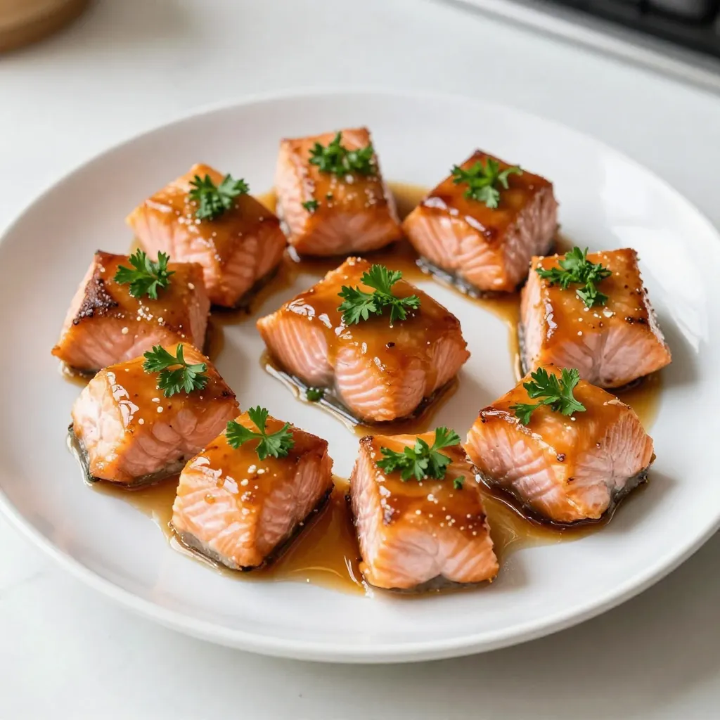 To make tasty Maple Glazed Salmon Bites, you need: - 1 pound fresh salmon fillet, skin removed and cut into bite-sized cubes - 1/4 cup pure maple syrup - 2 tablespoons soy sauce (or tamari for gluten-free) - 1 tablespoon Dijon mustard - 1 teaspoon garlic powder - 1 teaspoon black pepper - 1/2 teaspoon salt - 1 tablespoon olive oil - 1 tablespoon fresh lemon juice - Chopped fresh parsley for garnish These ingredients create a sweet and savory glaze that makes the salmon shine. You can elevate your dish with these tasty garnishes and sides: - Sliced green onions for a fresh touch - Lemon wedges for a zesty kick - Steamed vegetables, like broccoli or asparagus - Rice or quinoa for a hearty base These options add color and flavor, making your meal look and taste better. If you have dietary needs, there are great alternatives: - Use tamari instead of soy sauce for gluten-free diets. - Swap out the salmon for firm tofu for a vegan option. - Try maple syrup alternatives like agave or honey, if not vegan. These swaps ensure everyone can enjoy this delicious recipe without worry. {{ingredient_image_1}} First, grab a medium bowl. Add 1/4 cup of pure maple syrup. Then, pour in 2 tablespoons of soy sauce. Next, add 1 tablespoon of Dijon mustard. Sprinkle in 1 teaspoon of garlic powder, 1 teaspoon of black pepper, and 1/2 teaspoon of salt. Now, drizzle in 1 tablespoon of olive oil and 1 tablespoon of fresh lemon juice. Whisk all these ingredients together. You want a smooth glaze that blends well. Now it's time to add the salmon cubes. Cut 1 pound of fresh salmon fillet into bite-sized pieces. Gently toss the salmon in the bowl with the glaze. Make sure each piece gets coated. Let it marinate for about 15 minutes. This step helps the salmon soak up all the yummy flavors. Preheat your grill or a non-stick skillet over medium-high heat. If you choose to grill, thread the salmon pieces onto skewers. This makes flipping them easy. If you prefer the skillet, make sure it’s well-oiled so the salmon doesn't stick. Cook the salmon bites for about 2-3 minutes on each side. They should turn golden brown and be fully cooked. Brush some extra glaze on them while cooking. It adds more flavor! Once done, remove the salmon from heat and garnish with chopped parsley. Enjoy your tasty bites! To get the right glaze, mix your ingredients well. Use a bowl and whisk. The maple syrup should blend smoothly with soy sauce and mustard. This mix needs to be thick but pourable. If it’s too thin, it won't stick to the salmon. Adding a bit more mustard can help thicken it. Letting it sit for a few minutes can also help. It gives the flavors time to blend. When cooking salmon bites, choose high heat. This helps to create a nice crust. If you grill, soak wooden skewers in water first. This stops them from burning. If using a skillet, keep it well oiled. This prevents the fish from sticking. Cook for about 2-3 minutes on each side. Brush on extra glaze while cooking. This adds more flavor to each piece. Presentation matters! Use a nice plate to serve your salmon bites. Sprinkle chopped parsley on top for color. This makes the dish look fresh and vibrant. You can also serve with lemon wedges. A squeeze of lemon adds brightness. Pair the bites with a simple salad or rice. This makes a complete meal. Pro Tips Choose Fresh Salmon: Opt for high-quality, fresh salmon for the best flavor and texture. Look for bright, vibrant color and a firm texture. Marinating Time: Allow the salmon to marinate for at least 15 minutes, but no more than 30 minutes, to prevent the fish from becoming too salty. Grill with Care: If grilling, ensure your grill is preheated properly to achieve that perfect sear and avoid sticking. Use soaked wooden skewers if needed! Extra Glaze Brush: Brush the salmon with extra glaze during the last minute of cooking for a richer flavor and glossy finish. {{image_2}} You can switch up the glaze for fun. Try honey instead of maple syrup. It adds a nice sweetness. A teriyaki glaze gives a savory kick. Mix in some sriracha for heat. You could also use a balsamic reduction for a tangy twist. Each choice gives a new flavor to the salmon. If you want a change from salmon, use chicken or shrimp. Chicken breast works well with the same glaze. Just adjust the cooking time. Shrimp cooks faster, so watch it closely. You can also try firm tofu for a plant-based option. Cut it into cubes and marinate like the salmon. For a vegan twist, use eggplant or cauliflower. Slice them into bite-sized pieces. Marinate them in the same glaze. Then grill or roast until they're tender. These veggies soak up the flavors well. You can also use tempeh or seitan for a protein-packed option. They both hold the glaze nicely and taste great. To keep leftover salmon bites fresh, let them cool first. Place them in an airtight container. You can store the bites in the fridge for up to three days. If you want to keep them longer, freeze them for up to two months. When reheating salmon bites, do it slowly. Use a microwave on low heat for about one minute. You can also use a skillet over low heat. Add a splash of water to keep them moist. Avoid high heat to prevent drying out. Use glass or BPA-free plastic containers. Make sure they have tight lids to seal in freshness. If you freeze the salmon bites, use freezer-safe bags. Label the bags with the date to keep track of freshness. You can marinate salmon for 15 to 30 minutes. This time lets the flavors mix well. If you marinate too long, the fish can become mushy. So, stick to this time for the best taste. Yes, you can prepare the marinade a day ahead. Just store it in the fridge until you are ready to use it. You can also cut the salmon into cubes in advance. Just remember to marinate it close to when you plan to cook. Maple Glazed Salmon Bites pair well with many sides. Here are some great options: - Steamed broccoli - Roasted sweet potatoes - Quinoa salad - Fresh green salad These sides add color and nutrition to your meal. Enjoy! Maple Glazed Salmon Bites are simple and fun to make. We covered ingredients, cooking methods, and ways to store leftovers. You can try different glazes and proteins too. Don’t forget to think about sides and garnishes for serving. With these tips, you can enjoy tasty salmon bites at home. Get creative and make this dish your own. Each bite can bring new flavors and smiles to your table. Enjoy cooking and sharing this delicious meal!