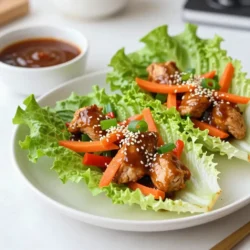 For this tasty dish, you need simple ingredients. Here’s what to gather: - 1 lb boneless, skinless chicken thighs, diced - 1/4 cup soy sauce - 2 tablespoons honey - 1 tablespoon sesame oil - 1 tablespoon rice vinegar - 2 cloves garlic, minced - 1 teaspoon fresh ginger, grated - 1 cup carrots, grated - 1/2 cup green onions, sliced - 1 cup bell peppers, diced (red or yellow for color) These ingredients create a rich teriyaki flavor. The chicken thighs stay juicy and tender. For the cups, I recommend using either butter or iceberg lettuce. Both types work well. Butter lettuce gives a soft, sweet taste. Iceberg is crunchy and refreshing. You can choose based on your texture preference. To make your dish pop, add a few garnishes. Sprinkle sesame seeds on top for a nutty flavor. Use extra green onions for a fresh touch. These simple garnishes enhance the look and taste. They make your meal feel special and delicious. {{ingredient_image_1}} To start, grab a medium bowl. In this bowl, combine 1/4 cup soy sauce, 2 tablespoons honey, and 1 tablespoon sesame oil. Then, add 1 tablespoon rice vinegar, 2 minced garlic cloves, and 1 teaspoon fresh ginger. Whisk these together until smooth. This teriyaki sauce is both sweet and savory. It brings all the flavors together. Next, heat a large skillet over medium heat. Drizzle a little oil into the pan. Once hot, add 1 pound of diced chicken thighs. Cook the chicken for about 6-8 minutes. It should be fully cooked and no longer pink. Now, pour the teriyaki sauce over the chicken. Stir well to coat each piece. Let it simmer for 2-3 minutes. This step allows the sauce to thicken and infuse the chicken with flavor. Once the chicken is ready, add 1 cup of grated carrots, 1/2 cup of sliced green onions, and 1 cup of diced bell peppers. Cook for an extra 2-3 minutes. The veggies should be soft yet crunchy. Now, take a leaf from your head of butter or iceberg lettuce. Scoop a generous amount of the teriyaki chicken mixture into the center of the leaf. Sprinkle some sesame seeds on top and add more green onions if you like. Finally, fold the lettuce over the filling like a cup. Enjoy your delicious and fresh teriyaki chicken lettuce cups! To craft a great teriyaki sauce, balance is key. Start with soy sauce for saltiness. Add honey for sweetness. Sesame oil gives it a nutty touch. Rice vinegar adds a tangy note. Mix minced garlic and grated ginger for depth. Whisk these together until smooth. Let the sauce simmer with the chicken. This melds the flavors well. For tender chicken, use boneless, skinless thighs. They stay juicy and cook evenly. Heat your skillet over medium heat. Add a bit of oil before the chicken. Cook for 6-8 minutes until it's no longer pink. Avoid overcrowding the pan. This helps the chicken brown nicely. After cooking, pour in your teriyaki sauce. Stir well and let it simmer for a few minutes. Presentation makes your dish pop. Use a large platter to arrange the lettuce cups. Scoop the teriyaki chicken mixture into each leaf. Sprinkle sesame seeds on top. Add extra green onions for color. You can serve a small bowl of teriyaki sauce on the side. This invites guests to add more sauce as they wish. Pro Tips Use Fresh Ingredients: Fresh garlic and ginger will elevate the flavor of your teriyaki sauce, making it more aromatic and delicious. Customize Your Veggies: Feel free to swap in your favorite vegetables like snap peas or mushrooms to add more variety and color to your lettuce cups. Marinate for Extra Flavor: For deeper flavor, marinate the diced chicken in the teriyaki sauce for 30 minutes before cooking. Serving Suggestions: Serve with a side of rice or quinoa for a more filling meal, or pair with a light salad for a fresh touch. {{image_2}} You can switch up the proteins in these lettuce cups. If you want a lighter option, try shrimp or tofu. Both cook quickly and soak up flavors well. Ground turkey is another great choice. It has a nice texture and adds a different taste. You can also use shredded beef or pork for a hearty twist. Each protein brings its own unique flavor to the dish. Feel free to mix in different vegetables to fit your taste. Instead of carrots, try zucchini or cucumber for a fresh crunch. You can also add snap peas or shredded cabbage for extra color and texture. Use whatever you have on hand. The key is to maintain a balance of flavors and textures in each bite. While teriyaki sauce is tasty, you can experiment with other sauces too. Hoisin sauce adds a sweet and savory touch. Sriracha gives a nice kick if you like heat. You can also mix in some peanut sauce for a nutty flavor. Toss in sesame seeds or chopped peanuts for added crunch. These tweaks will help you create a dish that suits your palate perfectly. To store leftover teriyaki chicken, let it cool down. Place it in an airtight container. This helps keep it fresh for up to three days. You can also freeze it for later. Just make sure to use a freezer-safe container. Defrost it in the fridge before using. Lettuce cups are best eaten fresh. However, if you have leftovers, store the filling and lettuce separately. Wrap the lettuce in a damp paper towel. Keep it in a sealed bag in the fridge. This keeps it crispy. Store the chicken mixture in a container. It will stay good for three days. When it's time to eat, reheat the chicken mixture on the stove. Use low heat to avoid drying it out. Stir it often for even heating. You can also add a splash of water or extra sauce to keep it moist. Do not reheat the lettuce. Use fresh leaves for the best taste and crunch. Yes, you can make this recipe ahead. Cook the chicken and veggies first. Store them in the fridge for up to three days. When you are ready to eat, just warm it up. Then, assemble the cups with fresh lettuce. Butter lettuce or iceberg lettuce works best for cups. Both types are soft and sturdy. They hold the filling well without tearing. Butter lettuce has a nice, sweet taste. Iceberg gives a satisfying crunch. Choose what you like! The teriyaki chicken can be made gluten-free. Just use gluten-free soy sauce. Many brands offer a gluten-free option. Always check the label on the soy sauce. This way, you can enjoy your meal worry-free! In this article, we explored making tasty teriyaki chicken lettuce cups. We covered key ingredients, steps for making the sauce, cooking chicken, and tips for great presentation. I shared variations using different proteins and veggies. Storage tips help keep leftovers fresh. Overall, this dish is fun and easy to prepare. You can enjoy it in many ways. Try it out, and make it your own!