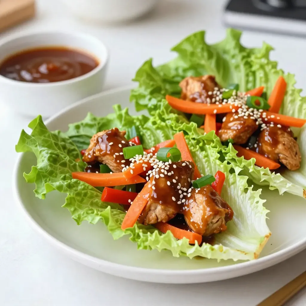 For this tasty dish, you need simple ingredients. Here’s what to gather: - 1 lb boneless, skinless chicken thighs, diced - 1/4 cup soy sauce - 2 tablespoons honey - 1 tablespoon sesame oil - 1 tablespoon rice vinegar - 2 cloves garlic, minced - 1 teaspoon fresh ginger, grated - 1 cup carrots, grated - 1/2 cup green onions, sliced - 1 cup bell peppers, diced (red or yellow for color) These ingredients create a rich teriyaki flavor. The chicken thighs stay juicy and tender. For the cups, I recommend using either butter or iceberg lettuce. Both types work well. Butter lettuce gives a soft, sweet taste. Iceberg is crunchy and refreshing. You can choose based on your texture preference. To make your dish pop, add a few garnishes. Sprinkle sesame seeds on top for a nutty flavor. Use extra green onions for a fresh touch. These simple garnishes enhance the look and taste. They make your meal feel special and delicious. {{ingredient_image_1}} To start, grab a medium bowl. In this bowl, combine 1/4 cup soy sauce, 2 tablespoons honey, and 1 tablespoon sesame oil. Then, add 1 tablespoon rice vinegar, 2 minced garlic cloves, and 1 teaspoon fresh ginger. Whisk these together until smooth. This teriyaki sauce is both sweet and savory. It brings all the flavors together. Next, heat a large skillet over medium heat. Drizzle a little oil into the pan. Once hot, add 1 pound of diced chicken thighs. Cook the chicken for about 6-8 minutes. It should be fully cooked and no longer pink. Now, pour the teriyaki sauce over the chicken. Stir well to coat each piece. Let it simmer for 2-3 minutes. This step allows the sauce to thicken and infuse the chicken with flavor. Once the chicken is ready, add 1 cup of grated carrots, 1/2 cup of sliced green onions, and 1 cup of diced bell peppers. Cook for an extra 2-3 minutes. The veggies should be soft yet crunchy. Now, take a leaf from your head of butter or iceberg lettuce. Scoop a generous amount of the teriyaki chicken mixture into the center of the leaf. Sprinkle some sesame seeds on top and add more green onions if you like. Finally, fold the lettuce over the filling like a cup. Enjoy your delicious and fresh teriyaki chicken lettuce cups! To craft a great teriyaki sauce, balance is key. Start with soy sauce for saltiness. Add honey for sweetness. Sesame oil gives it a nutty touch. Rice vinegar adds a tangy note. Mix minced garlic and grated ginger for depth. Whisk these together until smooth. Let the sauce simmer with the chicken. This melds the flavors well. For tender chicken, use boneless, skinless thighs. They stay juicy and cook evenly. Heat your skillet over medium heat. Add a bit of oil before the chicken. Cook for 6-8 minutes until it's no longer pink. Avoid overcrowding the pan. This helps the chicken brown nicely. After cooking, pour in your teriyaki sauce. Stir well and let it simmer for a few minutes. Presentation makes your dish pop. Use a large platter to arrange the lettuce cups. Scoop the teriyaki chicken mixture into each leaf. Sprinkle sesame seeds on top. Add extra green onions for color. You can serve a small bowl of teriyaki sauce on the side. This invites guests to add more sauce as they wish. Pro Tips Use Fresh Ingredients: Fresh garlic and ginger will elevate the flavor of your teriyaki sauce, making it more aromatic and delicious. Customize Your Veggies: Feel free to swap in your favorite vegetables like snap peas or mushrooms to add more variety and color to your lettuce cups. Marinate for Extra Flavor: For deeper flavor, marinate the diced chicken in the teriyaki sauce for 30 minutes before cooking. Serving Suggestions: Serve with a side of rice or quinoa for a more filling meal, or pair with a light salad for a fresh touch. {{image_2}} You can switch up the proteins in these lettuce cups. If you want a lighter option, try shrimp or tofu. Both cook quickly and soak up flavors well. Ground turkey is another great choice. It has a nice texture and adds a different taste. You can also use shredded beef or pork for a hearty twist. Each protein brings its own unique flavor to the dish. Feel free to mix in different vegetables to fit your taste. Instead of carrots, try zucchini or cucumber for a fresh crunch. You can also add snap peas or shredded cabbage for extra color and texture. Use whatever you have on hand. The key is to maintain a balance of flavors and textures in each bite. While teriyaki sauce is tasty, you can experiment with other sauces too. Hoisin sauce adds a sweet and savory touch. Sriracha gives a nice kick if you like heat. You can also mix in some peanut sauce for a nutty flavor. Toss in sesame seeds or chopped peanuts for added crunch. These tweaks will help you create a dish that suits your palate perfectly. To store leftover teriyaki chicken, let it cool down. Place it in an airtight container. This helps keep it fresh for up to three days. You can also freeze it for later. Just make sure to use a freezer-safe container. Defrost it in the fridge before using. Lettuce cups are best eaten fresh. However, if you have leftovers, store the filling and lettuce separately. Wrap the lettuce in a damp paper towel. Keep it in a sealed bag in the fridge. This keeps it crispy. Store the chicken mixture in a container. It will stay good for three days. When it's time to eat, reheat the chicken mixture on the stove. Use low heat to avoid drying it out. Stir it often for even heating. You can also add a splash of water or extra sauce to keep it moist. Do not reheat the lettuce. Use fresh leaves for the best taste and crunch. Yes, you can make this recipe ahead. Cook the chicken and veggies first. Store them in the fridge for up to three days. When you are ready to eat, just warm it up. Then, assemble the cups with fresh lettuce. Butter lettuce or iceberg lettuce works best for cups. Both types are soft and sturdy. They hold the filling well without tearing. Butter lettuce has a nice, sweet taste. Iceberg gives a satisfying crunch. Choose what you like! The teriyaki chicken can be made gluten-free. Just use gluten-free soy sauce. Many brands offer a gluten-free option. Always check the label on the soy sauce. This way, you can enjoy your meal worry-free! In this article, we explored making tasty teriyaki chicken lettuce cups. We covered key ingredients, steps for making the sauce, cooking chicken, and tips for great presentation. I shared variations using different proteins and veggies. Storage tips help keep leftovers fresh. Overall, this dish is fun and easy to prepare. You can enjoy it in many ways. Try it out, and make it your own!