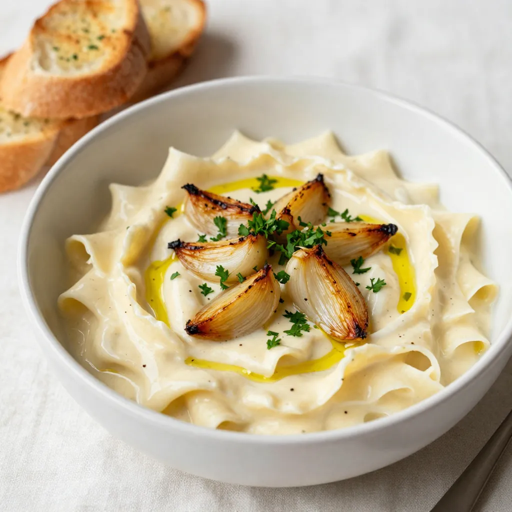 To make this creamy sauce, you need a few basic ingredients: - 1 bulb of garlic - 1 cup unsalted butter (2 sticks) - 2 cups heavy cream - 1 cup grated Parmesan cheese - 1 teaspoon salt - 1 teaspoon black pepper - 1/2 teaspoon nutmeg (optional) - Fresh parsley, chopped (for garnish) These ingredients create a rich and flavorful sauce that pairs well with pasta. You can add a few items to make the sauce even better: - 1 tablespoon olive oil for extra richness - A pinch of red pepper flakes for heat - Lemon zest for a fresh kick - A splash of white wine for depth These optional ingredients can give your sauce a unique twist, making it special. If you lack some ingredients, here are some swaps you can use: - Use salted butter instead of unsalted, but adjust the salt. - Swap heavy cream with half-and-half for a lighter option. - Use nutritional yeast instead of Parmesan for a vegan choice. These substitutes help you adapt the recipe based on what you have at home. {{ingredient_image_1}} To start, preheat your oven to 400°F (200°C). This step is key for the roasting process. Next, take your bulb of garlic and cut off the top. This exposes the tender cloves inside. Wrap the garlic in aluminum foil. This helps keep it moist while it roasts. Place it directly on the oven rack and roast for about 30 to 35 minutes. You know it's done when the cloves are soft and smell amazing. Let it cool for a few minutes before handling. This makes it easier to squeeze the cloves out later. Now, let’s make the sauce. In a large saucepan, melt 1 cup of unsalted butter over medium heat. Once it melts, pour in 2 cups of heavy cream. Stir the mixture well. This helps combine the butter and cream smoothly. Take the roasted garlic and squeeze the soft cloves into the saucepan. Make sure to get every last bit. Use a whisk to blend the garlic into the creamy mix. Next, sprinkle in 1 cup of grated Parmesan cheese. Stir constantly until the cheese melts and is fully mixed in. Finally, add 1 teaspoon of salt, 1 teaspoon of black pepper, and 1/2 teaspoon of nutmeg if you like. Cook on low heat for about 5 minutes. This helps the sauce thicken to your desired consistency. To get that perfect Alfredo sauce, keep a few things in mind. First, stir continuously while cooking. This prevents the sauce from sticking to the pan. If the sauce seems too thick, add a splash of milk or cream. This helps loosen it up. For a thinner sauce, cook for less time. If it’s too thin, let it simmer a bit longer. Lastly, always taste your sauce before serving. Adjust the seasoning if needed. This step makes sure it's just right for your pasta or breadsticks. Making Alfredo sauce can be simple, but mistakes happen. Here are some common pitfalls: - Using pre-grated cheese: Pre-grated cheese has anti-caking agents. This can lead to a lumpy sauce. Always use fresh grated Parmesan. - Cooking on high heat: High heat can burn the butter or cream. Use medium heat for a gentle simmer. - Not whisking enough: Whisking helps blend all the ingredients well. Skipping this can leave clumps in your sauce. You can prepare the sauce in advance. Follow these steps to save time: 1. Cook the sauce: Make the sauce as you normally would. 2. Cool it down: Let it cool to room temperature. 3. Store it: Place it in an airtight container. Keep it in the fridge for up to three days. When ready to use, just reheat it slowly on low heat. Add a splash of cream if the sauce thickens too much. A creamy texture is key to a good Alfredo sauce. Here are some tips: - Use heavy cream: Heavy cream has more fat. This gives your sauce a rich and creamy feel. - Melt the butter completely: Make sure the butter is fully melted before adding cream. This helps create a smooth base. - Whisk in the cheese slowly: Add the Parmesan gradually. This allows it to melt evenly and prevents clumping. - Adjust heat carefully: Keep the sauce on low heat after adding cheese. This helps it stay creamy without burning. These tips will help you make the best Roasted Garlic Alfredo Sauce! Enjoy the rich, delicious flavors. Pro Tips Use Fresh Garlic: Freshly roasted garlic provides a sweeter, milder flavor compared to store-bought garlic paste or powder. Adjust Consistency: If the sauce is too thick, add a splash of pasta water or more heavy cream to reach your desired consistency. Mix Cheeses: For a more complex flavor, try adding a mix of cheeses, such as Pecorino Romano or mozzarella, along with Parmesan. Garnish Wisely: Fresh herbs like basil or thyme can elevate the sauce's flavor profile, offering a bright contrast to the creamy richness. {{image_2}} You can spice up your Roasted Garlic Alfredo Sauce in fun ways. Adding sautéed mushrooms gives a nice earthiness. Spinach adds color and nutrients. You can also mix in cooked chicken or shrimp for protein. For a kick, try red pepper flakes or Italian herbs. These add-ins make the sauce more exciting and unique to your taste! If you want a lighter take on this dish, swap heavy cream for half-and-half or whole milk. You can also use less butter and add a splash of vegetable broth. This change keeps it creamy but cuts down on fat. You still get that rich taste without the extra calories. Experimenting with different cheeses can change your sauce game. Try using Gruyère for a nutty flavor. Fontina melts well and adds creaminess. A bit of goat cheese can give a tangy twist. Mixing cheeses can lead to a delicious, complex flavor profile that delights your palate. Just remember to balance the salt, as some cheeses can be saltier than others. To keep leftover Roasted Garlic Alfredo Sauce fresh, place it in an airtight container. Make sure to let the sauce cool down before sealing it. This helps prevent condensation, which can make the sauce watery. Store it in the fridge for up to four days. If you notice any change in smell or color, it’s best to throw it away. When you are ready to enjoy the sauce again, reheat it gently. Pour the sauce into a saucepan over low heat. Stir it often to prevent sticking. If the sauce seems too thick, add a splash of milk or cream. This will help restore its creamy texture. Avoid using high heat, as this can cause the sauce to break. If you want to save Roasted Garlic Alfredo Sauce for later, freezing is a great option. Pour the cooled sauce into freezer-safe bags or containers. Leave some space at the top for expansion. Label the bags with the date, and freeze them for up to three months. When you're ready to use it, thaw the sauce overnight in the fridge before reheating. You can use whole garlic, but it won't taste the same. Roasted garlic has a sweet and mild flavor. If you use raw garlic, it will taste sharp and strong. This can change your sauce's taste. Roasting garlic brings out its best features. It makes the sauce creamy and rich. For a great flavor, always roast the garlic first. Roasted Garlic Alfredo Sauce goes well with many dishes. You can toss it with pasta like fettuccine or penne. It also works great with chicken or shrimp. For a vegetarian twist, add veggies like broccoli or spinach. You can even use it as a dip for breadsticks. This sauce makes every dish special and tasty. To make this sauce vegan, swap some ingredients. Use vegan butter instead of regular butter. Choose a plant-based cream, like coconut or cashew cream. For cheese, use nutritional yeast or a vegan Parmesan. These swaps keep the creamy feel and rich flavor. You can enjoy a vegan version of this delicious sauce. In this article, we covered how to make Roasted Garlic Alfredo Sauce. We shared the key ingredients and how to prepare them. You learned the step-by-step process for cooking the sauce and tips for perfect texture. We also discussed variations to make it your own, plus storage tips to keep it fresh. Making this sauce can transform your meals. With a few simple steps, you can enjoy a rich, creamy dish that impresses. Happy cooking!