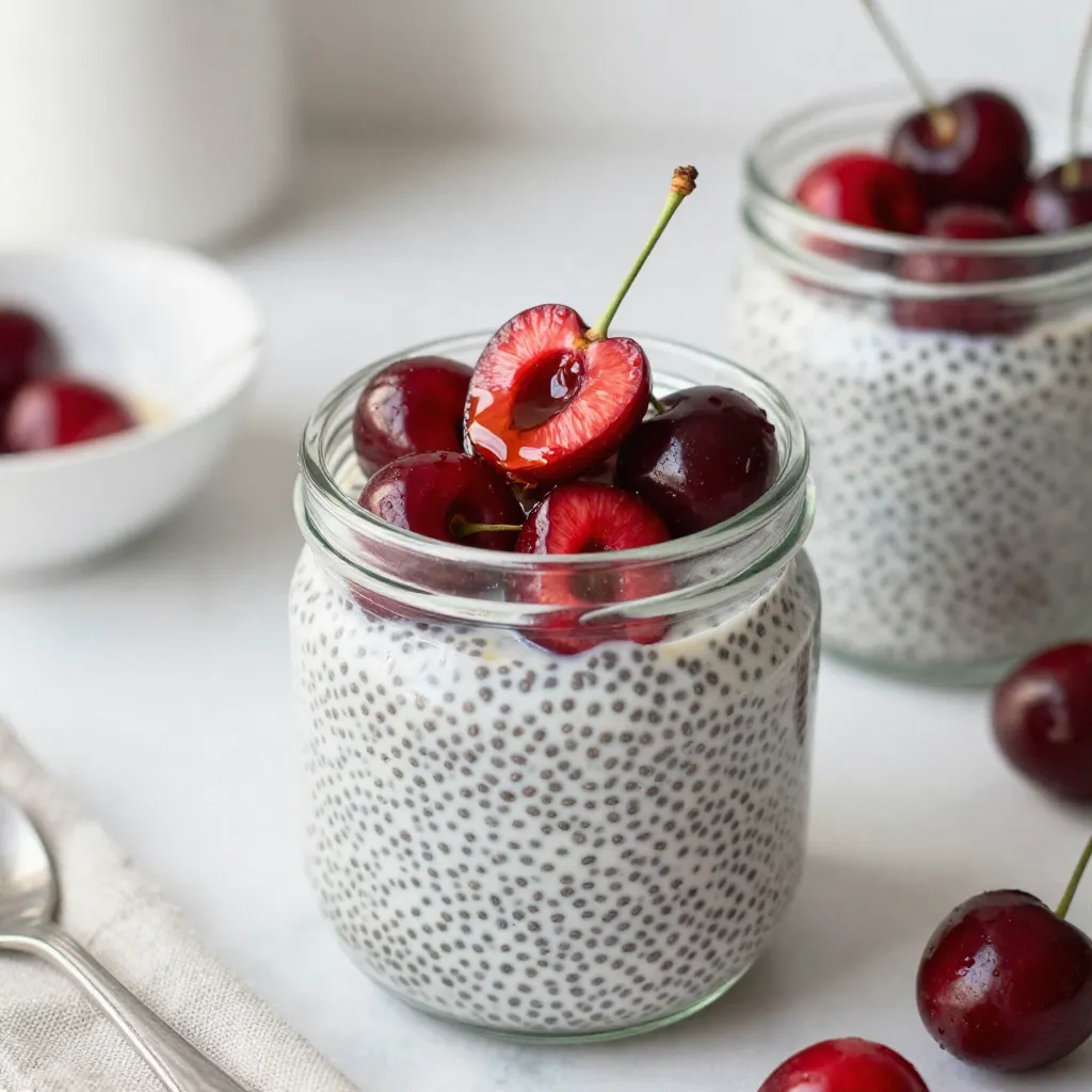 To make Cherry Vanilla Chia Pudding, you need some simple and healthy ingredients. Here’s what you'll need: - 1 cup unsweetened almond milk (or any milk of choice) - 1/4 cup chia seeds - 2 tablespoons maple syrup - 1 teaspoon vanilla extract - 1 cup fresh or frozen cherries, pitted and chopped - 1/2 teaspoon almond extract (optional) - Pinch of salt These ingredients work together to create a tasty pudding. Almond milk gives it a creamy base. Chia seeds add texture and thickness. Maple syrup sweetens the mix just right. Vanilla and almond extract give it a lovely flavor. Finally, cherries add a burst of fruity goodness. You can choose fresh or frozen cherries based on what you have. They both work great! The optional almond extract can deepen the flavor, but it’s not a must. This recipe is flexible and fun, so feel free to adjust as you like! {{ingredient_image_1}} - Whisk the almond milk, maple syrup, vanilla extract, and salt. - Add chia seeds, stirring continuously. - Allow to sit and stir again. Start by taking a mixing bowl. Pour in 1 cup of unsweetened almond milk. Add 2 tablespoons of maple syrup for sweetness. Then, mix in 1 teaspoon of vanilla extract and a pinch of salt. Whisk it all together well. Next, slowly add in 1/4 cup of chia seeds. It’s important to stir continuously. This stops the chia seeds from clumping together. Let the mixture sit for about 5 minutes. After that, stir again to make sure the seeds are spread evenly. - Cover and refrigerate for 4 hours or overnight. Cover the bowl tightly with plastic wrap or a lid. Place it in the fridge. Chilling it for at least 4 hours is key. This time allows the chia seeds to absorb the liquid. They will swell and create a thick pudding texture. For best results, leave it overnight. - Prepare cherries (fresh or frozen). - Incorporate cherries and almond extract after chilling. While the pudding chills, prepare your cherries. If you have fresh cherries, pit and chop them. If using frozen cherries, let them thaw and then chop them. After the pudding has set, take it out of the fridge. Add the chopped cherries to the pudding. You can also add 1/2 teaspoon of almond extract for extra flavor, but this is optional. Serve the chia pudding in bowls or jars. For a pretty look, top with extra cherries. This makes a simple and healthy treat that looks great! To get the perfect pudding texture, start with a thick base. Mix your almond milk with chia seeds well. Stirring prevents clumping. After five minutes, stir again to keep the mix smooth. The chia seeds will absorb the liquid and swell. This step is key for a creamy pudding. If you like it sweeter, adjust the maple syrup. Start with two tablespoons, then taste. You can always add more if needed. Each person has their own sweetness level. Layering the pudding in clear jars makes it look fancy. This lets you show off the beautiful texture and color. Use small jars for a cute touch. For garnish, add halved cherries on top. Sprinkle a few chia seeds for a nice crunch. This simple garnish makes your pudding look more appealing. Plus, it adds extra flavor! Pro Tips Chia Seed Ratio: Ensure you use the correct chia seed to liquid ratio (1:4) for the perfect pudding texture. Sweetness Adjustment: Taste your mixture before refrigerating and adjust maple syrup to suit your sweetness preference. Cherry Preparation: Fresh cherries provide a firmer texture, while frozen cherries can add a more vibrant color when thawed. Serving Suggestions: For extra flavor, consider adding a dollop of yogurt or a sprinkle of nuts on top before serving. {{image_2}} You can change the flavor of your Cherry Vanilla Chia Pudding easily. For a chocolate twist, add cocoa powder. Start with one tablespoon and mix it well. This will give your pudding a rich chocolate flavor that pairs well with cherries. You can also use other fruits if cherries are not your favorite. Strawberries and blueberries work great in this recipe. Just chop them up and mix them in after the pudding sets. This keeps the pudding fresh and fun! This recipe is vegan and gluten-free, making it a healthy choice for many diets. You can swap almond milk for any milk you like, such as oat or coconut milk. For a lower-sugar option, reduce the maple syrup. You can even use sugar-free syrup to cut calories. If you want to add more protein, consider mixing in some Greek yogurt after chilling. This adds creaminess and boosts nutrition without changing the flavor much. To keep your cherry vanilla chia pudding fresh, choose the right containers. I recommend using glass jars or airtight plastic containers. These options help maintain flavor and texture. You can stack them in the fridge for easy access. When stored properly, chia pudding lasts about 5 days in the refrigerator. Always check for any changes in smell or color before eating. If it looks or smells off, it’s best to discard it. Chia pudding is best enjoyed cold. If you prefer it warm, gently heat it on the stove over low heat. Stir it often to avoid burning. You can also microwave it in short bursts. Just be sure to stir well between heating intervals. Enjoy it with extra cherries on top for added flavor! Yes, you can use any milk you like. Almond milk is my favorite, but you can try oat, soy, or coconut milk. Just remember that each type of milk will change the taste a bit. For creamy pudding, choose whole milk or coconut milk. Chia pudding lasts about 4 to 5 days in the fridge. It keeps well in a sealed container. The chia seeds stay soft and the pudding stays fresh. Just give it a good stir before serving again. Absolutely! Making this pudding ahead of time is a great idea. You can prepare it the night before. Let it chill overnight for the best texture. It’s perfect for busy mornings or quick snacks. Chia pudding is simple to make and packed with flavor. We discussed essential ingredients, step-by-step prep, and helpful tips. Remember, you can customize this recipe with your favorite fruits or flavors. Storing is easy, and this dish is great for meal prep. Enjoy your tasty, healthy treat anytime! Try making it yours with different toppings or flavors. This chia pudding is sure to impress, and it's fun to make!