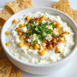 To make Mexican Street Corn Dip, gather these ingredients: - 2 cups corn kernels (fresh or frozen) - 1 tablespoon olive oil - 1/2 teaspoon smoked paprika - 1/4 teaspoon cayenne pepper (optional) - 1 cup sour cream - 1/2 cup mayonnaise - 1/2 cup crumbled cotija cheese - 2 tablespoons fresh lime juice - 2 green onions, chopped - 1/4 cup fresh cilantro, chopped - Salt and pepper to taste Using fresh corn gives the dip a sweet bite. If fresh corn is not available, frozen corn works well too. Choose high-quality sour cream and mayonnaise for a creamy base. Cotija cheese adds a salty taste, so don’t skip it. Fresh lime juice adds brightness, and fresh herbs give a pop of flavor. If you want to switch things up, here are some easy swaps: - Use Greek yogurt instead of sour cream for a healthier option. - Swap mayonnaise for avocado for a creamy, plant-based choice. - Feta cheese can replace cotija if needed. - For a dairy-free option, use vegan sour cream and cheese. These substitutions maintain the dip's tasty essence while catering to different diets. {{ingredient_image_1}} To create this dip, we first roast the corn. Heat a large skillet over medium-high heat. Add one tablespoon of olive oil. Once the oil is hot, toss in two cups of corn kernels. You can use fresh or frozen corn. Cook for about five to seven minutes. Stir the corn often until it gets a nice char. This will add a deep flavor to your dip. Once done, remove it from the heat and let it cool. Next, grab a large bowl. In this bowl, mix one cup of sour cream and half a cup of mayonnaise. Add half a teaspoon of smoked paprika and a quarter teaspoon of cayenne pepper if you want some heat. Squeeze in two tablespoons of fresh lime juice. Season with salt and pepper. Stir everything together until it is smooth and creamy. Now, it’s time to add the corn! Fold in your roasted corn, half a cup of crumbled cotija cheese, two chopped green onions, and a quarter cup of chopped cilantro. Mix gently to keep the corn from breaking apart. Taste the dip and adjust the seasoning if you need to. Roasting corn is simple and fun. The key is to use a hot skillet. This helps to get that lovely char. If you want to add more flavor, you can sprinkle some salt on the corn while it cooks. This will help the corn taste even better. If you can, try to find fresh corn in the summer. It’s sweet and juicy, making your dip amazing. If you can’t find fresh corn, frozen corn works well too. Just make sure to thaw it first. You can also roast the corn on a grill for a smoky flavor. Just put the corn in a grill basket, and watch it closely. This method gives it a nice char and adds a great taste. Once you have mixed everything, cover the bowl with plastic wrap. Place the dip in the fridge for at least 30 minutes. This allows all the flavors to blend together. Chilling the dip makes it taste even better. If you have time, let it chill for a few hours or overnight. Before serving, give the dip a good stir. This helps to mix the ingredients back together. You can add more fresh cilantro or cotija cheese on top for a pretty look. Serve it with tortilla chips, veggies, or even on tacos. Enjoy your delicious Mexican street corn dip! To make the best Mexican street corn dip, start with fresh corn. Roasting the corn adds a nice char and flavor. Use a large skillet over medium-high heat. Add olive oil and the corn kernels. Cook them for 5 to 7 minutes. Stir often until they get slightly charred. Let them cool before mixing with other ingredients. This step makes a big difference. Mix the sour cream, mayonnaise, smoked paprika, lime juice, and salt in a bowl. Stir well to blend the flavors. Then, fold in the roasted corn and crumbled cotija cheese. Don't forget the green onions and cilantro. These fresh herbs add brightness to the dip. Taste and adjust the seasoning as needed. Chill the dip for at least 30 minutes. This helps the flavors meld together beautifully. Serve the dip in a colorful bowl to catch the eye. You can use tortilla chips for dipping. They add a nice crunch and flavor. Add a sprinkle of smoked paprika on top for extra color. If you want to impress, garnish with more cilantro and cotija cheese. This not only looks good but also adds freshness. Tortilla chips are a classic choice for this dip. However, you can also use fresh veggies. Carrot sticks, cucumber slices, or bell pepper strips work well. They offer a healthy crunch and balance the richness of the dip. For a fun twist, try serving with crispy pita chips. They add a different texture and flavor. Enjoy exploring these pairing options to find your favorite! Pro Tips Use Fresh Corn: For the best flavor and texture, use fresh corn when it's in season. If using frozen, make sure it's thawed and drained well. Customize Your Heat: Adjust the cayenne pepper according to your spice preference. If you like it mild, leave it out; if you love heat, add more! Chill for Flavor: Allowing the dip to chill for at least 30 minutes helps the flavors meld together beautifully, enhancing the overall taste. Garnish Generously: Don't skimp on the cilantro and cotija cheese when serving. A generous garnish adds color and elevates the presentation. {{image_2}} If you love heat, add more cayenne pepper. You can also mix in diced jalapeños. For an extra kick, try using hot sauce. Just a splash can change the flavor. This adds a nice fire to the dip. You can adjust the spice to your taste. To make this dip lighter, use Greek yogurt instead of sour cream. You can swap mayonnaise for plain yogurt too. This keeps the creaminess but cuts calories. Another option is to use less cheese. You can still enjoy the flavor without too much fat. For a plant-based dip, replace sour cream and mayonnaise with cashew cream. Blend soaked cashews with lime juice and water until smooth. Use nutritional yeast instead of cotija cheese for a cheesy taste. Add a bit of smoked paprika for depth. This way, you still get all the great flavors without any animal products. To keep your Mexican street corn dip fresh, store it in an airtight container. This helps seal in the flavor and prevents it from absorbing other fridge odors. Before you put it away, let it cool to room temperature. This step helps avoid condensation, which can make your dip watery. You can freeze this dip, but be aware that the texture may change. To freeze, place the dip in a freezer-safe container. Leave some space at the top for expansion. Make sure to label it with a date. It will be good for about three months. When you're ready to eat it, move it to the fridge overnight to thaw. To reheat, use a microwave-safe dish. Heat it in short bursts, stirring often. This method ensures even warming. If the dip seems thick after reheating, add a splash of sour cream or lime juice. Stir well to restore its creamy texture. Enjoy it warm with chips or veggies! Yes, you can use canned corn! Canned corn is easy and quick. Just drain and rinse it before adding it to the dip. This step helps remove extra salt and gives a fresher taste. However, I recommend fresh corn for the best flavor. Fresh corn gives a nice crunch and sweetness. If you choose frozen corn, make sure to thaw it first. You can serve this dip with many tasty options. Tortilla chips are a classic choice. They add a nice crunch. Veggies like carrots or bell peppers are also great for dipping. You can even use pita chips for a twist. This dip pairs well with cold drinks, too. Try it with lemonade or a light beer. The dip lasts about three to five days in the fridge. Keep it in an airtight container. This helps keep it fresh and tasty. Before serving again, give it a good stir. If it looks a bit thick, add a splash of lime juice or sour cream. Enjoy it as a snack or at your next party! We explored how to make a great Mexican Street Corn Dip. We checked the right ingredients, including quality and substitutions. I shared cooking steps and roasting tips for perfect corn. Then, we discussed serving ideas and variations like spicy and healthy options. Finally, I outlined how to store and reheat the dip. This tasty dip is easy to make and fun to share. Enjoy making it!