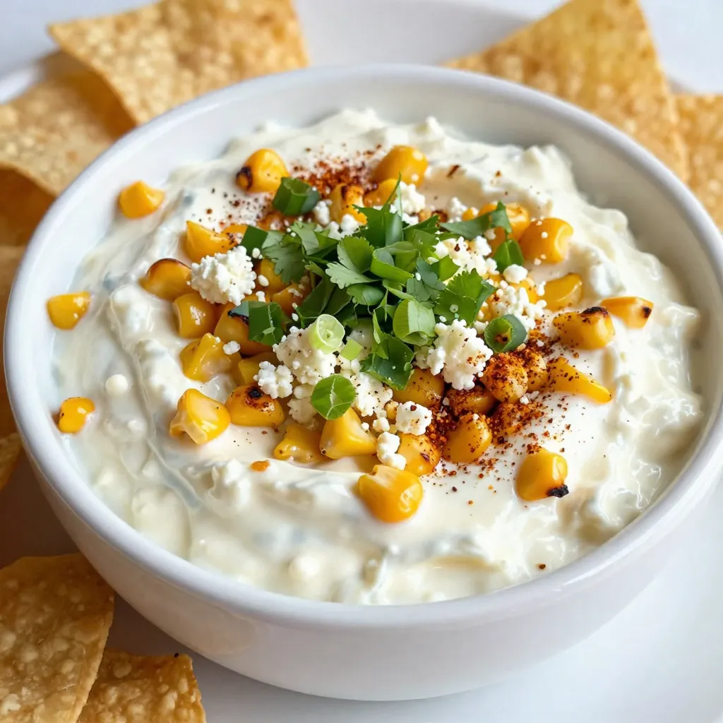 To make Mexican Street Corn Dip, gather these ingredients: - 2 cups corn kernels (fresh or frozen) - 1 tablespoon olive oil - 1/2 teaspoon smoked paprika - 1/4 teaspoon cayenne pepper (optional) - 1 cup sour cream - 1/2 cup mayonnaise - 1/2 cup crumbled cotija cheese - 2 tablespoons fresh lime juice - 2 green onions, chopped - 1/4 cup fresh cilantro, chopped - Salt and pepper to taste Using fresh corn gives the dip a sweet bite. If fresh corn is not available, frozen corn works well too. Choose high-quality sour cream and mayonnaise for a creamy base. Cotija cheese adds a salty taste, so don’t skip it. Fresh lime juice adds brightness, and fresh herbs give a pop of flavor. If you want to switch things up, here are some easy swaps: - Use Greek yogurt instead of sour cream for a healthier option. - Swap mayonnaise for avocado for a creamy, plant-based choice. - Feta cheese can replace cotija if needed. - For a dairy-free option, use vegan sour cream and cheese. These substitutions maintain the dip's tasty essence while catering to different diets. {{ingredient_image_1}} To create this dip, we first roast the corn. Heat a large skillet over medium-high heat. Add one tablespoon of olive oil. Once the oil is hot, toss in two cups of corn kernels. You can use fresh or frozen corn. Cook for about five to seven minutes. Stir the corn often until it gets a nice char. This will add a deep flavor to your dip. Once done, remove it from the heat and let it cool. Next, grab a large bowl. In this bowl, mix one cup of sour cream and half a cup of mayonnaise. Add half a teaspoon of smoked paprika and a quarter teaspoon of cayenne pepper if you want some heat. Squeeze in two tablespoons of fresh lime juice. Season with salt and pepper. Stir everything together until it is smooth and creamy. Now, it’s time to add the corn! Fold in your roasted corn, half a cup of crumbled cotija cheese, two chopped green onions, and a quarter cup of chopped cilantro. Mix gently to keep the corn from breaking apart. Taste the dip and adjust the seasoning if you need to. Roasting corn is simple and fun. The key is to use a hot skillet. This helps to get that lovely char. If you want to add more flavor, you can sprinkle some salt on the corn while it cooks. This will help the corn taste even better. If you can, try to find fresh corn in the summer. It’s sweet and juicy, making your dip amazing. If you can’t find fresh corn, frozen corn works well too. Just make sure to thaw it first. You can also roast the corn on a grill for a smoky flavor. Just put the corn in a grill basket, and watch it closely. This method gives it a nice char and adds a great taste. Once you have mixed everything, cover the bowl with plastic wrap. Place the dip in the fridge for at least 30 minutes. This allows all the flavors to blend together. Chilling the dip makes it taste even better. If you have time, let it chill for a few hours or overnight. Before serving, give the dip a good stir. This helps to mix the ingredients back together. You can add more fresh cilantro or cotija cheese on top for a pretty look. Serve it with tortilla chips, veggies, or even on tacos. Enjoy your delicious Mexican street corn dip! To make the best Mexican street corn dip, start with fresh corn. Roasting the corn adds a nice char and flavor. Use a large skillet over medium-high heat. Add olive oil and the corn kernels. Cook them for 5 to 7 minutes. Stir often until they get slightly charred. Let them cool before mixing with other ingredients. This step makes a big difference. Mix the sour cream, mayonnaise, smoked paprika, lime juice, and salt in a bowl. Stir well to blend the flavors. Then, fold in the roasted corn and crumbled cotija cheese. Don't forget the green onions and cilantro. These fresh herbs add brightness to the dip. Taste and adjust the seasoning as needed. Chill the dip for at least 30 minutes. This helps the flavors meld together beautifully. Serve the dip in a colorful bowl to catch the eye. You can use tortilla chips for dipping. They add a nice crunch and flavor. Add a sprinkle of smoked paprika on top for extra color. If you want to impress, garnish with more cilantro and cotija cheese. This not only looks good but also adds freshness. Tortilla chips are a classic choice for this dip. However, you can also use fresh veggies. Carrot sticks, cucumber slices, or bell pepper strips work well. They offer a healthy crunch and balance the richness of the dip. For a fun twist, try serving with crispy pita chips. They add a different texture and flavor. Enjoy exploring these pairing options to find your favorite! Pro Tips Use Fresh Corn: For the best flavor and texture, use fresh corn when it's in season. If using frozen, make sure it's thawed and drained well. Customize Your Heat: Adjust the cayenne pepper according to your spice preference. If you like it mild, leave it out; if you love heat, add more! Chill for Flavor: Allowing the dip to chill for at least 30 minutes helps the flavors meld together beautifully, enhancing the overall taste. Garnish Generously: Don't skimp on the cilantro and cotija cheese when serving. A generous garnish adds color and elevates the presentation. {{image_2}} If you love heat, add more cayenne pepper. You can also mix in diced jalapeños. For an extra kick, try using hot sauce. Just a splash can change the flavor. This adds a nice fire to the dip. You can adjust the spice to your taste. To make this dip lighter, use Greek yogurt instead of sour cream. You can swap mayonnaise for plain yogurt too. This keeps the creaminess but cuts calories. Another option is to use less cheese. You can still enjoy the flavor without too much fat. For a plant-based dip, replace sour cream and mayonnaise with cashew cream. Blend soaked cashews with lime juice and water until smooth. Use nutritional yeast instead of cotija cheese for a cheesy taste. Add a bit of smoked paprika for depth. This way, you still get all the great flavors without any animal products. To keep your Mexican street corn dip fresh, store it in an airtight container. This helps seal in the flavor and prevents it from absorbing other fridge odors. Before you put it away, let it cool to room temperature. This step helps avoid condensation, which can make your dip watery. You can freeze this dip, but be aware that the texture may change. To freeze, place the dip in a freezer-safe container. Leave some space at the top for expansion. Make sure to label it with a date. It will be good for about three months. When you're ready to eat it, move it to the fridge overnight to thaw. To reheat, use a microwave-safe dish. Heat it in short bursts, stirring often. This method ensures even warming. If the dip seems thick after reheating, add a splash of sour cream or lime juice. Stir well to restore its creamy texture. Enjoy it warm with chips or veggies! Yes, you can use canned corn! Canned corn is easy and quick. Just drain and rinse it before adding it to the dip. This step helps remove extra salt and gives a fresher taste. However, I recommend fresh corn for the best flavor. Fresh corn gives a nice crunch and sweetness. If you choose frozen corn, make sure to thaw it first. You can serve this dip with many tasty options. Tortilla chips are a classic choice. They add a nice crunch. Veggies like carrots or bell peppers are also great for dipping. You can even use pita chips for a twist. This dip pairs well with cold drinks, too. Try it with lemonade or a light beer. The dip lasts about three to five days in the fridge. Keep it in an airtight container. This helps keep it fresh and tasty. Before serving again, give it a good stir. If it looks a bit thick, add a splash of lime juice or sour cream. Enjoy it as a snack or at your next party! We explored how to make a great Mexican Street Corn Dip. We checked the right ingredients, including quality and substitutions. I shared cooking steps and roasting tips for perfect corn. Then, we discussed serving ideas and variations like spicy and healthy options. Finally, I outlined how to store and reheat the dip. This tasty dip is easy to make and fun to share. Enjoy making it!