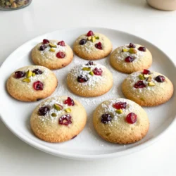 - 1 cup unsalted butter, softened - ½ cup powdered sugar - 2 cups all-purpose flour - ½ cup cornstarch - ½ teaspoon salt - 1 cup dried cranberries, chopped - ½ cup pistachios, coarsely chopped - 1 teaspoon vanilla extract - Zest of 1 orange You can swap some ingredients if needed. Here are a few ideas: - Alternative sweeteners: Use honey or maple syrup for a different taste. - Gluten-free options: Replace all-purpose flour with a gluten-free blend. - Nut variations: Try almonds or walnuts instead of pistachios for a new flavor. These substitutions keep the flavor and texture nice while catering to your needs. Experimenting with these changes can make your shortbread unique. {{ingredient_image_1}} - Preheat your oven to 350°F (175°C) and line a baking sheet with parchment paper. This helps the cookies not stick. - In a large bowl, creamy together 1 cup of softened butter and ½ cup of powdered sugar. Mix until it feels light and fluffy. This step adds air to your dough. - In a new bowl, whisk together 2 cups of all-purpose flour, ½ cup of cornstarch, and ½ teaspoon of salt. This will be your dry mix. - Gradually add the dry ingredients to the butter mixture. Stir gently until just combined. Do not overmix; this keeps your cookies soft. - Fold in 1 cup of chopped dried cranberries and ½ cup of coarsely chopped pistachios. Make sure they mix well into the dough. - Transfer the dough onto a lightly floured surface. Shape it into a log about 1.5 inches in diameter. Wrap it tightly in plastic wrap. Chill the dough in the fridge for at least 30 minutes. This helps it firm up. - Once chilled, slice the dough into ¼ inch thick rounds. Place them on the prepared baking sheet about 1 inch apart. - Bake for 12-15 minutes. Look for lightly golden edges. This means they are ready. - Avoiding overmixing: Mix your dough just until combined. Overmixing makes cookies tough. - Ensuring even baking: Place cookies about 1 inch apart on the sheet. This helps them bake evenly. - Importance of butter temperature: Use softened butter, not melted. Soft butter blends well for a nice texture. - Using fresh ingredients: Fresh cranberries and pistachios boost flavor. Check your pantry before baking. - Creative serving suggestions: Arrange cookies on a festive plate. This adds charm to your dessert table. - Garnishing ideas with cranberries and pistachios: Dust cookies with powdered sugar. Add whole cranberries and pistachios for color. Pro Tips Chill the Dough: For the best texture, make sure to chill the dough for at least 30 minutes. This helps the cookies hold their shape while baking. Use Fresh Ingredients: Using fresh cranberries and high-quality pistachios will elevate the flavor of your shortbread significantly. Uniform Slices: To ensure even baking, slice the dough into uniform rounds. A sharp knife or a bench scraper can help achieve clean cuts. Store Properly: Keep your cooled cookies in an airtight container at room temperature to maintain their freshness for up to a week. {{image_2}} You can change the flavor of your cranberry pistachio shortbread easily. Adding chocolate pieces or chunks makes a rich treat. Dark chocolate works well, but you can use milk or white chocolate too. Try adding a little zest of lemon or lime for a bright twist. This adds a fresh, zesty taste that pairs well with cranberries. While pistachios add a nice crunch, you can switch to almonds or walnuts. Both nuts bring their own flavor and texture. If you swap nuts, keep the cook time the same. Just be sure to chop them into similar sizes so they blend well with the dough. For those who follow a vegan diet, you can make simple changes. Use coconut oil instead of butter and a vegan sugar. This keeps the cookies tasty while meeting diet needs. If you want a low sugar version, try using a sugar substitute. Make sure it measures like sugar for the best results. To keep your cookies fresh, store them at room temperature. Use an airtight container to prevent them from getting stale. They will stay good for about one week. If you live in a humid area, refrigerate them. This method can help keep the cookies crisp. Just make sure you let them sit out for a bit before serving. Freezing is a great way to enjoy these cookies later. To freeze, wrap each cookie in plastic wrap. Then, place them in a freezer bag or container. This keeps them fresh for up to three months. When you’re ready to enjoy, take the cookies out of the freezer. Let them sit at room temperature for about 15 minutes to thaw. They will taste just as good as fresh! Shortbread cookies have a unique texture and taste. They have less sugar and no eggs. This gives them a crumbly, melt-in-your-mouth feel. The key ingredients are butter, flour, and sugar. This simple mix makes them rich and buttery. Other cookies often have more ingredients, like eggs or baking powder. This makes them chewier or fluffier than shortbread. Yes, you can reduce the sugar a bit. Cutting the sugar by a quarter works well. The cookies will still taste good, but they will be less sweet. Just remember, less sugar can change the texture slightly. You may want to add a touch more butter to keep the cookie soft. These cookies can last about a week at room temperature. Just store them in an airtight container. If you want them to last longer, you can freeze them. They stay fresh in the freezer for up to three months. Just remember to thaw them before serving. Enjoy the sweet taste of your cranberry pistachio shortbread! This blog post covered how to make cranberry pistachio shortbread from start to finish. I shared ingredient lists, clear steps, and useful tips. You learned about alternative ingredients for different diets. This cookie is easy to customize and fun to make. In my experience, a little care can make your shortbread great. Follow these steps, and you will enjoy tasty cookies. Keep experimenting, and you’ll find your perfect version. Happy baking!