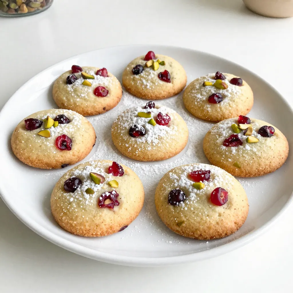 - 1 cup unsalted butter, softened - ½ cup powdered sugar - 2 cups all-purpose flour - ½ cup cornstarch - ½ teaspoon salt - 1 cup dried cranberries, chopped - ½ cup pistachios, coarsely chopped - 1 teaspoon vanilla extract - Zest of 1 orange You can swap some ingredients if needed. Here are a few ideas: - Alternative sweeteners: Use honey or maple syrup for a different taste. - Gluten-free options: Replace all-purpose flour with a gluten-free blend. - Nut variations: Try almonds or walnuts instead of pistachios for a new flavor. These substitutions keep the flavor and texture nice while catering to your needs. Experimenting with these changes can make your shortbread unique. {{ingredient_image_1}} - Preheat your oven to 350°F (175°C) and line a baking sheet with parchment paper. This helps the cookies not stick. - In a large bowl, creamy together 1 cup of softened butter and ½ cup of powdered sugar. Mix until it feels light and fluffy. This step adds air to your dough. - In a new bowl, whisk together 2 cups of all-purpose flour, ½ cup of cornstarch, and ½ teaspoon of salt. This will be your dry mix. - Gradually add the dry ingredients to the butter mixture. Stir gently until just combined. Do not overmix; this keeps your cookies soft. - Fold in 1 cup of chopped dried cranberries and ½ cup of coarsely chopped pistachios. Make sure they mix well into the dough. - Transfer the dough onto a lightly floured surface. Shape it into a log about 1.5 inches in diameter. Wrap it tightly in plastic wrap. Chill the dough in the fridge for at least 30 minutes. This helps it firm up. - Once chilled, slice the dough into ¼ inch thick rounds. Place them on the prepared baking sheet about 1 inch apart. - Bake for 12-15 minutes. Look for lightly golden edges. This means they are ready. - Avoiding overmixing: Mix your dough just until combined. Overmixing makes cookies tough. - Ensuring even baking: Place cookies about 1 inch apart on the sheet. This helps them bake evenly. - Importance of butter temperature: Use softened butter, not melted. Soft butter blends well for a nice texture. - Using fresh ingredients: Fresh cranberries and pistachios boost flavor. Check your pantry before baking. - Creative serving suggestions: Arrange cookies on a festive plate. This adds charm to your dessert table. - Garnishing ideas with cranberries and pistachios: Dust cookies with powdered sugar. Add whole cranberries and pistachios for color. Pro Tips Chill the Dough: For the best texture, make sure to chill the dough for at least 30 minutes. This helps the cookies hold their shape while baking. Use Fresh Ingredients: Using fresh cranberries and high-quality pistachios will elevate the flavor of your shortbread significantly. Uniform Slices: To ensure even baking, slice the dough into uniform rounds. A sharp knife or a bench scraper can help achieve clean cuts. Store Properly: Keep your cooled cookies in an airtight container at room temperature to maintain their freshness for up to a week. {{image_2}} You can change the flavor of your cranberry pistachio shortbread easily. Adding chocolate pieces or chunks makes a rich treat. Dark chocolate works well, but you can use milk or white chocolate too. Try adding a little zest of lemon or lime for a bright twist. This adds a fresh, zesty taste that pairs well with cranberries. While pistachios add a nice crunch, you can switch to almonds or walnuts. Both nuts bring their own flavor and texture. If you swap nuts, keep the cook time the same. Just be sure to chop them into similar sizes so they blend well with the dough. For those who follow a vegan diet, you can make simple changes. Use coconut oil instead of butter and a vegan sugar. This keeps the cookies tasty while meeting diet needs. If you want a low sugar version, try using a sugar substitute. Make sure it measures like sugar for the best results. To keep your cookies fresh, store them at room temperature. Use an airtight container to prevent them from getting stale. They will stay good for about one week. If you live in a humid area, refrigerate them. This method can help keep the cookies crisp. Just make sure you let them sit out for a bit before serving. Freezing is a great way to enjoy these cookies later. To freeze, wrap each cookie in plastic wrap. Then, place them in a freezer bag or container. This keeps them fresh for up to three months. When you’re ready to enjoy, take the cookies out of the freezer. Let them sit at room temperature for about 15 minutes to thaw. They will taste just as good as fresh! Shortbread cookies have a unique texture and taste. They have less sugar and no eggs. This gives them a crumbly, melt-in-your-mouth feel. The key ingredients are butter, flour, and sugar. This simple mix makes them rich and buttery. Other cookies often have more ingredients, like eggs or baking powder. This makes them chewier or fluffier than shortbread. Yes, you can reduce the sugar a bit. Cutting the sugar by a quarter works well. The cookies will still taste good, but they will be less sweet. Just remember, less sugar can change the texture slightly. You may want to add a touch more butter to keep the cookie soft. These cookies can last about a week at room temperature. Just store them in an airtight container. If you want them to last longer, you can freeze them. They stay fresh in the freezer for up to three months. Just remember to thaw them before serving. Enjoy the sweet taste of your cranberry pistachio shortbread! This blog post covered how to make cranberry pistachio shortbread from start to finish. I shared ingredient lists, clear steps, and useful tips. You learned about alternative ingredients for different diets. This cookie is easy to customize and fun to make. In my experience, a little care can make your shortbread great. Follow these steps, and you will enjoy tasty cookies. Keep experimenting, and you’ll find your perfect version. Happy baking!