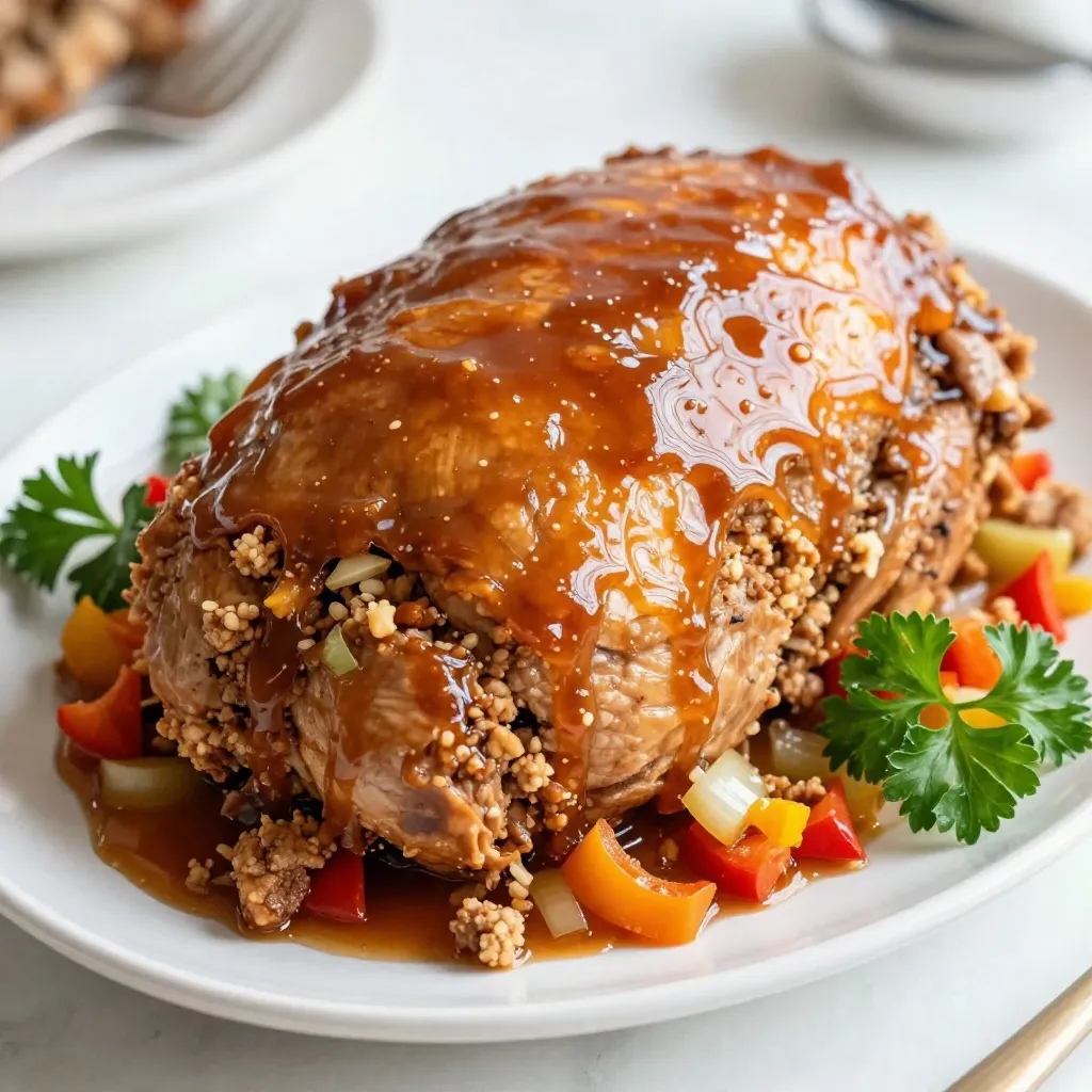When making maple glazed turkey meatloaf, you need simple and fresh ingredients. Here’s what you need: - 1 ½ pounds ground turkey - 1 cup breadcrumbs - ½ cup finely chopped onion - ½ cup finely chopped bell pepper (red or yellow for sweetness) - 2 cloves garlic, minced - 2 large eggs - ¼ cup milk - ¼ cup maple syrup - 1 tablespoon Worcestershire sauce - 1 teaspoon dried thyme - 1 teaspoon salt - ½ teaspoon black pepper - ½ cup ketchup - ¼ cup maple syrup (for glazing) Each ingredient adds its own flavor and texture to the meatloaf. Ground turkey keeps it lean while providing protein. Breadcrumbs help bind everything together. The onion and bell pepper add sweetness and crunch, while garlic gives a nice kick. Eggs and milk make the meatloaf moist. When choosing your maple syrup, look for pure syrup. It adds a richer taste. Dried thyme, salt, and pepper enhance the overall flavor. The ketchup and extra maple syrup glaze gives a beautiful finish. Enjoy the mix of flavors! {{ingredient_image_1}} 1. Preheat your oven to 350°F (175°C). Grease a loaf pan or line it with parchment paper. This helps the meatloaf come out easily. 2. In a large mixing bowl, combine: - 1 ½ pounds ground turkey - 1 cup breadcrumbs - ½ cup finely chopped onion - ½ cup finely chopped bell pepper - 2 cloves garlic, minced - 2 large eggs - ¼ cup milk - ¼ cup maple syrup - 1 tablespoon Worcestershire sauce - 1 teaspoon dried thyme - 1 teaspoon salt - ½ teaspoon black pepper 3. Mix all the ingredients gently. Be careful not to over-mix. This can make your meatloaf dense. 4. Transfer the meat mixture into the prepared loaf pan. Shape it into a loaf form. 5. In a small bowl, combine: - ½ cup ketchup - ¼ cup maple syrup Mix well. Spread this glaze evenly over the top of the meatloaf. 1. Bake in the preheated oven for 45-55 minutes. Check when it reaches an internal temperature of 165°F (75°C). This ensures the turkey is safe to eat. 2. Let the meatloaf rest for about 10 minutes. This step keeps it moist and makes slicing easier. Enjoy your delicious maple glazed turkey meatloaf! To make your maple glazed turkey meatloaf really pop, try different seasonings. You can use herbs like oregano or basil for a new twist. If you want a bit of heat, add some crushed red pepper. Experimenting with spices makes each meatloaf unique. Choosing the right maple syrup is key. Look for pure maple syrup, as it has a deeper flavor. Avoid the fake stuff; it won’t give you the rich taste you want. If you like more sweetness, you can add a touch of brown sugar to the glaze. A dense meatloaf can ruin your meal. To keep it light, be gentle when mixing the ingredients. Over-mixing can lead to a tough texture. Just combine everything until it looks even, and stop there. When it comes to cooking methods, baking is best for this recipe. I recommend a loaf pan for even cooking. Using parchment paper makes removal easy. If you want a crispier edge, you can bake it on a lined baking sheet instead. The heat will circulate better, giving you a nice crust. Pro Tips Use Lean Turkey: Opt for lean ground turkey to keep your meatloaf moist while reducing fat content. This helps in achieving a balanced dish without sacrificing flavor. Chop Vegetables Finely: Finely chopping the onion and bell pepper ensures they blend into the meatloaf seamlessly, enhancing texture and flavor without overpowering the dish. Rest Before Slicing: Allow the meatloaf to rest for about 10 minutes after baking. This resting period lets the juices redistribute, preventing a dry meatloaf when sliced. Experiment with Glazes: Feel free to get creative with the glaze. Try adding a splash of balsamic vinegar or a pinch of smoked paprika to the maple syrup for a unique twist. {{image_2}} You can change the ground turkey to fit your taste. Ground chicken or beef works well. Each meat gives a different flavor and texture. You can even use a mix of meats for more depth. If you want to go leaner, try ground bison. For those needing gluten-free options, swap breadcrumbs with oats or crushed rice crackers. Both options give a nice texture. You can also use gluten-free breadcrumbs found in stores. Just check the label to be sure they are truly gluten-free. Adding vegetables boosts nutrition and flavor. You can mix in grated carrots or chopped spinach. These add moisture and nutrients without changing the taste much. You can also toss in some fresh herbs like parsley or basil for extra flavor. If you're feeling adventurous, try different glazes! Besides maple syrup, you can use barbecue sauce or a sweet chili sauce. A soy sauce glaze gives a savory kick. Experimenting with flavors keeps your meatloaf exciting and fresh every time you make it. To keep your maple glazed turkey meatloaf fresh, store it properly. I recommend slicing the meatloaf first. This helps it cool faster and makes it easy to grab portions. Use airtight containers or wrap slices tightly in plastic wrap. You can refrigerate leftovers for up to four days. If you want to save it longer, freeze it. Wrap the whole loaf or slices in foil, then place them in a freezer bag. This way, it can last for about three months without losing flavor. When you’re ready to enjoy your leftovers, reheating them right is key. Preheat your oven to 350°F (175°C). Place the slices in a baking dish and cover them with foil. This will help keep the meatloaf moist. Heat for about 20 minutes or until warmed through. You can also use the microwave. Heat slices on a plate for about 1-2 minutes. Add a splash of water or broth to keep them juicy. Enjoy every bite of your delicious meatloaf! How to tell when turkey meatloaf is done? You can tell when turkey meatloaf is done by checking its temperature. Use a meat thermometer to check the center. It should read 165°F (75°C). This ensures it is safe to eat. Another way is to look for clear juices when you cut into it. If the juices run clear, it’s ready. Can I use regular bread instead of breadcrumbs? Yes, you can use regular bread instead of breadcrumbs. Just tear the bread into small pieces. Make sure to dry it slightly before using. This helps it blend well with the meat mixture. It’s a great option if you have bread at home. Can I prepare the meatloaf ahead of time? Absolutely! You can prepare the meatloaf ahead of time. Mix all the ingredients and shape the loaf. Wrap it well and store it in the fridge for up to 24 hours. When ready, bake it as normal. This saves time on busy days. You can also freeze the uncooked meatloaf for later use. This blog post covered how to make a tasty turkey meatloaf from scratch. We discussed the simple ingredients needed, step-by-step preparation, and baking processes. I shared tips to boost flavor and improve texture. Variations for ingredients and storage tips were also included. In the end, making turkey meatloaf can be fun and easy. With a few tweaks, you can create a dish your family will love. Enjoy your cooking!