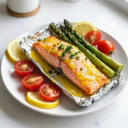 To make Lemon Garlic Salmon Foil Packs, gather these key items: - 4 salmon fillets (6 oz. each) - 2 tablespoons olive oil - 4 cloves garlic, minced - Zest and juice of 2 lemons - 1 teaspoon dried oregano - 1 teaspoon salt - 1/2 teaspoon black pepper - 1 cup cherry tomatoes, halved - 1 cup asparagus spears, trimmed - Fresh parsley, for garnish (optional) - Lemon slices, for garnish (optional) Each ingredient plays a vital role. The salmon provides protein and healthy fats. Garlic adds flavor and health benefits. Lemon offers brightness and tang. The cherry tomatoes and asparagus give color and nutrients. To prepare your foil packs, you will need: - Aluminum foil - Baking sheet - Small mixing bowl - Whisk or fork - Knife and cutting board These tools help make your cooking process smooth and easy. The foil keeps the moisture in, making the salmon tender and juicy. When selecting salmon, look for these signs of freshness: - Bright, vibrant color - Firm texture - Mild ocean smell - Clear, shiny skin Avoid fish that looks dull or has brown spots. Fresh salmon should bounce back when pressed. If you can, buy from a trusted source or local market. This ensures you get the best quality for your meal. {{ingredient_image_1}} First, gather your ingredients. You will need salmon fillets, olive oil, garlic, lemons, oregano, salt, pepper, cherry tomatoes, and asparagus. This recipe is quick and easy. Start by preheating your oven to 400°F (200°C). Next, cut four large sheets of aluminum foil. Each piece should be big enough to fold over the salmon and veggies. In a small bowl, mix the olive oil, minced garlic, lemon zest, lemon juice, dried oregano, salt, and black pepper. This mixture adds great flavor. Now, place one salmon fillet on each foil sheet. Pour the lemon garlic mixture over each fillet. Then, add cherry tomatoes and asparagus around the salmon. Make sure to spread them evenly for the best taste. After preparing the salmon and veggies, fold the foil up and over them. Seal each packet well to keep the moisture inside. This step is key for juicy salmon. Place the foil packs on a baking sheet. Bake them in the preheated oven for 15 to 20 minutes. The cooking time depends on how thick the salmon is. It should be flaky and fully cooked when done. Be careful when opening the packs. Hot steam will escape, so watch your hands. Once the salmon is cooked, you can serve it right from the foil packs. This makes for easy clean-up. For a nice touch, garnish with fresh parsley and lemon slices. They add color and flavor. If you prefer, you can also transfer the salmon and veggies to plates. This dish pairs well with rice or a fresh salad for a complete meal. Enjoy your tasty lemon garlic salmon! To cook salmon perfectly, focus on thickness. Salmon fillets should be about 1 inch thick. Bake them for 15 to 20 minutes at 400°F (200°C). Check for doneness by using a fork. If the fish flakes easily, it’s done. If it’s still raw, close the foil and bake longer. Fresh herbs bring your salmon alive. Try adding dill, thyme, or basil. They add a nice touch that works well with lemon. You can also mix spices into the olive oil. This adds depth to the flavor. A hint of red pepper flakes can add warmth too. One big mistake is overcooking the salmon. Keep an eye on the time. Another mistake is not sealing the foil well. If it's loose, moisture escapes. Lastly, don’t skip the olive oil. It keeps the fish moist and tasty. Always taste your dish before serving to adjust seasoning. Pro Tips Fresh Ingredients: Always use fresh salmon and seasonal vegetables for the best flavor and texture. Customize Your Veggies: Feel free to substitute asparagus and cherry tomatoes with other vegetables like zucchini or bell peppers based on your preference. Check for Doneness: Use a fork to gently flake the salmon; it should be opaque and flake easily when fully cooked. Seal It Tight: Make sure to seal the foil packs well to retain moisture and flavor during baking. {{image_2}} You can change the veggies in your foil packs. Try bell peppers, zucchini, or broccoli. These choices add crunch and flavor. You can even mix veggies for more variety. Use what you love or what’s in season. The lemon and garlic go well with many vegetables. Just make sure to cut them into similar sizes for even cooking. You don’t have to bake your foil packs. Grilling adds a nice smoky taste. Just place the packets on the grill for about 15 minutes. Check for doneness before serving. Air frying is another option. Set it to 375°F and cook for 12-15 minutes. Both methods keep the salmon juicy and flavorful. Want to change the taste? Try different spices! Add paprika for a kick, or dill for a fresh note. You can also use pre-made marinades. Soy sauce or teriyaki sauce gives a sweet and salty flavor. Mix it up and see what you like best. Experimenting makes cooking fun and unique! To store leftover salmon foil packs, first let them cool. Once cooled, place them in an airtight container. You can also wrap each foil pack tightly in plastic wrap. This keeps the salmon fresh for about 2 to 3 days in the fridge. If you want to save them longer, freezing is a great option. For reheating, you have a few options. The best way is to reheat in the oven. Preheat your oven to 350°F (175°C). Place the foil packs on a baking sheet and heat for about 10-15 minutes. This keeps the salmon moist and tasty. You can also use a microwave. Just place the salmon on a microwave-safe plate. Heat for 1-2 minutes, checking often to avoid overcooking. To freeze, wrap each foil pack tightly in plastic wrap. Then, place them in a freezer bag or container. Make sure to remove as much air as possible. Label the bags with dates. You can freeze salmon foil packs for up to 3 months. When ready to eat, thaw in the fridge overnight before reheating. This keeps the salmon flavorful and fresh. You should bake salmon in foil for 15 to 20 minutes at 400°F. The exact time depends on how thick the salmon fillets are. Check that the fish is cooked through and flakes easily with a fork. Yes, you can use different types of fish for this recipe. Options like trout, tilapia, or cod work well. Just keep an eye on cooking times, as they may vary. You can serve Lemon Garlic Salmon Foil Packs with many sides. Here are a few ideas: - Rice or quinoa for a filling option. - A fresh green salad for a light touch. - Garlic bread to soak up the delicious juices. - Steamed vegetables for extra nutrition. Yes, you can prepare these foil packs in advance. Just assemble them and store in the fridge. Bake them within 24 hours for the best taste. When ready, just pop them in the oven! This blog post covered how to make Lemon Garlic Salmon Foil Packs. You learned about essential ingredients, tools, and tips for fresh salmon. We walked through preparation, cooking steps, and serving ideas. I shared tricks for perfect salmon and tasty flavor boosts. You also explored variations and storage methods. In closing, cooking these foil packs is easy and fun. They offer a mix of healthy and flavorful meals. Enjoy exploring different combinations to suit your taste. Happy cooking!