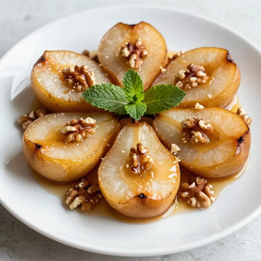 To make honey cinnamon roasted pears, gather these simple items: - 4 ripe pears, halved and cored - ¼ cup honey - 1 teaspoon ground cinnamon - 2 tablespoons unsalted butter, melted - 1 teaspoon vanilla extract For a bit of crunch and flavor, you can add: - ¼ cup chopped walnuts - Fresh mint leaves for garnish If you don’t have some items, try these swaps: - Use maple syrup instead of honey for a different sweetness. - Swap the walnuts for pecans or almonds if you prefer. - Omit butter and use coconut oil for a dairy-free option. {{ingredient_image_1}} First, gather your ingredients. You need four ripe pears, honey, cinnamon, butter, and vanilla extract. If you want, add walnuts for crunch. You will also need fresh mint leaves for garnish. Start by preheating your oven to 350°F (175°C). Now, let’s mix the sauce. In a bowl, combine melted butter, honey, cinnamon, and vanilla. Stir it until it blends well. Cut the pears in half and remove the core. Place the pear halves cut-side up in a baking dish. Drizzle the honey mixture over each pear. Make sure each half is well coated. If you chose to add walnuts, sprinkle them on top of the pears. Cover the dish with aluminum foil. Roast the pears in the oven for 20 minutes. After that, remove the foil and bake for another 10 to 15 minutes. Baste the pears with syrup from the dish once or twice. They should be tender and caramelized when done. Once they are ready, take them out of the oven. Let the pears cool for a few minutes. Serve them warm on a platter. Drizzle the remaining syrup over the pears. Garnish with fresh mint leaves for a nice look. Enjoy your honey cinnamon roasted pears as a sweet treat! Roasting time is key for tender pears. Start by covering the dish with foil. This helps keep the pears moist. After 20 minutes, remove the foil. Bake for another 10 to 15 minutes. Keep an eye on them as they roast. You want them soft but not mushy. Baste the pears once or twice. This helps them soak up the sweet sauce. Always pick ripe pears for the best flavor. Look for pears that give slightly when you press them. Varieties like Bartlett or Anjou work great. They are sweet and soft when cooked. Avoid pears that are hard or overly soft. Hard pears won’t roast well, and overly soft ones may fall apart. You can boost the flavor easily. Add a pinch of nutmeg for warmth. A splash of lemon juice brightens the taste. If you want some crunch, try adding nuts. Walnuts add a nice texture and rich flavor. Fresh mint leaves also bring a pop of color and freshness. Don't be afraid to experiment with spices. Each new twist can create a unique treat! Pro Tips Choose Ripe Pears: Select pears that yield slightly to pressure for the best flavor and texture. Even Coating: Make sure to coat the pears evenly with the honey cinnamon mixture for consistent flavor. Optional Add-Ins: Experiment with adding dried fruits or spices like nutmeg for a unique flavor twist. Serve Warm: Enjoy the pears warm to enhance their sweetness and the richness of the sauce. {{image_2}} You can switch up the flavors in honey cinnamon roasted pears. Try adding nutmeg for warmth. A hint of ginger gives a spicy kick. Want a tropical twist? Use coconut sugar instead of honey. You can also replace vanilla with almond extract for a nutty flavor. Each change brings its own charm. Serve these pears in many ways. They taste great warm or cold. Top them with yogurt for a creamy touch. Serve over pancakes or waffles for a special breakfast. Pair them with vanilla ice cream for a sweet dessert. You can also sprinkle granola on top for crunch. If you want to cut sugar, try maple syrup or agave nectar. Both options add a unique flavor. You can use stevia for a no-calorie choice. Just remember to adjust the amount, as stevia is sweeter than honey. Each sweetener gives a different taste, so try what you like best. You can keep your honey cinnamon roasted pears in the fridge. Place them in an airtight container. This helps keep them fresh. They can last for about three days. If you want to enjoy them later, let them cool before storing. To reheat your pears, take them out of the fridge. Place them in a baking dish. Cover with foil to prevent drying. Heat in the oven at 350°F (175°C) for about 10 minutes. You can also use a microwave. Heat them for 30 seconds to 1 minute. Check if they are warm enough. You can freeze roasted pears, but they may change texture. Allow the pears to cool completely. Place them in a freezer-safe bag or container. Make sure to remove as much air as possible. They can last for up to three months. When ready to eat, thaw them in the fridge overnight. Then, reheat as mentioned above. Yes, you can use other fruits! Apples and peaches work great. Both fruits roast well. They will soak up the honey and cinnamon flavors too. Just cut them in half and follow the same steps. The taste will change, but it will still be delicious. Serve the roasted pears warm for the best taste. Place them on a nice platter. Drizzle the leftover syrup over the pears. Add fresh mint leaves for color. This makes them look fancy! You can enjoy them as dessert or even for breakfast. They pair well with yogurt or ice cream. To keep pears from browning, use lemon juice. Squeeze some on the cut sides right after you slice them. It slows down the browning. You can also store them in cold water. But, don't soak them for too long. Use these tips to keep your pears looking fresh and ready to roast! In this blog post, we explored the key ingredients and detailed steps for roasting pears. We covered basic ingredients, optional add-ins, and clever substitutions. I shared tips on perfect roasting and enhancing flavors. You learned creative variations and how to store your pears. My final thought is simple: roasted pears are easy to make and delight any meal. Try it out, and you’ll enjoy a tasty treat!
