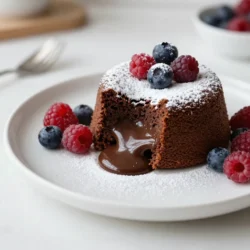 To make the rich Chocolate Espresso Lava Cake, you need the following: - 1/2 cup unsalted butter - 1 cup semi-sweet chocolate chips - 2 large eggs - 2 large egg yolks - 1/2 cup granulated sugar - 1 tablespoon all-purpose flour - 1 tablespoon espresso powder - 1 teaspoon vanilla extract - Pinch of salt These ingredients work together to create that delightful molten center. Garnishes can add flair to your lava cake. Here are some ideas: - Powdered sugar - Fresh berries These toppings make the dessert even prettier and tastier. You can swap some ingredients if needed. Here are a few options: - Use coconut oil instead of butter for a dairy-free cake. - Dark chocolate can replace semi-sweet chocolate for a bolder taste. - If you are out of espresso powder, strong coffee can work in a pinch. These swaps can help you customize the cake to your taste or needs. {{ingredient_image_1}} First, preheat your oven to 425°F (220°C). This step gets your oven ready for baking. Next, take four ramekins and grease them with unsalted butter. Dust them with cocoa powder to stop the cake from sticking. In a microwave-safe bowl, put 1/2 cup of unsalted butter and 1 cup of semi-sweet chocolate chips. Heat this mixture in 30-second bursts. Stir in between each burst until it becomes smooth. While that melts, grab a separate bowl. Whisk together 2 large eggs, 2 large egg yolks, and 1/2 cup of granulated sugar. Keep whisking until it thickens and turns a light color. Once the chocolate mix is ready, pour it into the egg mix. Stir until fully combined. Then add 1 tablespoon of all-purpose flour, 1 tablespoon of espresso powder, 1 teaspoon of vanilla extract, and a pinch of salt. Mix until it's just combined, but avoid overmixing. Now, divide the batter evenly among the ramekins. Place the filled ramekins on a baking sheet. Bake them in the preheated oven for 12 to 14 minutes. Look for edges that are firm while the center remains soft. After baking, take the ramekins out of the oven. Let them rest for 1 minute. Carefully invert each ramekin onto a plate and gently lift them off. To serve, dust the cakes with powdered sugar. Top with fresh berries if you like. Enjoy this treat right away for the best molten center! To get that perfect molten center, timing is key. Bake the cakes for 12 to 14 minutes. The edges should be firm, but the center must be soft. If you bake too long, the center may cook through. Use a toothpick to check if it's done. Insert it into the side, not the center. If it comes out clean, it’s overcooked. One common mistake is not greasing the ramekins well. Always use butter and dust with cocoa powder. This will help the cakes release easily. Another mistake is overmixing the batter. You want to mix just enough. Overmixing can make the cakes dense. Lastly, don’t skip the resting time after baking. Letting them sit for a minute helps the cakes set. When preparing ramekins, start by greasing them. Use unsalted butter to coat the insides. Then, dust them with cocoa powder, not flour. This adds flavor and helps with sticking. Make sure to fill the ramekins evenly. This ensures they bake at the same rate. Lastly, place them on a baking sheet for easy handling. Pro Tips Use Quality Chocolate: The flavor of your lava cake heavily relies on the chocolate you use. Opt for high-quality semi-sweet chocolate chips for the best taste. Don’t Overbake: Keep an eye on the cakes as they bake. The center should be soft and gooey, so it's crucial to pull them out when the edges are set but the middle remains slightly jiggly. Let Them Rest: Allow the cakes to rest for just a minute after baking. This helps them hold their shape when you invert them onto plates. Experiment with Flavors: Feel free to add a splash of orange liqueur or a pinch of sea salt on top for a unique twist that complements the chocolate and espresso flavors. {{image_2}} You can change the flavor of your lava cake easily. Try adding a splash of orange zest for a citrus twist. You can also mix in a tablespoon of mint extract for a refreshing taste. If you love nuts, fold in some chopped hazelnuts or walnuts. Each addition makes the cake unique and fun. If you need a gluten-free version, swap the all-purpose flour for gluten-free flour. This simple change keeps the cake rich and tasty. Just make sure to check that your chocolate chips are gluten-free too. Your friends will love this version just as much! Serving your lava cake with sauce can elevate it. A rich chocolate sauce pairs well and enhances the chocolate flavor. For a fruity touch, try a raspberry sauce. The tartness of the berries balances the sweetness of the cake. You can drizzle caramel sauce for a sweet, buttery flavor. Each sauce adds a new layer of taste. To keep your chocolate espresso lava cakes fresh, store them in the fridge. Place them in an airtight container. This helps keep their rich flavor and moist texture. Make sure they cool completely before sealing them. You can store them for up to three days. If you want to enjoy them later, consider freezing. When you are ready to eat a lava cake, use the oven for best results. Preheat your oven to 350°F (175°C). Place the lava cake on a baking sheet. Heat it for about 8 to 10 minutes. This method warms the cake without cooking the center more. You can also use a microwave. Heat on low power for about 30 seconds. Check if it's warm enough, and be careful not to overheat. If you want to freeze your lava cakes, first let them cool completely. Wrap each cake tightly in plastic wrap. Then, place them in a freezer-safe bag. They can stay in the freezer for up to three months. To thaw, move the cakes to the fridge overnight. After thawing, use the reheating instructions to warm them up. This way, they stay delicious and gooey! If your lava cake doesn’t ooze, it may have baked too long. The key is to keep the center soft. You want the edges to be firm, but the middle should still jiggle a bit. Next time, try checking it a minute earlier. The perfect time is usually between 12 to 14 minutes. If you notice a rise but no ooze, it might be time to adjust your oven. Yes, you can prep the batter ahead of time. Mix everything and pour it into the ramekins. Cover them and store them in the fridge for up to 24 hours. Just remember, you'll need to bake them straight from the fridge. This means adding a minute or two to your baking time. This method makes it easy to impress guests with minimal stress! To tell if your lava cake is done, look for these signs. The edges should look firm and the top should be set but soft in the center. You can gently shake the ramekin; if the center jiggles just a little, it's ready. Trust me, that soft center is what creates the delightful lava effect when you cut into it! In this blog post, we covered essential ingredients, step-by-step instructions, and helpful tips for making the perfect lava cake. We explored ingredient substitutions and variations, plus how to store your cakes properly. Remember, avoiding common mistakes and using the right techniques can lead to a delicious, gooey center. Try mixing in your favorite flavors or sauces to make this dessert your own. Now you’re ready to impress your friends with your baking skills! Enjoy your tasty creations!
