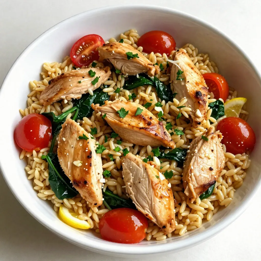 - 1 lb chicken breast, diced - 1 cup orzo pasta - 3 cups chicken broth - 3 cloves garlic, minced - 1 lemon, zested and juiced - 1 cup cherry tomatoes, halved - 1 cup spinach leaves - 2 tablespoons olive oil - 1 teaspoon dried oregano - Salt and pepper to taste - Fresh parsley, chopped (for garnish) When selecting chicken, look for fresh, organic options. Choose orzo that is firm and dry. For garlic, pick bulbs that are firm with no soft spots. Look for lemons that are heavy for their size; they yield more juice. Use bright cherry tomatoes for a sweet burst in each bite. Fresh spinach should be vibrant and crisp. - Large skillet - Measuring cups and spoons - Sharp knife and cutting board - Wooden spoon for stirring - Zester or grater for lemon zest Optional tools that can enhance your cooking experience include a kitchen scale for precise measurements and a timer to keep track of cooking times. A good-quality non-stick skillet can make cooking and cleaning easier. {{ingredient_image_1}} To start, you need to dice the chicken breast. Cut the chicken into small, bite-sized pieces. This helps it cook evenly. Season the chicken with salt, pepper, and dried oregano. Use enough seasoning to cover all sides. Heat olive oil in a large skillet over medium-high heat. Once the oil is hot, add the seasoned chicken. Cook for about 5 to 7 minutes. You want the chicken to brown nicely. Stir it halfway through to cook it evenly. When it's golden and cooked through, remove it from the skillet and set it aside. Next, itβs time to cook the orzo. Add minced garlic to the same skillet. SautΓ© it for about 1 minute. It should smell fragrant but not burn. Then, pour in the orzo and stir it well. You want the orzo to soak in the garlic flavor. Cook it for 1 to 2 minutes, stirring often. Now, slowly add the chicken broth to the skillet. Stir gently as you pour. Bring the mixture to a boil, then reduce the heat to a simmer. Let it cook for about 10 minutes until the orzo is al dente. Stir occasionally and check the consistency. If it gets too thick, add a bit more broth. Once the orzo is cooked, itβs time to combine everything. Return the chicken to the skillet. Add the lemon juice, lemon zest, cherry tomatoes, and spinach. Stir gently to mix all the ingredients. Cook until the spinach wilts, which takes about 2 to 3 minutes. Make sure to taste the dish. Adjust the seasoning if needed. You can add more salt, pepper, or lemon juice to your liking. Let the dish sit for a couple of minutes before serving. This helps the flavors blend well. To make this dish shine, adjust the seasonings. You can add more garlic for a stronger taste. If you love spice, a pinch of red pepper flakes can add warmth. To balance the acidity of the lemon, use a touch of honey or sugar. This will soften the tang and add depth. Want to save time? Prep your ingredients before you start cooking. Dice the chicken and chop the garlic ahead of time. You can also cook the orzo in the chicken broth for extra flavor. If you prefer, use an instant pot. Cook the chicken and orzo together in just one step! Serve your Lemon Garlic Chicken Orzo Skillet in shallow bowls. This makes it look nice and is easy to eat. Garnish with fresh parsley and a lemon wedge. You can pair this dish with a crisp salad or garlic bread. A glass of white wine also complements the flavors well. Pro Tips Use Fresh Ingredients: Fresh garlic, spinach, and cherry tomatoes will enhance the flavor and nutritional value of your dish. Cook Orzo Al Dente: Make sure to cook the orzo just until it's al dente for the best texture; it will continue to absorb liquid and soften after cooking. Adjust Lemon to Taste: Feel free to add more lemon juice or zest according to your preference for brightness and acidity in the dish. Garnish for Visual Appeal: A sprinkle of fresh parsley not only adds color but also brings a fresh flavor that complements the dish beautifully. {{image_2}} You can easily change the protein in this dish. For a lighter option, use tofu. It absorbs flavors well and is a great meat substitute. Shrimp is another tasty choice. Cook it quickly in the skillet for a seafood twist. If you want a meatless meal, swap chicken for chickpeas or lentils. They add protein and fiber, making your dish hearty and healthy. You can also use a mix of your favorite vegetables as the main focus. Bell peppers and zucchini work well here. Spices and herbs can change the flavor profile. Try adding smoked paprika for warmth or red pepper flakes for heat. Fresh herbs like basil or thyme give a bright taste that pairs well with lemon. For vegetables, consider asparagus or broccoli. They add a nice crunch and color to the dish. You can add them in when you stir in the spinach. This way, they will cook just enough. Enjoy experimenting with flavors to find your favorite mix! To keep your Lemon Garlic Chicken Orzo Skillet fresh, store it right. Use an airtight container. This helps lock in flavor and moisture. You can refrigerate it for up to three days. If you want to keep it longer, freeze it. It will last for about two months in the freezer. Just make sure to label the container with the date. When it's time to enjoy leftovers, reheating is key. The best way to reheat this dish is on the stove. Place it in a skillet over low heat. Add a splash of chicken broth or water. Stir it gently until it's warm. This method keeps the orzo from getting mushy. You can also use the microwave. Place it in a microwave-safe bowl and cover it. Heat in short bursts, stirring in between. Always check the temperature. Food should reach 165Β°F (75Β°C) before eating. If you have leftovers, make sure to cool them quickly before storing. This helps prevent bacteria growth. Enjoy your meal safely! Can I use other types of pasta? Yes, you can use other pastas like rice or quinoa. Just adjust cooking times. Orzo cooks fast, so ensure the other pasta cooks in a similar time frame. For example, if you use penne, cook it a little longer than orzo. How do I make the dish dairy-free? To make it dairy-free, skip any cheese. You can add nutritional yeast for a cheesy flavor. Another option is to use coconut milk for creaminess. It adds a nice twist without dairy. What to do if the orzo is overcooked? If the orzo is mushy, you can try to save it. Drain any excess liquid, then spread it on a baking sheet to cool. This helps firm it up. You can also turn it into a soup by adding more broth. Solutions for too much acidity or seasoning If the dish is too acidic, add a pinch of sugar. This will balance the flavor. If it's too salty, add more broth or water. Cooking more veggies can also help absorb excess salt. Ideas for sides or salads that complement the dish A simple green salad with a light vinaigrette works well. You can also serve garlic bread or roasted vegetables on the side. These add texture and flavor, making the meal even better. Recommendations for wine or beverage pairings Pair this dish with a crisp white wine like Sauvignon Blanc. Its zesty notes match the lemon flavor. For a non-alcoholic option, try sparkling water with lemon. This adds a refreshing touch to your meal. To sum up, this guide covered everything you need to make a delicious dish. We explored the important ingredients and the tools that help you cook. I showed you how to properly cook chicken and orzo for great flavor. You learned tips for perfect seasoning and quick cooking hacks. Donβt forget the fun variations and how to store leftovers. Keep this information handy, and youβll impress everyone with your cooking skills! Enjoy making this meal and sharing it with others.