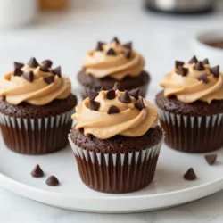 - 1 cup all-purpose flour - 1 cup granulated sugar - 1/2 cup unsweetened cocoa powder - 1 tsp baking powder - 1/2 tsp baking soda - 1/4 tsp salt - 1/2 cup unsalted butter, softened - 2 large eggs - 1/2 cup whole milk - 1 tsp vanilla extract - 1/2 cup creamy peanut butter - 1/4 cup powdered sugar - 1/4 cup milk (for frosting) - 1/2 cup chocolate chips (optional, for topping) To make these cupcakes, gather all the ingredients first. The key to a great cupcake is using fresh ingredients. Check the dates on your baking powder and flour. You want the best flavors! For the cupcakes, you need flour, sugar, cocoa powder, baking powder, baking soda, and salt. These dry items create a tasty base. You will also use butter, eggs, milk, vanilla extract, and peanut butter for moisture and flavor. Make sure your butter is soft. It mixes better with the other ingredients. For the frosting, you need powdered sugar and milk. This mix will create a smooth and creamy topping. If you want to add a little fun, use chocolate chips on top. They add crunch and look great! Gather everything before you start. It makes the process smooth and simple. Plus, it cuts down on mess! {{ingredient_image_1}} - Preheat the oven to 350°F (175°C). - Line a 12-cup muffin tin with cupcake liners. - In a large bowl, whisk together: - 1 cup all-purpose flour - 1 cup granulated sugar - 1/2 cup unsweetened cocoa powder - 1 tsp baking powder - 1/2 tsp baking soda - 1/4 tsp salt - In a separate bowl, beat 1/2 cup softened butter until creamy. - Add 2 large eggs, 1/2 cup whole milk, and 1 tsp vanilla extract. Mix until smooth. - Gradually add the dry mix to the wet mix. - Stir until just combined. Be careful not to overmix. - Divide the batter into muffin cups, filling each about 2/3 full. - Bake in the preheated oven for 18-20 minutes. - In a bowl, mix 1/2 cup creamy peanut butter, 1/4 cup powdered sugar, and 1/4 cup milk. - Beat until smooth and fluffy. Adjust milk for desired consistency. - Once the cupcakes cool, frost them generously with the peanut butter frosting. - Top with chocolate chips if desired. To make your cupcakes fluffy, avoid overmixing the batter. Mix just until combined. This keeps air in the batter, making it light. Also, use room temperature ingredients. Cold butter or eggs can lead to dense cupcakes. Let them sit out for about 30 minutes before baking. Using a piping bag for frosting gives a nice look. It lets you create swirls or peaks easily. If you want a fun touch, drizzle melted chocolate on top. It adds a rich look and flavor. You can also sprinkle some chopped peanuts for extra crunch. To warm up the flavor, add a pinch of cinnamon. This little spice can make a big difference. You can also mix in chopped peanuts for some texture. They provide a nice crunch that pairs well with the cupcakes. Both tips will boost the taste and make your treats special! Pro Tips Use Room Temperature Ingredients: Ensure your butter and eggs are at room temperature for better mixing, leading to a smoother batter and fluffier cupcakes. Don’t Overmix: Mix the batter just until combined. Overmixing can lead to dense cupcakes, so be gentle with your mixing. Cool Completely Before Frosting: Allow the cupcakes to cool completely before frosting to prevent the frosting from melting and sliding off. Experiment with Toppings: Feel free to get creative with toppings! Consider adding crushed peanuts or a drizzle of chocolate sauce for an extra layer of flavor. {{image_2}} To make these cupcakes gluten-free, simply swap out the all-purpose flour. You can use a gluten-free baking blend instead. This option keeps the cupcakes light and tasty. Make sure the blend you pick has a good mix of flours for the best texture. If you want a vegan twist, there are easy swaps. First, use flax eggs instead of regular eggs. To make flax eggs, mix one tablespoon of flaxseed meal with three tablespoons of water. Let it sit for five minutes. Next, replace the butter with coconut oil. For the milk, use any plant-based milk. Almond, soy, or oat milk work well. This way, you can enjoy the same rich flavors while keeping it vegan. Mini cupcakes are a fun twist! Just adjust the baking time. Fill mini muffin tins with the batter and bake for about 12-15 minutes. Keep an eye on them; they bake faster than regular cupcakes. These bite-sized treats are perfect for parties or snacks. To keep your chocolate peanut butter cupcakes fresh, store them in an airtight container at room temperature. This method helps maintain their soft texture and rich flavor. Avoid placing them in direct sunlight or heat. You can freeze unfrosted cupcakes for up to 3 months. Wrap them well in plastic wrap and place them in a freezer-safe bag. If you frost them, enjoy within a week if stored in the fridge. The frosting will stay fresh and tasty, but it’s best to frost just before serving. If you want a warm treat, microwave individual cupcakes for a few seconds before serving. This step brings back their moist texture and makes the frosting a bit melty. Just be careful not to overheat them. Enjoy these delightful cupcakes any time with ease! Chocolate peanut butter cupcakes last about three to four days at room temperature. To keep them fresh, store them in an airtight container. If you refrigerate them, they can last up to a week. For longer storage, freeze the unfrosted cupcakes. They stay good for up to three months in the freezer. Yes, you can make the batter ahead of time. Mix the dry and wet ingredients separately. Store them in the fridge for a day. When you're ready, combine them and bake. This saves time and lets you enjoy fresh cupcakes whenever you want. If you have allergies or dislike peanut butter, there are great alternatives. You can use almond butter or cashew butter for a similar taste. Sunflower seed butter is another option for nut-free diets. Each of these will change the flavor a bit, but they still make tasty cupcakes. You’ve learned how to make delicious chocolate peanut butter cupcakes with just a few steps. We covered the essential ingredients, handy baking tips, and fun variations. Remember, using room-temperature items helps create the perfect texture. Feel free to explore gluten-free or vegan options if needed. Whether you frost with peanut butter or add chocolate chips, enjoy your treats! Happy baking!