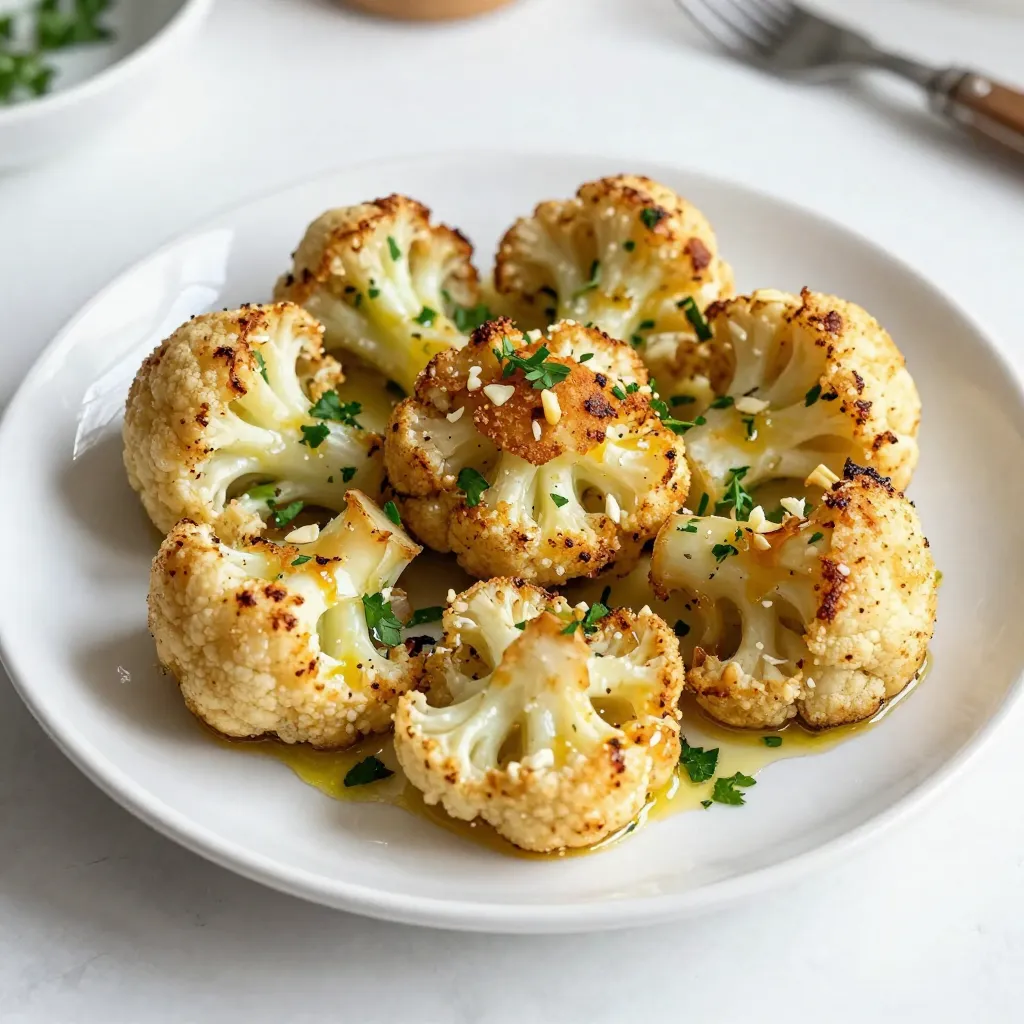 For a tasty Garlic Parmesan Roasted Cauliflower, you need simple ingredients. Here’s what you will need: - 1 large head of cauliflower, cut into florets - 4 cloves garlic, minced - 1/3 cup grated Parmesan cheese - 1/4 cup olive oil - 1 teaspoon Italian seasoning - 1/2 teaspoon red pepper flakes (optional) - Salt and pepper to taste - Fresh parsley, chopped (for garnish) Each ingredient adds flavor and makes this dish special. The cauliflower serves as the base. Garlic gives it a bold taste. Parmesan adds a rich, cheesy note. Olive oil helps everything roast nicely. Italian seasoning brings in herbs for extra aroma. Red pepper flakes, if you choose, add heat. Salt and pepper balance all the flavors. Lastly, fresh parsley gives a pop of color and freshness when you serve it. These ingredients work together beautifully, making your side dish both easy and delicious. Get ready to enjoy a fun cooking experience! {{ingredient_image_1}} 1. Start by preheating your oven to 425°F (220°C). This high heat helps the cauliflower roast nicely. 2. Line a baking sheet with parchment paper. This makes cleanup easy and helps the cauliflower not stick. 3. In a large bowl, take your cauliflower florets and add minced garlic, olive oil, Italian seasoning, red pepper flakes, salt, and pepper. Mix well until all the florets are coated. 1. Spread the seasoned cauliflower in a single layer on the lined baking sheet. Give them room to roast evenly. 2. Place the baking sheet in the oven and roast for about 25-30 minutes. Halfway through, stir the cauliflower to ensure even roasting. You want them to be golden brown and tender. 1. In the last five minutes of roasting, sprinkle the grated Parmesan cheese over the cauliflower. This will melt and create a tasty crust. 2. Once done, take the baking sheet out of the oven. Garnish your roasted cauliflower with fresh chopped parsley before serving. This adds a pop of color and flavor. To get the best texture, choose a large head of cauliflower. Cut it into small florets. Smaller pieces roast better and cook faster. They become crispy on the outside and tender inside. For perfect seasoning, use fresh garlic. Minced garlic packs a big flavor punch. Olive oil helps the spices stick and adds richness. Don’t skip the salt and pepper, as they enhance all the flavors. This dish pairs well with many main dishes. It complements chicken, fish, or pasta. You can serve it next to a fresh salad or grain bowl for a balanced meal. For the best accompaniments, try a squeeze of lemon juice. This adds brightness and freshness. You can also top it with a dollop of yogurt or a sprinkle of nuts for extra texture. Pro Tips Use Fresh Garlic: Freshly minced garlic will give a stronger and more aromatic flavor compared to pre-minced garlic from a jar. Customize the Cheese: Feel free to experiment with other cheeses like Pecorino or Gruyère for a different flavor profile. Control the Heat: Adjust the amount of red pepper flakes according to your preference for spiciness; omit them for a milder dish. Garnish for Freshness: Adding fresh parsley not only enhances the presentation but also adds a burst of freshness to the dish. {{image_2}} You can easily modify this recipe to meet different diets. If you want a vegan version, skip the Parmesan cheese. Instead, try nutritional yeast. It adds a cheesy flavor without dairy. You can also use a vegan cheese that melts well for a similar taste. For a gluten-free option, this recipe is already safe! The ingredients do not contain gluten. Just ensure that any additional spices or herbs you add are gluten-free. Always check labels to be sure. To change up the flavor, consider adding more herbs. Oregano or thyme works great with garlic. You can also add a pinch of cumin for a warm taste. Want some zest? A squeeze of lemon juice can brighten the dish. If you want to switch the cheese, try using Asiago or Pecorino. Both add a nice kick. You can also mix in some shredded mozzarella for extra creaminess. Experimenting with these flavors makes the dish fun and unique! To keep your garlic Parmesan roasted cauliflower fresh, store it in an airtight container. Make sure to let it cool to room temperature first. This helps prevent moisture build-up, which can make the cauliflower soggy. For the best flavor, eat leftovers within three days. If you want to keep it longer, consider freezing it. Place the cooled cauliflower in a freezer-safe bag or container. It can last up to three months in the freezer. When reheating, aim to keep the cauliflower crispy. The best method is to use an oven. Preheat your oven to 350°F (175°C). Spread the cauliflower on a baking sheet and heat for about 10-15 minutes. This method helps restore its crunch. You can also use a microwave for quick reheating. Just cover it with a damp paper towel and heat for 1-2 minutes. Be careful not to overcook it, or the texture may become mushy. Enjoy your tasty side dish! You can prepare garlic Parmesan roasted cauliflower a few hours in advance. Cut the cauliflower into florets and mix it with garlic, olive oil, and spices. Place the mixture in the fridge. When you're ready to cook, just spread the florets on a baking sheet and roast. This method saves time and makes for a quick meal. Yes, you can use frozen cauliflower. However, thaw it first and drain any excess water. Frozen cauliflower may not get as crispy as fresh, but it will still taste great. Adjust the cooking time, as frozen florets might need a few extra minutes to roast. While Parmesan is a classic choice, feel free to experiment! Cheddar adds a sharp flavor. Feta cheese offers a salty kick, while mozzarella gives a creamy texture. Try mixing different cheeses for a unique taste that suits your preference. In this blog post, you learned how to make garlic Parmesan roasted cauliflower. We covered the key ingredients, easy preparation steps, and roasting tips. I shared variations for different diets and discussed how to store and reheat leftovers. Trying new recipes can be fun and rewarding. With this dish, you enjoy taste and health. I hope you explore these ideas and make them your own. Happy cooking!
