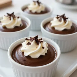 To make Chocolate Espresso Pots de Crème, you'll need the following ingredients: - 1 cup heavy cream - 1 cup whole milk - 1/2 cup granulated sugar - 2 tablespoons instant espresso powder - 6 oz dark chocolate (70% cocoa), finely chopped - 4 large egg yolks - 1 teaspoon vanilla extract - Pinch of salt - Whipped cream and dark chocolate shavings for garnish Using high-quality dark chocolate makes a big difference. Aim for at least 70% cocoa. This chocolate adds rich flavor and depth. Fresh instant espresso powder gives a strong coffee kick. Store it in a cool, dry place to keep it fresh. The heavy cream and whole milk blend well. They create a smooth and creamy texture. Always use large eggs for the best richness. The yolks help thicken the custard. You can swap the heavy cream for coconut cream for a dairy-free option. Use almond milk instead of whole milk if you prefer. For a sweeter taste, try using brown sugar instead of granulated sugar. If you don’t have espresso powder, you can use strong brewed coffee, but the flavor may differ. You can also use semi-sweet chocolate if you want a sweeter dessert. If you want to skip the egg yolks, try using a cornstarch mixture for a vegan version. {{ingredient_image_1}} 1. Combine Ingredients: In a medium saucepan, mix the heavy cream, whole milk, sugar, and instant espresso powder. Heat this over medium heat. Stir occasionally until it gets hot but does not boil. This should take about 5 minutes. 2. Melt Chocolate: Once hot, take the saucepan off the heat. Add the finely chopped dark chocolate. Stir until the chocolate melts completely. The mixture should look smooth and rich. 3. Whisk Egg Yolks: In another bowl, whisk the egg yolks until they are well mixed. Slowly pour the warm chocolate mix into the egg yolks. Whisk while you pour to prevent the eggs from cooking. 4. Mix and Strain: Stir in the vanilla extract and a pinch of salt. To make it perfect, strain the mix through a fine-mesh sieve into a large measuring cup or bowl. This helps remove any lumps. 5. Preheat Oven: Turn your oven to 325°F (160°C). This step gets your oven ready for baking. 6. Prepare Ramekins: Pour the mixture evenly into ramekins or small cups. You should get about 6 to 8 servings, depending on the size. Place these in a baking dish. 7. Add Water: Carefully fill the baking dish with hot water. The water should come halfway up the sides of the ramekins. This helps cook the pots de crème gently. 8. Bake: Put the baking dish in the oven. Bake for 25 to 30 minutes. The pots de crème should be set but still a little jiggly in the center. 9. Cool and Refrigerate: Take them out of the oven and let them cool to room temperature. After that, refrigerate for at least 4 hours or overnight. This helps them fully set. 10. Serve: To enjoy, top with a dollop of whipped cream and sprinkle dark chocolate shavings on top. For each step, I recommend taking clear photos or videos. This helps guide you through the process. Show the mixing, melting, and pouring stages. Visuals make cooking easier and more fun. - Boiling the Cream: Make sure the cream mixture does not boil. This can change the texture. - Not Whisking Enough: When mixing the egg yolks with the chocolate, whisk continuously. This prevents curdling. - Skipping the Straining: Always strain your mixture. This step ensures a smooth texture. - Overbaking: Keep an eye on the time. Overbaking can make your pots de crème too firm. Following these steps carefully will help you create a delightful dessert. Enjoy the rich and decadent taste of chocolate espresso pots de crème! - Use fresh ingredients: Fresh cream and eggs make a big difference in flavor. - Choose good chocolate: Use dark chocolate with at least 70% cocoa for rich taste. - Don’t rush the heating: Heat the milk and cream gently. Avoid boiling. - Whisk well: When mixing egg yolks, whisk until they are smooth and pale. - Strain the mixture: Straining removes lumps and ensures a silky texture. - Add a dollop of whipped cream: This adds lightness to the rich chocolate. - Garnish with chocolate shavings: Dark chocolate shavings make a beautiful touch. - Serve in small cups: Use ramekins for an elegant look. - Pair with coffee: A cup of coffee complements the espresso flavor nicely. - Medium saucepan: You need this for heating the cream and milk. - Whisk: A good whisk helps combine ingredients smoothly. - Fine-mesh sieve: This is essential for straining the mixture. - Ramekins or small cups: These hold the pots de crème while baking. - Baking dish: Use this for the water bath to cook the pots de crème evenly. Pro Tips Use Quality Chocolate: The flavor of the chocolate is crucial in this dessert. Choose a high-quality dark chocolate with at least 70% cocoa for a rich and intense taste. Tempering the Eggs: When adding the warm chocolate mixture to the egg yolks, do it slowly while whisking continuously. This prevents the eggs from cooking too quickly and ensures a smooth custard. Water Bath Technique: Ensure the water in the baking dish reaches halfway up the sides of the ramekins. This helps maintain a gentle and even cooking temperature, resulting in a creamy texture. Chill for Best Results: Allow the pots de crème to chill in the refrigerator for at least 4 hours, preferably overnight. This not only sets the dessert but also enhances the flavors. {{image_2}} You can change the taste of your Chocolate Espresso Pots de Crème easily. Try using flavored espresso. Vanilla or hazelnut can add a nice kick. You can also swap out the dark chocolate. Milk chocolate gives a sweeter taste. White chocolate offers a creamy flavor. Mix and match to find your favorite combo. If you're looking for dairy-free options, use coconut milk instead of cream and milk. Almond milk works too, but it may change the taste. To make this vegan, swap the eggs with silken tofu or a mix of cornstarch and almond milk. These options keep the pots creamy without using dairy or eggs. You can dress these pots up for special occasions. In spring, add fresh berries on top. Raspberries or strawberries brighten the dessert. For fall, sprinkle pumpkin spice for a cozy feel. During winter, serve with peppermint candy for a festive touch. Each season offers a chance to make these pots unique! Store leftover pots de crème in the fridge. Use an airtight container to keep them fresh. You can also cover each ramekin with plastic wrap. This keeps moisture out and helps maintain flavor. They will stay tasty for a few days. You can freeze pots de crème, but it may change the texture. To freeze, wrap each ramekin tightly. Place them in a freezer bag or container. When ready to eat, thaw them in the fridge overnight. Reheat gently in the oven at a low temperature, if needed. Do not microwave, as this can ruin the dessert. Pots de crème last about 4-5 days in the fridge. If frozen, they can last up to a month. However, for the best taste, enjoy them fresh. The flavors are most vibrant within the first few days after making them. Pots de crème and pudding differ in texture and ingredients. Pots de crème have a rich, creamy feel. They use egg yolks, which make them denser. Puddings are often lighter and creamier. They usually have cornstarch for thickening. Pots de crème need baking in water baths, while puddings cook on the stove. This method gives pots de crème a silkier texture. Yes, you can make these pots de crème in advance. They set very well overnight. Make them a day ahead for best results. After baking, let them cool to room temperature. Then, chill in the fridge for at least four hours. This allows the flavors to meld and the texture to firm up. Serve pots de crème in their cups for a nice look. Top each with whipped cream for creaminess. Add dark chocolate shavings for a decorative touch. You can also pair them with fresh berries for a burst of flavor. It makes this treat even more delightful. You now know how to make delicious chocolate espresso pots de crème. We covered key ingredients, cooking steps, and important tips to avoid mistakes. Remember to try different flavors and variations to find your perfect mix. Storage tips help keep leftovers fresh, and now you’re ready to impress friends and family. Enjoy this rich dessert any time!