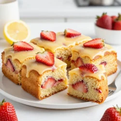 - 1 ½ cups all-purpose flour - 1 teaspoon baking powder - ½ teaspoon baking soda - ¼ teaspoon salt - ½ cup unsalted butter, softened - 1 cup granulated sugar - 2 large eggs - 1 teaspoon vanilla extract - ½ cup buttermilk - Zest of 1 lemon - 2 tablespoons fresh lemon juice - 1 ½ cups fresh strawberries, hulled and sliced - 1 cup powdered sugar - 2 tablespoons fresh lemon juice (for icing) - 1 tablespoon milk (optional, for smoothness) Gathering the right ingredients is key to making this delightful cake. I use all-purpose flour for a light and fluffy texture. Baking powder, baking soda, and salt help the cake rise perfectly. The unsalted butter adds richness, while granulated sugar sweetens the cake. Eggs and vanilla extract bind all the flavors together. For that tangy twist, I add buttermilk, lemon zest, and lemon juice. Fresh strawberries bring bright color and flavor. Finally, for the icing, powdered sugar and lemon juice create a sweet glaze. If you want a creamier icing, feel free to add a bit of milk. With these ingredients, you can create a lemon strawberry sheet cake that is fresh and flavorful. Each bite bursts with fruity goodness and zesty lemon notes. {{ingredient_image_1}} 1. First, preheat your oven to 350°F (180°C). This step is key for even baking. 2. Grease and flour a 9x13 inch baking sheet to prevent sticking. 3. Next, in a medium bowl, whisk together the dry ingredients: - 1 ½ cups all-purpose flour - 1 teaspoon baking powder - ½ teaspoon baking soda - ¼ teaspoon salt 4. Set this bowl aside. 5. In a large bowl, cream together the softened butter and sugar until light and fluffy. This takes about 3-4 minutes. 1. Now, beat in the eggs one at a time, mixing well after each. 2. Stir in the vanilla extract, lemon zest, and lemon juice. This adds a bright taste. 3. Gradually mix in the dry ingredients, alternating with the buttermilk. Start and end with the flour. 4. Mix until just combined to keep the cake light. 5. Gently fold in the sliced strawberries to ensure even distribution. 1. Pour the batter into the prepared baking sheet and spread it out evenly. 2. Bake for 25-30 minutes. Check for doneness by inserting a toothpick in the center; it should come out clean. 3. After baking, let the cake cool in the pan for about 10 minutes. 4. Transfer it to a wire rack to cool completely. This helps keep it from getting soggy. To get the right texture in your lemon strawberry sheet cake, start with room temperature ingredients. This means your butter and eggs should not be cold. Room temperature butter mixes better with sugar. It helps to create a light and fluffy batter. Be careful not to overmix the batter. Once you add the dry ingredients, mix just until you see no flour. Overmixing can lead to a dense cake. Gently fold in the strawberries at the end. This keeps them intact and juicy. You can boost the flavor by adding more citrus. Consider using orange zest or juice for a fun twist. You can also mix in other fruits like raspberries or blueberries. These fruits will add color and taste. For the icing, try adding a splash of vanilla extract. This will deepen the icing's flavor. You can also add a pinch of salt to balance the sweetness. To check if your cake is done, use a toothpick. Insert it into the center of the cake. If it comes out clean, the cake is ready. If it has batter on it, bake for a few more minutes. Make sure your oven is at the right temperature. An oven thermometer can help you check this. If it runs hot or cold, your cake might not bake evenly. Adjust your baking time based on your oven's performance. Pro Tips Use Fresh Ingredients: For the best flavor, use fresh strawberries and real buttermilk. This makes a noticeable difference in taste and texture. Don’t Overmix: When combining the wet and dry ingredients, mix just until combined. Overmixing can lead to a dense cake. Cool Completely: Allow the cake to cool completely before icing to prevent the icing from melting. This ensures a beautiful presentation. Adjust Icing Consistency: If your icing is too thick, add milk gradually to achieve the desired drizzling consistency for an elegant finish. {{image_2}} You can make this cake dairy-free. Use almond milk mixed with vinegar as a buttermilk substitute. This option keeps the cake moist and tasty. If you want to try a new flavor, swap strawberries for blueberries or raspberries. Each berry gives a different twist to the cake. You can also add a splash of orange juice for an extra citrus kick. If you want a change from the lemon icing, try cream cheese frosting. It adds a tangy taste that pairs well with lemon. Whipped cream is another light option. You can also flavor your icing with a hint of vanilla or almond extract. These small changes can make your cake unique and fun. Serve the cake with a scoop of vanilla ice cream. The cold ice cream contrasts nicely with the warm cake. You can also make a dessert trifle. Layer cake pieces with whipped cream and fresh berries in a glass. For gatherings, cut the cake into fun shapes. Use cookie cutters for a playful look. These ideas make your lemon strawberry sheet cake a hit at any event! Store leftover lemon strawberry sheet cake in an airtight container. This keeps it moist and fresh. You can use a glass or plastic container. If you don't have one, wrap the cake tightly in plastic wrap. Make sure to seal all edges to prevent air from entering. At room temperature, the cake lasts about three days. If you store it in the fridge, it can last up to a week. For longer storage, you can freeze the cake. Wrap it well in plastic wrap and then in aluminum foil. This helps avoid freezer burn. You can freeze it for up to three months. To refresh your cake, warm it in the microwave for 10 to 15 seconds. This brings back some of the soft texture. If it seems dry, add a bit of icing or a drizzle of lemon juice. You can also serve it with fresh strawberries. This adds moisture and flavor. Enjoy your cake as if it were fresh from the oven! Yes, you can use frozen strawberries. They add great flavor, too. To adjust the recipe, thaw the strawberries first. Drain excess liquid to keep the batter from getting too wet. Chop the strawberries into smaller pieces. This helps them mix well into the cake. Yes, you can make this cake gluten-free. Use a gluten-free flour blend instead of all-purpose flour. Look for blends that include xanthan gum; it helps with texture. Mix the dry ingredients well to ensure even distribution of the gluten-free flour. Serving this cake is easy and fun. You can dust it with extra powdered sugar for a sweet touch. Fresh mint leaves also add nice color and flavor. Serve it with a scoop of vanilla ice cream or whipped cream on the side. Enjoy the bright flavors! In this post, we explored how to make a delicious lemon strawberry sheet cake. We covered the ingredients, steps, and tips you need for success. Now, you can bake with confidence! Remember to experiment with flavors and enjoy your creation. Whether you go for fresh strawberries or a twist with other fruits, the joy of baking awaits. With the right storage and serving ideas, every slice can be a delight. Embrace the process and have fun sharing this tasty treat with others. Happy baking!