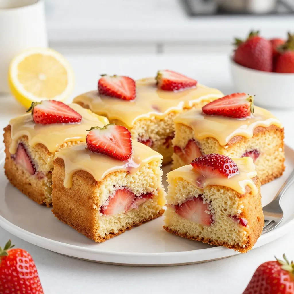- 1 ½ cups all-purpose flour - 1 teaspoon baking powder - ½ teaspoon baking soda - ¼ teaspoon salt - ½ cup unsalted butter, softened - 1 cup granulated sugar - 2 large eggs - 1 teaspoon vanilla extract - ½ cup buttermilk - Zest of 1 lemon - 2 tablespoons fresh lemon juice - 1 ½ cups fresh strawberries, hulled and sliced - 1 cup powdered sugar - 2 tablespoons fresh lemon juice (for icing) - 1 tablespoon milk (optional, for smoothness) Gathering the right ingredients is key to making this delightful cake. I use all-purpose flour for a light and fluffy texture. Baking powder, baking soda, and salt help the cake rise perfectly. The unsalted butter adds richness, while granulated sugar sweetens the cake. Eggs and vanilla extract bind all the flavors together. For that tangy twist, I add buttermilk, lemon zest, and lemon juice. Fresh strawberries bring bright color and flavor. Finally, for the icing, powdered sugar and lemon juice create a sweet glaze. If you want a creamier icing, feel free to add a bit of milk. With these ingredients, you can create a lemon strawberry sheet cake that is fresh and flavorful. Each bite bursts with fruity goodness and zesty lemon notes. {{ingredient_image_1}} 1. First, preheat your oven to 350°F (180°C). This step is key for even baking. 2. Grease and flour a 9x13 inch baking sheet to prevent sticking. 3. Next, in a medium bowl, whisk together the dry ingredients: - 1 ½ cups all-purpose flour - 1 teaspoon baking powder - ½ teaspoon baking soda - ¼ teaspoon salt 4. Set this bowl aside. 5. In a large bowl, cream together the softened butter and sugar until light and fluffy. This takes about 3-4 minutes. 1. Now, beat in the eggs one at a time, mixing well after each. 2. Stir in the vanilla extract, lemon zest, and lemon juice. This adds a bright taste. 3. Gradually mix in the dry ingredients, alternating with the buttermilk. Start and end with the flour. 4. Mix until just combined to keep the cake light. 5. Gently fold in the sliced strawberries to ensure even distribution. 1. Pour the batter into the prepared baking sheet and spread it out evenly. 2. Bake for 25-30 minutes. Check for doneness by inserting a toothpick in the center; it should come out clean. 3. After baking, let the cake cool in the pan for about 10 minutes. 4. Transfer it to a wire rack to cool completely. This helps keep it from getting soggy. To get the right texture in your lemon strawberry sheet cake, start with room temperature ingredients. This means your butter and eggs should not be cold. Room temperature butter mixes better with sugar. It helps to create a light and fluffy batter. Be careful not to overmix the batter. Once you add the dry ingredients, mix just until you see no flour. Overmixing can lead to a dense cake. Gently fold in the strawberries at the end. This keeps them intact and juicy. You can boost the flavor by adding more citrus. Consider using orange zest or juice for a fun twist. You can also mix in other fruits like raspberries or blueberries. These fruits will add color and taste. For the icing, try adding a splash of vanilla extract. This will deepen the icing's flavor. You can also add a pinch of salt to balance the sweetness. To check if your cake is done, use a toothpick. Insert it into the center of the cake. If it comes out clean, the cake is ready. If it has batter on it, bake for a few more minutes. Make sure your oven is at the right temperature. An oven thermometer can help you check this. If it runs hot or cold, your cake might not bake evenly. Adjust your baking time based on your oven's performance. Pro Tips Use Fresh Ingredients: For the best flavor, use fresh strawberries and real buttermilk. This makes a noticeable difference in taste and texture. Don’t Overmix: When combining the wet and dry ingredients, mix just until combined. Overmixing can lead to a dense cake. Cool Completely: Allow the cake to cool completely before icing to prevent the icing from melting. This ensures a beautiful presentation. Adjust Icing Consistency: If your icing is too thick, add milk gradually to achieve the desired drizzling consistency for an elegant finish. {{image_2}} You can make this cake dairy-free. Use almond milk mixed with vinegar as a buttermilk substitute. This option keeps the cake moist and tasty. If you want to try a new flavor, swap strawberries for blueberries or raspberries. Each berry gives a different twist to the cake. You can also add a splash of orange juice for an extra citrus kick. If you want a change from the lemon icing, try cream cheese frosting. It adds a tangy taste that pairs well with lemon. Whipped cream is another light option. You can also flavor your icing with a hint of vanilla or almond extract. These small changes can make your cake unique and fun. Serve the cake with a scoop of vanilla ice cream. The cold ice cream contrasts nicely with the warm cake. You can also make a dessert trifle. Layer cake pieces with whipped cream and fresh berries in a glass. For gatherings, cut the cake into fun shapes. Use cookie cutters for a playful look. These ideas make your lemon strawberry sheet cake a hit at any event! Store leftover lemon strawberry sheet cake in an airtight container. This keeps it moist and fresh. You can use a glass or plastic container. If you don't have one, wrap the cake tightly in plastic wrap. Make sure to seal all edges to prevent air from entering. At room temperature, the cake lasts about three days. If you store it in the fridge, it can last up to a week. For longer storage, you can freeze the cake. Wrap it well in plastic wrap and then in aluminum foil. This helps avoid freezer burn. You can freeze it for up to three months. To refresh your cake, warm it in the microwave for 10 to 15 seconds. This brings back some of the soft texture. If it seems dry, add a bit of icing or a drizzle of lemon juice. You can also serve it with fresh strawberries. This adds moisture and flavor. Enjoy your cake as if it were fresh from the oven! Yes, you can use frozen strawberries. They add great flavor, too. To adjust the recipe, thaw the strawberries first. Drain excess liquid to keep the batter from getting too wet. Chop the strawberries into smaller pieces. This helps them mix well into the cake. Yes, you can make this cake gluten-free. Use a gluten-free flour blend instead of all-purpose flour. Look for blends that include xanthan gum; it helps with texture. Mix the dry ingredients well to ensure even distribution of the gluten-free flour. Serving this cake is easy and fun. You can dust it with extra powdered sugar for a sweet touch. Fresh mint leaves also add nice color and flavor. Serve it with a scoop of vanilla ice cream or whipped cream on the side. Enjoy the bright flavors! In this post, we explored how to make a delicious lemon strawberry sheet cake. We covered the ingredients, steps, and tips you need for success. Now, you can bake with confidence! Remember to experiment with flavors and enjoy your creation. Whether you go for fresh strawberries or a twist with other fruits, the joy of baking awaits. With the right storage and serving ideas, every slice can be a delight. Embrace the process and have fun sharing this tasty treat with others. Happy baking!