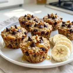 - 2 ripe bananas, mashed - 1 cup rolled oats - 1/2 cup milk (dairy or non-dairy) - 1/4 cup honey or maple syrup - 1/4 cup almond butter - 1 teaspoon vanilla extract - 1/2 teaspoon baking powder - 1/2 teaspoon cinnamon - 1/4 teaspoon salt - 1/2 cup dark chocolate chips - Optional: chopped nuts for topping To make Chocolate Chip Banana Oat Cups, you need simple, healthy ingredients. First, get 2 ripe bananas. They should be soft and sweet. Mash them well; this will add moisture and flavor. Next, use 1 cup of rolled oats. Oats give texture and help bind the cups. For added creaminess, include 1/2 cup of milk. You can choose dairy or a non-dairy option like almond milk. Sweeten with 1/4 cup of honey or maple syrup. This will balance the flavors. Add 1/4 cup almond butter for richness. It provides healthy fats and a nutty taste. Don't forget 1 teaspoon of vanilla extract for that warm, comforting aroma. Next, you need 1/2 teaspoon of baking powder; this helps the cups rise. Sprinkle in 1/2 teaspoon cinnamon for warmth and flavor. A pinch of salt, about 1/4 teaspoon, will enhance all the tastes. Finally, fold in 1/2 cup dark chocolate chips. These add a delightful sweetness and gooeyness. If you like, top with chopped nuts for extra crunch. These ingredients come together to create a flavorful breakfast treat that is both satisfying and nutritious. {{ingredient_image_1}} - Preheat the Oven Set your oven to 350°F (175°C). This helps cook the oat cups evenly. - Combine Wet Ingredients In a bowl, mash 2 ripe bananas. Add 1 cup rolled oats, 1/2 cup milk, 1/4 cup honey or maple syrup, 1/4 cup almond butter, and 1 teaspoon vanilla extract. Mix well until smooth. - Mix Dry Ingredients Add 1/2 teaspoon baking powder, 1/2 teaspoon cinnamon, and 1/4 teaspoon salt to the wet mixture. Stir until everything is blended. - Fold in Chocolate Chips Gently add 1/2 cup dark chocolate chips to the mix. Save some chips for later. - Fill the Muffin Tin Use a spoon or measuring cup to fill the muffin tin cups. Fill each cup about 3/4 full to allow room to rise. - Add Toppings Sprinkle the reserved chocolate chips on top of each cup. If you like nuts, add chopped nuts now. - Bake the Oat Cups Place the muffin tin in the oven. Bake for 15-20 minutes. The edges should turn golden brown. A toothpick inserted in the middle should come out clean. - Cooling Method After baking, let the oat cups cool in the tin for a few minutes. Then, transfer them to a wire rack to cool completely. Enjoy them warm or at room temperature! Choosing the Right Bananas You want ripe bananas for this recipe. Look for yellow bananas with brown spots. The spots mean they are sweeter and easier to mash. If your bananas are green, they won’t be as sweet. Adjusting Sweetness You can change the sweetness based on your taste. If you like it sweeter, add more honey or maple syrup. If you prefer less sweetness, cut back on the sweetener. Always taste the mixture before baking! Greasing vs. Lining the Muffin Tin You can either grease the muffin tin or use cupcake liners. Greasing helps the cups come out easily. Lining makes for easy cleanup. Choose what works best for you! Presentation Ideas Serve your oat cups warm or at room temperature. Place them on a pretty plate. Drizzle some extra honey on top and add fresh banana slices. This makes them look and taste even better! Pairing with Beverages These oat cups pair well with many drinks. Try them with a glass of milk or a smoothie. Coffee or tea also works great. Pick what you enjoy most to complete your breakfast! Pro Tips Use Overripe Bananas: The riper the bananas, the sweeter your oat cups will be. Look for bananas with brown spots for the best flavor. Customize Your Nut Butter: Feel free to experiment with different nut butters like peanut or cashew for varied flavors and textures. Make Ahead for Busy Mornings: These oat cups can be made in advance and stored in the fridge. Just reheat them in the microwave for a quick breakfast. Add Extra Toppings: Consider adding shredded coconut, dried fruit, or seeds on top before baking for added texture and flavor. {{image_2}} Using Different Nut Butters You can swap almond butter for other nut butters. Peanut butter adds a rich, nutty taste. Cashew butter offers a creamy texture. Sunflower seed butter is a great nut-free option. Each choice gives a unique flavor. It’s fun to try different kinds! Substituting Sweeteners Honey adds a sweet touch, but you can use maple syrup too. Agave nectar works well if you want a mild flavor. For a low-calorie option, try stevia or monk fruit. Adjust the amount based on your taste. These swaps can change the oat cups' sweetness level. Adding Spices Cinnamon adds warmth and depth. You can also try nutmeg for a cozy vibe. A pinch of ginger brings a nice zing. Cardamom adds a floral note. Spice combinations can elevate the taste, making each bite exciting. Incorporating Fruits or Nuts Chopped apples or berries can brighten the flavor. Dried fruits like raisins or cranberries add sweetness. Toss in nuts like walnuts or pecans for crunch. Each addition makes the oat cups more fun and tasty. Mix and match to find your favorite combo! To keep your chocolate chip banana oat cups fresh, store them in an airtight container. This will help prevent them from drying out. Place a piece of parchment paper between layers if you stack them. This keeps them from sticking together. How long will they last? In the fridge, these tasty cups stay fresh for about 4 to 5 days. If you notice any changes in smell or texture, it's best to toss them. Want to save some for later? You can freeze your oat cups! First, let them cool completely. Then, wrap each cup in plastic wrap or place them in a freezer-safe bag. This prevents freezer burn and keeps them safe. When you're ready to enjoy, how do you thaw them? Simply take a cup out of the freezer and place it in the fridge overnight. For a quick option, you can microwave it for about 30 seconds. Enjoy your delicious treat any time! Can I use frozen bananas? Yes, you can use frozen bananas. Just thaw them first. Frozen bananas work well in recipes. They add great flavor and moisture. Are these oat cups gluten-free? Yes, these oat cups can be gluten-free. Use certified gluten-free rolled oats. This way, you ensure they are safe for those with gluten allergies. How can I make them vegan? To make these oat cups vegan, swap the honey for maple syrup. Also, use non-dairy milk like almond or oat milk. This keeps the recipe plant-based and delicious. Caloric Breakdown Each oat cup has about 150 calories. The exact number may vary based on specific ingredients. They provide energy without too much sugar. Health Benefits of Ingredients - Bananas: High in potassium and fiber, great for digestion. - Oats: Packed with whole grains, they help lower cholesterol. - Almond Butter: A good source of healthy fats and protein. - Dark Chocolate: Rich in antioxidants, it’s a sweet treat that supports heart health. These ingredients make the oat cups not only tasty but also nutritious. Enjoying them helps fuel your morning! You now have a complete guide to making delicious oat cups. We covered the must-have ingredients, step-by-step instructions, and helpful tips. I shared ways to make your recipe healthier and how to store your treats for later. Remember, this recipe is flexible. Feel free to make it your own with different flavors and toppings. Enjoy baking and sharing these tasty oat cups with friends and family!