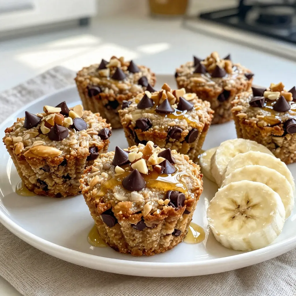 - 2 ripe bananas, mashed - 1 cup rolled oats - 1/2 cup milk (dairy or non-dairy) - 1/4 cup honey or maple syrup - 1/4 cup almond butter - 1 teaspoon vanilla extract - 1/2 teaspoon baking powder - 1/2 teaspoon cinnamon - 1/4 teaspoon salt - 1/2 cup dark chocolate chips - Optional: chopped nuts for topping To make Chocolate Chip Banana Oat Cups, you need simple, healthy ingredients. First, get 2 ripe bananas. They should be soft and sweet. Mash them well; this will add moisture and flavor. Next, use 1 cup of rolled oats. Oats give texture and help bind the cups. For added creaminess, include 1/2 cup of milk. You can choose dairy or a non-dairy option like almond milk. Sweeten with 1/4 cup of honey or maple syrup. This will balance the flavors. Add 1/4 cup almond butter for richness. It provides healthy fats and a nutty taste. Don't forget 1 teaspoon of vanilla extract for that warm, comforting aroma. Next, you need 1/2 teaspoon of baking powder; this helps the cups rise. Sprinkle in 1/2 teaspoon cinnamon for warmth and flavor. A pinch of salt, about 1/4 teaspoon, will enhance all the tastes. Finally, fold in 1/2 cup dark chocolate chips. These add a delightful sweetness and gooeyness. If you like, top with chopped nuts for extra crunch. These ingredients come together to create a flavorful breakfast treat that is both satisfying and nutritious. {{ingredient_image_1}} - Preheat the Oven Set your oven to 350°F (175°C). This helps cook the oat cups evenly. - Combine Wet Ingredients In a bowl, mash 2 ripe bananas. Add 1 cup rolled oats, 1/2 cup milk, 1/4 cup honey or maple syrup, 1/4 cup almond butter, and 1 teaspoon vanilla extract. Mix well until smooth. - Mix Dry Ingredients Add 1/2 teaspoon baking powder, 1/2 teaspoon cinnamon, and 1/4 teaspoon salt to the wet mixture. Stir until everything is blended. - Fold in Chocolate Chips Gently add 1/2 cup dark chocolate chips to the mix. Save some chips for later. - Fill the Muffin Tin Use a spoon or measuring cup to fill the muffin tin cups. Fill each cup about 3/4 full to allow room to rise. - Add Toppings Sprinkle the reserved chocolate chips on top of each cup. If you like nuts, add chopped nuts now. - Bake the Oat Cups Place the muffin tin in the oven. Bake for 15-20 minutes. The edges should turn golden brown. A toothpick inserted in the middle should come out clean. - Cooling Method After baking, let the oat cups cool in the tin for a few minutes. Then, transfer them to a wire rack to cool completely. Enjoy them warm or at room temperature! Choosing the Right Bananas You want ripe bananas for this recipe. Look for yellow bananas with brown spots. The spots mean they are sweeter and easier to mash. If your bananas are green, they won’t be as sweet. Adjusting Sweetness You can change the sweetness based on your taste. If you like it sweeter, add more honey or maple syrup. If you prefer less sweetness, cut back on the sweetener. Always taste the mixture before baking! Greasing vs. Lining the Muffin Tin You can either grease the muffin tin or use cupcake liners. Greasing helps the cups come out easily. Lining makes for easy cleanup. Choose what works best for you! Presentation Ideas Serve your oat cups warm or at room temperature. Place them on a pretty plate. Drizzle some extra honey on top and add fresh banana slices. This makes them look and taste even better! Pairing with Beverages These oat cups pair well with many drinks. Try them with a glass of milk or a smoothie. Coffee or tea also works great. Pick what you enjoy most to complete your breakfast! Pro Tips Use Overripe Bananas: The riper the bananas, the sweeter your oat cups will be. Look for bananas with brown spots for the best flavor. Customize Your Nut Butter: Feel free to experiment with different nut butters like peanut or cashew for varied flavors and textures. Make Ahead for Busy Mornings: These oat cups can be made in advance and stored in the fridge. Just reheat them in the microwave for a quick breakfast. Add Extra Toppings: Consider adding shredded coconut, dried fruit, or seeds on top before baking for added texture and flavor. {{image_2}} Using Different Nut Butters You can swap almond butter for other nut butters. Peanut butter adds a rich, nutty taste. Cashew butter offers a creamy texture. Sunflower seed butter is a great nut-free option. Each choice gives a unique flavor. It’s fun to try different kinds! Substituting Sweeteners Honey adds a sweet touch, but you can use maple syrup too. Agave nectar works well if you want a mild flavor. For a low-calorie option, try stevia or monk fruit. Adjust the amount based on your taste. These swaps can change the oat cups' sweetness level. Adding Spices Cinnamon adds warmth and depth. You can also try nutmeg for a cozy vibe. A pinch of ginger brings a nice zing. Cardamom adds a floral note. Spice combinations can elevate the taste, making each bite exciting. Incorporating Fruits or Nuts Chopped apples or berries can brighten the flavor. Dried fruits like raisins or cranberries add sweetness. Toss in nuts like walnuts or pecans for crunch. Each addition makes the oat cups more fun and tasty. Mix and match to find your favorite combo! To keep your chocolate chip banana oat cups fresh, store them in an airtight container. This will help prevent them from drying out. Place a piece of parchment paper between layers if you stack them. This keeps them from sticking together. How long will they last? In the fridge, these tasty cups stay fresh for about 4 to 5 days. If you notice any changes in smell or texture, it's best to toss them. Want to save some for later? You can freeze your oat cups! First, let them cool completely. Then, wrap each cup in plastic wrap or place them in a freezer-safe bag. This prevents freezer burn and keeps them safe. When you're ready to enjoy, how do you thaw them? Simply take a cup out of the freezer and place it in the fridge overnight. For a quick option, you can microwave it for about 30 seconds. Enjoy your delicious treat any time! Can I use frozen bananas? Yes, you can use frozen bananas. Just thaw them first. Frozen bananas work well in recipes. They add great flavor and moisture. Are these oat cups gluten-free? Yes, these oat cups can be gluten-free. Use certified gluten-free rolled oats. This way, you ensure they are safe for those with gluten allergies. How can I make them vegan? To make these oat cups vegan, swap the honey for maple syrup. Also, use non-dairy milk like almond or oat milk. This keeps the recipe plant-based and delicious. Caloric Breakdown Each oat cup has about 150 calories. The exact number may vary based on specific ingredients. They provide energy without too much sugar. Health Benefits of Ingredients - Bananas: High in potassium and fiber, great for digestion. - Oats: Packed with whole grains, they help lower cholesterol. - Almond Butter: A good source of healthy fats and protein. - Dark Chocolate: Rich in antioxidants, it’s a sweet treat that supports heart health. These ingredients make the oat cups not only tasty but also nutritious. Enjoying them helps fuel your morning! You now have a complete guide to making delicious oat cups. We covered the must-have ingredients, step-by-step instructions, and helpful tips. I shared ways to make your recipe healthier and how to store your treats for later. Remember, this recipe is flexible. Feel free to make it your own with different flavors and toppings. Enjoy baking and sharing these tasty oat cups with friends and family!