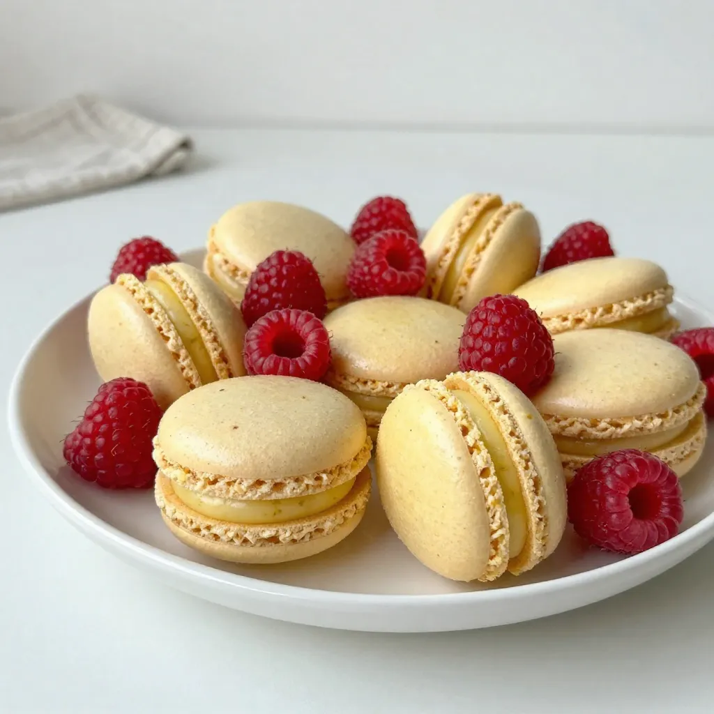 - 1 cup almond flour - 1 3/4 cup powdered sugar - 3 large egg whites, at room temperature - 1/4 cup granulated sugar - Pinch of salt - Yellow food coloring (optional) - 1/2 cup fresh raspberries These main ingredients are key for making delicious lemon raspberry macarons. Almond flour gives them a light, airy texture. Powdered sugar adds sweetness and helps to create a smooth shell. The egg whites are essential for the meringue. They whip up to form soft peaks, giving macarons their signature look. The granulated sugar stabilizes the egg whites, ensuring they hold their shape. A pinch of salt enhances the flavor, while yellow food coloring adds a cheerful touch. - Different food colorings - Other fruit purees (strawberry, blueberry) - Various extracts (vanilla, almond) You can mix things up with optional ingredients. A splash of different food coloring can create a fun look. Other fruit purees can be used to change the flavor. For instance, using strawberry puree will give you berry-flavored macarons. Different extracts can add unique tastes, like vanilla for a classic twist. - 1 cup unsalted butter, softened - 2 cups powdered sugar - 2 tablespoons fresh lemon juice - Zest of 1 lemon This filling brings the macarons to life. The unsalted butter is creamy and soft, which creates a rich base. The powdered sugar sweetens the filling while keeping it smooth. Fresh lemon juice adds a tangy kick, and lemon zest gives it a bright flavor. Together, they make a luscious filling that pairs perfectly with the raspberry flavor. {{ingredient_image_1}} Start by preheating your oven to 300°F (150°C). Line two baking sheets with parchment paper. If you want, use a template to pipe even circles. This helps your macarons look neat. Next, grab a medium bowl. Sift together 1 cup of almond flour and 1 ¾ cups of powdered sugar. This step removes lumps and makes your macarons smooth. Set this mixture aside while you move to the next step. In a clean mixing bowl, add 3 large egg whites and a pinch of salt. Use an electric mixer on medium speed. Beat until frothy, then slowly add ¼ cup of granulated sugar. Increase the speed to high. Whisk until soft peaks form. If you want, add yellow food coloring. Keep whisking until stiff peaks form. The mixture should shine. Now, gently fold the sifted almond flour mixture into the whipped egg whites. Use a spatula and be careful not to deflate the meringue. Fold until the mixture flows like lava. It should also form a figure-eight shape when lifted. Transfer your batter to a piping bag fitted with a round tip. Pipe small circles onto the prepared sheets. Leave space between each one. Tap the sheets lightly on the counter to remove air bubbles. Let the piped macarons sit at room temperature for 30-60 minutes. You want a skin to form on the surface that doesn’t stick to your fingers. Bake the macarons in your preheated oven for 15-20 minutes. They should form a "foot" and lift easily off the parchment. Be sure to rotate the sheets halfway through for even baking. Once baked, let them cool completely on the sheets before removing them. In a bowl, beat 1 cup of softened unsalted butter until creamy. Gradually add 2 cups of powdered sugar, 2 tablespoons of fresh lemon juice, and the zest of 1 lemon. Mix until smooth and fluffy. This filling gives your macarons a bright flavor. Match macaron shells of similar sizes. Pipe about a teaspoon of lemon filling onto one shell. Place another shell on top to make a sandwich. Repeat this for all the shells. Put the assembled macarons in the refrigerator for at least 24 hours. This helps the flavors mix well. Before serving, bring them to room temperature for the best taste. Making macarons can be tricky. Here are some common mistakes to avoid: - Not measuring ingredients correctly: Always use a kitchen scale for accuracy. - Not sifting dry ingredients: This step helps avoid lumps and ensures a smooth batter. - Overmixing the batter: Fold gently until the mixture flows like lava. - Skipping the resting step: Let your piped macarons sit before baking to form a skin. The foot is the ruffled base of the macaron. To get it right: - Use a proper oven temperature: 300°F (150°C) works well for baking macarons. - Rotate the baking sheets halfway through: This ensures even baking for all macarons. - Do not open the oven door: Keep it closed to maintain a stable temperature. Color and flavor play key roles in macarons. Here are ways to balance both: - Choose vibrant food coloring: Use yellow for lemon, but don’t overdo it. - Use fresh ingredients: Fresh raspberries and lemons enhance taste and color. - Taste as you go: Adjust lemon juice for the right tartness in your filling. How you present your macarons matters. Here are some tips: - Use a decorative platter: This makes your macarons look more appetizing. - Garnish with fresh raspberries or lemon zest: A simple touch adds elegance. - Arrange in colorful patterns: Create eye-catching displays for parties or gifts. Pro Tips Measure Accurately: Use a kitchen scale to measure almond flour and powdered sugar for precise results, ensuring your macarons have the perfect texture. Egg Whites Matter: Make sure your egg whites are at room temperature; this helps them whip up to a better volume and creates a more stable meringue. Resting Time is Key: Don't skip the resting step after piping; allowing the macarons to form a skin prevents them from cracking during baking. Chill for Flavor: Let the assembled macarons chill in the refrigerator for at least 24 hours before serving; this allows the flavors to develop and improves the texture. {{image_2}} You can play with many flavors for your macaron filling. For example, try a rich chocolate ganache. Just melt dark chocolate and mix it with heavy cream. Another option is to use fresh strawberries for a fruity twist. You can also make a vanilla buttercream with vanilla extract and cream. If you love nuts, a pistachio filling is a great choice. Each flavor brings its own joy to these treats. Color brings fun to macarons! You can change the color of your shells to match the filling. For lemon raspberry macarons, a soft pink or light yellow looks fantastic. If you want something bold, try deep red or bright yellow. You can also create a marbled effect by swirling colors together. This makes your macarons stand out on a plate. Macarons are perfect for celebrations! For birthdays, use a mix of bright colors and fun sprinkles. For holidays, think about seasonal flavors like pumpkin spice or peppermint. You can also shape your macarons into hearts for Valentine’s Day. If you want a unique touch, try adding edible glitter. These small details make your macarons exciting for any event. To keep your lemon raspberry macarons fresh, store them in an airtight container. Place a piece of parchment paper between layers to avoid sticking. This method locks in moisture and flavor. Keep the container in the fridge. Enjoy them within a week for the best taste. If you plan to store just the macaron shells, place them in a cool, dry area. Use a container with a lid but do not seal it tightly. This allows air to keep them crisp. Avoid direct sunlight and heat, as they can cause the shells to soften. You can freeze assembled macarons for later enjoyment. Wrap each macaron in plastic wrap and place them in a freezer-safe bag. They can last for up to three months in the freezer. When you’re ready to eat them, thaw them in the fridge overnight. This keeps the flavors intact and prevents moisture loss. To make great macarons, start with these tips: - Use a kitchen scale for accurate measurements. - Sift the dry ingredients to avoid lumps. - Whip egg whites to stiff peaks for the right texture. - Fold gently to keep air in the batter. - Let the piped batter rest until a skin forms. These steps help you achieve that perfect macaron. You can tell if macarons are done by checking for a few signs: - They should have a nice “foot” at the base. - The tops will be smooth and shiny. - Gently lift one; it should not stick to the parchment. If you see these signs, your macarons are ready! Yes, you can substitute some ingredients: - Use different nut flours like hazelnut or pistachio. - Instead of lemon juice, try lime juice for a twist. - Use vanilla extract instead of lemon zest for a different flavor. Just remember, substitutions may change the texture slightly. Homemade macarons can last up to a week in the fridge. - Store them in an airtight container to keep them fresh. - If you freeze them, they can last for up to three months. Thaw them in the fridge before enjoying! You can find high-quality lemon raspberry macarons at: - Local bakeries that specialize in French pastries. - Online gourmet shops that ship nationwide. - Farmers’ markets often feature local pastry chefs. These places usually offer fresh and delicious options! You now have all the steps and tips to make lemon raspberry macarons. We covered key ingredients, detailed instructions, and helpful variations. Remember, practice makes perfect in macaron making. Don’t be afraid to experiment with flavors and colors. Always note your successes and mistakes for next time. With patience and the right approach, you can impress anyone with your delightful treats. Enjoy your baking journey and the delicious results!