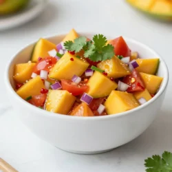 - 2 ripe mangoes, diced - 1 medium red onion, finely chopped - 2 ripe tomatoes, seeds removed and diced - 1-2 habanero peppers, finely minced (adjust to taste) - 1/4 cup fresh cilantro, chopped - Juice of 2 limes - 1 tablespoon honey or agave syrup - Salt to taste Selecting ripe mangoes Choose mangoes that feel slightly soft when you press them. Their skin should have a nice color, often yellow or red. A ripe mango gives off a sweet, fruity scent. Picking the right habanero peppers Look for firm habaneros that have a bright color. They should be smooth and shiny, signaling freshness. If you want more heat, pick smaller peppers as they tend to be spicier. This salsa shines with fresh, flavorful ingredients. The ripe mangoes bring sweetness, while the habanero adds a bold kick. Enjoy making this vibrant dip! {{ingredient_image_1}} To start, gather your ingredients. You need ripe mangoes, red onion, tomatoes, and habanero peppers. - Dicing mangoes and tomatoes: Peel and dice 2 ripe mangoes into small cubes. Next, take 2 ripe tomatoes, remove the seeds, and dice them too. Dice them small for a better mix. - Chopping red onion and cilantro: Finely chop 1 medium red onion. The onion adds a nice crunch. Then, chop 1/4 cup of fresh cilantro. This herb gives a fresh taste to the salsa. - Mince habanero peppers: Take 1-2 habanero peppers, depending on your heat preference. Carefully mince them. Start with one pepper, then taste your mix. You can always add more if you want extra heat. Now it’s time to combine everything. - Combining the fruits and vegetables: In a medium mixing bowl, combine the diced mangoes, chopped red onion, diced tomatoes, and minced habanero peppers. Mix well to ensure even distribution. - Adding lime juice and sweetener: Squeeze the juice of 2 limes over the mixture. This adds a zesty kick. Drizzle 1 tablespoon of honey or agave syrup for sweetness. Stir well to blend all the flavors. Let’s make sure it tastes just right. - Adjusting seasoning: Add salt to taste. Start with a pinch, then adjust based on your preference. Mix again to ensure the salt is evenly distributed. - Recommended resting time for flavor development: Let the salsa sit at room temperature for 15-20 minutes. This allows the flavors to meld together beautifully. Enjoy your vibrant and fiery mango habanero salsa! To control the spice in your salsa, start with one habanero. This way, you can taste and decide if you want more heat. Habaneros pack a punch, so add carefully. If you want a milder salsa, try using jalapeños or serrano peppers instead. These options offer a nice kick without overwhelming your taste buds. To take your salsa to the next level, consider adding fresh lime zest or diced avocado. These add-ins brighten the dish and enhance the taste. Letting the salsa sit for about 15-20 minutes is key. This resting time allows the flavors to blend beautifully, creating a more delicious dip. For serving, choose a colorful bowl or a rustic dish to highlight your salsa. A clear glass bowl shows off the vibrant colors of the salsa. Garnishing with extra cilantro or lime wedges adds a nice touch. You can also sprinkle some crumbled feta cheese on top for a unique twist. Pro Tips Choose Ripe Mangoes: Look for mangoes that are slightly soft to the touch and have a sweet aroma near the stem. This ensures maximum sweetness and flavor in your salsa. Adjust Heat Level: Habanero peppers can be quite spicy. Start with a small amount, taste, and gradually add more if you want extra heat. Remember, you can always add more, but you can't take it out! Fresh Ingredients Matter: Use fresh cilantro and lime juice for the best flavor. Dried herbs or bottled lime juice will not provide the same vibrant taste. Let It Rest: Allow the salsa to sit for at least 15-20 minutes before serving. This resting time allows the flavors to meld together beautifully, enhancing the overall taste. {{image_2}} You can change the fruits in your salsa. Pineapples add a sweet twist. Peaches bring a soft, juicy flavor. These fruits work well with the spicy habanero. You can also switch herbs. Mint gives a fresh taste. Basil adds a lovely aroma. Try these options for a new take on your salsa. The texture of your salsa can change its feel. You can make it chunky for a hearty bite. For a smooth salsa, blend the ingredients. This gives a different experience. You can also grill or roast some ingredients. Grilling mangoes or tomatoes adds a smoky flavor. Roasting the onion brings out natural sweetness. These methods can elevate your salsa game. If you follow a vegan diet, there are easy swaps. Use agave syrup instead of honey. This keeps your salsa sweet without animal products. For those watching sugar, skip the sweetener. The mango offers natural sweetness already. You can also reduce the number of mangoes to lower sugar content. These adaptations keep the salsa tasty and healthy. To keep your mango habanero salsa fresh, store it in an airtight container. This helps keep air out, which can make it spoil faster. You can also use small glass jars for easy serving. If you want to keep it even fresher, consider vacuum sealing your salsa. This method removes air and extends freshness, making it a great option for longer storage. In the fridge, your salsa will stay fresh for up to two days. After that, the flavors can fade, and it may not taste as good. Watch for signs of spoilage, like a strange smell or a watery texture. If you see any mold, toss it out right away. It’s better to be safe than sorry! You can freeze mango habanero salsa for long-term storage. Just pour it into a freezer-safe container, leaving some space at the top. Salsa expands when frozen, so this space helps prevent spills. When you're ready to enjoy it, take it out and thaw it in the fridge overnight. For a quick thaw, you can place the container in cold water for a few hours. You can serve Mango Habanero Salsa with many tasty options. Here are my favorite pairings: - Tortilla chips: The crunch balances the salsa's sweetness and heat. - Grilled chicken: The fresh flavors make grilled meat shine. - Fish tacos: The salsa adds a fruity kick to tacos. - Shrimp: Mango and shrimp make a great match. - Quesadillas: The salsa brings life to cheesy goodness. These pairings enhance the salsa's flavor and make meals more exciting. Mango Habanero Salsa can be quite spicy. Habanero peppers rank high on the heat scale. They can range from 100,000 to 350,000 Scoville heat units. Start with one minced habanero. Taste the salsa, then add more if you like it hotter. Remember, the sweetness of mango helps balance the heat. If you want less spice, consider using a milder pepper like jalapeño. Yes! You can make Mango Habanero Salsa ahead of time. Making it a few hours in advance allows flavors to meld. Store it in the fridge for up to two days. Keep it in an airtight container. This helps maintain freshness. Just remember, the longer it sits, the more intense the flavor becomes. This blog post outlined everything you need for Mango Habanero Salsa. We covered fresh and pantry ingredients, along with how to pick the best ones. You learned step-by-step prep and mixing instructions. We also shared tips for adjusting heat and enhancing flavor. Variations for dietary needs let you tailor the salsa to your taste. Finally, the storage section helped you keep your salsa fresh. Enjoying your homemade salsa will bring bright flavors to your meals. Happy salsa making!