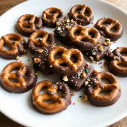 - 2 cups miniature pretzels - 1 cup milk chocolate chips - 1 cup dark chocolate chips - 1/2 cup crushed nuts (such as almonds or peanuts) - 1/4 cup sea salt - 1/4 cup colorful sprinkles (optional) These ingredients create a perfect mix of sweet and salty. The miniature pretzels add crunch, while the chocolate provides a smooth finish. The nuts give extra texture and flavor. Sea salt balances the sweetness, making each bite delightful. You can customize this bark with colorful sprinkles, adding a fun touch. Use good quality chocolate for the best taste. Milk chocolate brings sweetness, while dark chocolate adds depth. You can swap nuts for your favorites or even add dried fruit. Each choice makes this treat uniquely yours! {{ingredient_image_1}} 1. Preheat your oven to 350°F (175°C). This step helps crisp the pretzels. 2. Arrange the miniature pretzels in a single layer on a lined baking sheet. Use parchment paper for easy cleanup. 3. Bake the pretzels for about 5 minutes. This makes them slightly crispy and ready for chocolate. 1. Use microwave-safe bowls to melt the chocolate chips. Always check that they are safe for heat. 2. Melt in 30-second intervals. Stir the chocolate after each interval. This keeps it smooth and prevents burning. 1. Pour the melted chocolate over the baked pretzels. Make sure to cover all the pretzels well. 2. Spread the chocolate evenly using a spatula. This helps in getting a nice, even layer. 3. Sprinkle the crushed nuts, sea salt, and colorful sprinkles on top. This adds flavor and fun. 4. Refrigerate the bark for about 30 minutes. This helps the chocolate harden and set. 5. Once set, break the bark into pieces and serve. Enjoy your delicious treat! To get an even chocolate coating, you need a few tricks. First, pour the melted chocolate over the pretzels slowly. This helps cover each pretzel well. Use a spatula to spread the chocolate. Make sure every pretzel gets a nice layer. If you see any bare spots, scoop some chocolate from the puddle and cover them. Preventing chocolate seizure is key to smooth melting. This happens when chocolate gets too hot or cools too fast. To avoid this, melt your chocolate in short bursts. Use a microwave-safe bowl and heat in 30-second intervals. Stir after each interval until it is smooth. If the chocolate thickens, add a teaspoon of vegetable oil. This helps it stay fluid. You can change the flavor and texture of your bark easily. Try using different types of chocolate. White chocolate adds creaminess, while dark chocolate gives a rich taste. You can also mix chocolates for a fun twist. For added crunch, choose nuts like almonds or peanuts. You can use walnuts or pecans too. Chop them coarsely, so they mix well. Sprinkles add color, but you can also use dried fruits. They add chewiness and a fruity taste. Just make sure to keep the balance. You want a mix of sweet, salty, and crunchy for the best snack! Pro Tips Use High-Quality Chocolate: The flavor of your bark will largely depend on the quality of chocolate you use. Opt for premium chocolate chips to enhance the taste. Experiment with Toppings: Feel free to get creative! Try adding dried fruits, coconut flakes, or even crushed candies for a unique twist on your pretzel bark. Store Properly: To keep your pretzel bark fresh, store it in an airtight container at room temperature. Avoid refrigerating for long periods as it may alter the texture. Adjust Saltiness: If you prefer a sweeter bark, reduce the amount of sea salt. Conversely, if you love that sweet-salty combo, feel free to add more to taste. {{image_2}} You can change the chocolate in this recipe. One fun twist is using white chocolate. White chocolate gives the bark a sweet and creamy flavor. It looks great against the salty pretzels, too. Just swap out the milk or dark chocolate for white chocolate chips. Another tasty option is to use dark chocolate with assorted nuts. Dark chocolate adds a rich and bold taste. You can pick nuts like almonds or peanuts. They add a nice crunch and depth to each bite. Just sprinkle the crushed nuts on top after you pour the chocolate. You can get creative with your toppings. Seasonal sprinkles make the bark festive and fun. Use colors that match holidays or parties. For example, red and green for Christmas, or pastel for Easter. These small details make the bark special. Incorporating dried fruits is another tasty option. You can add cranberries, apricots, or even raisins. They add a chewy texture and a fruity flavor. Just chop them up and sprinkle them over the melted chocolate. To keep your chocolate covered pretzel bark fresh, choose the right container. Use an airtight container. This helps block out air and moisture. You can also use a resealable plastic bag. Just make sure to squeeze out the air before sealing. Store the bark in a cool, dry place. Avoid sunny spots or warm areas. This helps keep the chocolate from melting or becoming soft. If you have leftovers, layer the pieces with parchment paper. This prevents them from sticking together. How long does it last? Properly stored, your bark can last up to two weeks. If you want to keep it longer, freezing is a great option. For freezing, wrap the bark tightly in plastic wrap. Then, place it in an airtight container or a freezer bag. This keeps moisture out. You can freeze the bark for up to three months. When you're ready to enjoy it again, thaw it in the fridge. This keeps it firm and tasty. Never thaw it at room temperature, as it might get soft. To make Chocolate Covered Pretzel Bark, you follow a few simple steps. First, preheat your oven to 350°F (175°C) and line a baking sheet with parchment paper. Then, spread the miniature pretzels in a single layer on the sheet. Bake them for about 5 minutes to crisp them slightly. While they bake, melt the milk and dark chocolate chips in a bowl. Use a microwave and heat in 30-second bursts, stirring until smooth. Remove the pretzels from the oven and pour the melted chocolate over them. Spread the chocolate evenly and sprinkle nuts, sea salt, and colorful sprinkles if you like. Finally, refrigerate until the chocolate hardens. Break into pieces and enjoy! Yes, you can use different types of pretzels in this recipe. Pretzel sticks, twists, or even chocolate-covered pretzels work well. Each type gives a unique crunch and flavor. Try flavored pretzels too, like cheese or sourdough, for a fun twist. It’s all about what you enjoy. For melting, I recommend high-quality chocolate chips. Brands like Ghirardelli or Guittard melt well and taste great. You can also use chocolate bars; just chop them into small pieces for even melting. Avoid chocolate labeled as "baking chips" designed for cookies. These often do not melt smoothly. You learned how to make tasty chocolate-covered pretzel bark. We covered key ingredients, step-by-step instructions, and tips to make it just right. Customizing flavors and textures makes this treat fun and unique. Remember to store it in a cool place to keep it fresh. Enjoy your sweet creation, and don’t hesitate to try new ideas. With just a bit of practice, you can impress friends and family with your yummy treats!