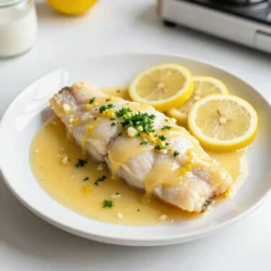 - 4 cod fillets (about 6 ounces each) - 4 tablespoons unsalted butter - 3 cloves garlic, minced - Zest of 1 lemon - Juice of 1 lemon - 1 teaspoon dried thyme - Salt and pepper to taste - 2 tablespoons fresh parsley, chopped (for garnish) - Lemon slices (for serving) I love the main ingredients for this dish. Cod fillets are mild and flaky. They soak up flavor well. Unsalted butter gives a rich taste. Garlic adds a bold punch. Lemon zest and juice bring bright notes. The herbs and spices are simple but effective. Dried thyme adds warmth. Salt and pepper enhance all the flavors. Garnishing with parsley is key. It adds a fresh touch. Lemon slices look great on the plate. They also boost the lemon flavor. This dish uses everyday items you can find at any store. It's a simple recipe with big taste! {{ingredient_image_1}} First, preheat your oven to 400°F (200°C). This step is key to ensure the cod cooks evenly. Next, take a small saucepan and melt 4 tablespoons of unsalted butter over medium heat. Once melted, add 3 cloves of minced garlic. Sauté the garlic for 1-2 minutes. You want it fragrant, but don’t let it burn. Now, you will make the sauce. Stir in the zest of 1 lemon and the juice of that lemon. Add 1 teaspoon of dried thyme, salt, and pepper to taste. Mix it all well and then remove the saucepan from the heat. Set the sauce aside for now. Take your cod fillets and place them in a baking dish. Pour the lemon garlic butter sauce evenly over the fillets. Make sure each piece is coated well. Bake the cod in your preheated oven for 12-15 minutes. You will know the cod is done when it flakes easily with a fork. Once cooked, take it out and sprinkle with fresh parsley. Serve warm with lemon slices for a bright touch. To ensure cod fillets cook evenly, use fillets of the same size. This helps them cook at the same rate. Line your baking dish with parchment paper for easy cleanup. Make sure to pour the lemon garlic butter sauce evenly over the cod. This will keep it moist and full of flavor. To check for doneness, use a fork. Gently flake the cod in the thickest part. If it flakes easily, it is ready. The flesh should be opaque and white. If it still looks translucent, give it a few more minutes in the oven. Lemon garlic butter cod pairs well with steamed veggies, rice, or a fresh salad. Consider serving it with garlic mashed potatoes for a hearty meal. You can also add a side of roasted asparagus for color and taste. For plating, place the cod on a clean white plate. Drizzle some of the sauce over the top. Add fresh parsley for color and garnish with lemon slices. This makes the dish look vibrant and inviting. To store leftovers, let the cod cool to room temperature. Place it in an airtight container and refrigerate. It should stay fresh for up to three days. For reheating, use the oven at a low temperature. This helps to keep the fish moist. You can also use the microwave, but be careful not to overcook it. Heat until just warm. Enjoy your delicious leftovers! Pro Tips Fresh Ingredients: Always use fresh cod fillets for the best flavor and texture. Look for fillets that are moist and have a clean, ocean-like smell. Butter Temperature: Melt the butter on medium heat to prevent it from burning. This ensures a rich flavor profile without any bitterness. Cooking Time: Keep an eye on the cod while baking; it should flake easily with a fork when done. Overcooking can lead to a dry texture. Enhancing Flavor: For an extra layer of flavor, consider adding a pinch of red pepper flakes to the butter sauce for a subtle heat that complements the lemon and garlic. {{image_2}} You can switch out cod for other fish. Options like halibut, tilapia, or salmon work well. Each fish has its own taste and texture. Feel free to choose what you like best. You can also try different herbs. Instead of thyme, consider dill or oregano. Both herbs add a fresh twist to the dish. Use what you have on hand for a unique flavor. Grilling cod gives it a nice smoky flavor. If you prefer, you can grill the fish instead of baking. Just be sure to oil the grill well. This helps the fish not stick. Pan-searing is another great method. It gives the cod a crisp outside while keeping it tender inside. Heat oil in a pan and cook for about 3-4 minutes per side. Adding other citrus fruits brightens the dish. You might try lime or orange juice. Both will add a sweet and tangy flavor. Experiment to see which ones you like most. If you enjoy spicy food, add chopped jalapeños or red pepper flakes. This will give the cod a kick. Just a pinch can make a big difference in taste. You can serve Lemon Garlic Butter Cod with a variety of tasty sides. Here are some great options: - Roasted vegetables: Carrots, zucchini, and bell peppers work well. - Rice: Try jasmine or brown rice for a nice base. - Mashed potatoes: Creamy potatoes balance the fish flavors. - Salad: A fresh green salad adds crispness. - Quinoa: This healthy grain is a great alternative. These sides can enhance your meal and bring out the fish's flavor. For cod fillets, baking at 400°F takes about 12-15 minutes. The exact time depends on the fillet's thickness. A thicker piece may need more time. You know it's done when it flakes easily with a fork. Yes, you can use other fish! Here are some good substitutes: - Haddock: It has a similar flavor and texture. - Tilapia: This fish is mild and cooks quickly. - Salmon: Rich in flavor, it will change the dish a bit. - Snapper: It adds a nice sweetness to the meal. These fish will work well with the lemon garlic butter sauce. - Prep Time: 10 minutes - Cook Time: 15 minutes - Total Time: 25 minutes - Serving Size: 4 servings This Lemon Garlic Butter Cod is quick to make. You only need 10 minutes to prep. Then, cook it for 15 minutes. In just 25 minutes, you have a tasty meal for four. This dish looks good and tastes great. It’s perfect for a weeknight dinner or a special occasion. Enjoy the bright flavors of lemon and garlic with every bite. This blog post covered how to make Lemon Garlic Butter Cod. We listed the main and seasoning ingredients, along with garnishing tips. The step-by-step instructions help you prepare, make the sauce, and bake the cod perfectly. I shared cooking tips and storage advice to help you enjoy your meal later. Finally, the variations section suggests ingredient swaps and new flavors. Overall, this recipe is simple and tasty, and you can easily adapt it to suit your taste. Enjoy your cooking adventure!