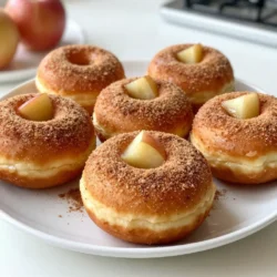 To make these delicious Cinnamon Sugar Apple Donuts, you will need the following ingredients: - 2 cups all-purpose flour - 1/2 cup granulated sugar - 2 teaspoons baking powder - 1/2 teaspoon baking soda - 1 teaspoon ground cinnamon - 1/2 teaspoon salt - 1/2 cup whole milk - 1/4 cup unsalted butter, melted - 1 large egg - 1 teaspoon vanilla extract - 1 cup finely chopped apples (Fuji or Honeycrisp) - 1 cup granulated sugar (for coating) - 2 tablespoons ground cinnamon (for coating) - Vegetable oil (for frying) Each ingredient plays a key role in making the donuts fluffy and flavorful. The flour gives them structure. The sugar adds sweetness. Baking powder and baking soda help the donuts rise. Ground cinnamon brings that warm, cozy flavor we love in fall. The salt balances all the sweetness. Using whole milk adds moisture, while melted butter adds richness. The egg binds everything together. Vanilla extract gives a hint of warmth. The chopped apples add a juicy burst of flavor in every bite. Finally, the cinnamon sugar coating adds a crunchy, sweet finish. Gather these ingredients and get ready to create a fall treat that you will love! {{ingredient_image_1}} First, grab a large mixing bowl. Add 2 cups of all-purpose flour. Then, mix in 1/2 cup of granulated sugar. Next, add 2 teaspoons of baking powder and 1/2 teaspoon of baking soda. Sprinkle in 1 teaspoon of ground cinnamon and 1/2 teaspoon of salt. Use a whisk to blend everything well. This mix is the base for your donuts. Now, take another bowl. Pour in 1/2 cup of whole milk. Add 1/4 cup of melted unsalted butter, 1 large egg, and 1 teaspoon of vanilla extract. Whisk these together until smooth. This mixture will bring moisture and flavor to your donuts. Next, heat vegetable oil in a deep frying pan or pot. Aim for 350°F (175°C). Make sure there’s enough oil to fully cover the donuts. Use a piping bag or a spoon to drop small amounts of the batter into the hot oil. Fry 3-4 donuts at a time. Cook them for about 2-3 minutes on each side until they turn golden brown. Use a slotted spoon to take them out and place them on a paper towel-lined plate. While the donuts are still warm, it’s time to coat them. In a bowl, mix together 1 cup of granulated sugar and 2 tablespoons of ground cinnamon. Roll each warm donut in this cinnamon sugar mix. Make sure they are fully coated. Place the coated donuts on a wire rack to cool slightly before serving. Enjoy these tasty treats! For the best flavor, use Fuji or Honeycrisp apples. They stay crisp and sweet. When you chop them, make sure they are small. This helps them mix well in the batter. If you want a tart bite, you can try Granny Smith apples. They add a nice contrast to the sweetness. Frying at the right temperature is key. Heat your oil to 350°F (175°C). Use a thermometer for accuracy. If it’s too hot, the donuts will burn. If it’s too cool, they’ll soak up oil and become greasy. A good test is to drop a small piece of dough into the oil. If it bubbles and rises, you’re ready to fry! To keep your donuts light and fluffy, don’t overcrowd the frying pan. Fry only 3-4 donuts at a time. This helps maintain the oil temperature. After frying, use a slotted spoon to transfer donuts to a paper towel-lined plate. This drains excess oil. Roll them in cinnamon sugar while still warm for the best flavor. Pro Tips Use Fresh Apples: For the best flavor and texture, opt for fresh, crisp apples like Fuji or Honeycrisp. Their sweetness and juiciness will enhance your donuts. Monitor Oil Temperature: Keeping the oil at a consistent 350°F (175°C) is crucial for even cooking. Use a thermometer to ensure the temperature stays steady while frying. Don’t Overmix: When combining the wet and dry ingredients, mix until just combined. Overmixing can lead to tough donuts, so be gentle! Coat While Warm: For the best cinnamon sugar coating, roll the donuts in the mixture while they’re still warm. This allows the sugar to adhere better for a delightful finish. {{image_2}} You can choose to bake or fry your donuts. Fried donuts are crisp outside and soft inside. They soak up the cinnamon sugar well. Baked donuts are lighter and healthier. They use less oil and still taste great. If you want easy cleanup, baking is best. Use a donut pan for baked donuts. The result will still be fluffy and delicious. Want to mix things up? You can add spices or nuts for extra flavor. Try nutmeg for warmth or ginger for a kick. Chopped nuts like walnuts or pecans add crunch and taste. Just fold them into the batter before frying or baking. It gives your donuts a fun twist and makes them unique. Donuts can change with the seasons. In fall, add pumpkin puree to the batter for pumpkin spice donuts. You can also spice it with nutmeg and allspice. If you love maple, swap some sugar for maple syrup. This gives a sweet, rich flavor that is perfect for autumn. Experiment with flavors to match the season, and enjoy the fun of creating new tastes! Store leftover donuts in an airtight container. This keeps them fresh. If you have many, stack them with parchment paper in between. This helps stop them from sticking together. Keep the container at room temperature for up to two days. After that, the donuts may get dry or hard. To reheat donuts, use your oven or microwave. For the oven, preheat to 350°F (175°C). Place the donuts on a baking sheet for about 5 minutes. This warms them up and keeps them nice. If using a microwave, heat each donut for about 10-15 seconds. Just be careful not to overheat. This can make the donuts tough. You can freeze donuts for up to three months. To do this, let them cool completely. Wrap each donut in plastic wrap, then place them in a freezer bag. Make sure to squeeze out air before sealing. When you're ready to enjoy, thaw them in the fridge overnight. Reheat them using the tips above for the best taste. Yes, you can prepare the dough a day before. Just cover it and refrigerate it. When you are ready, fry the donuts fresh. They taste best when warm. You can use applesauce or mashed banana. Use 1/4 cup of either for each egg. This keeps the donuts moist and adds flavor. To reduce sweetness, cut back on the sugar in the dough. Use 1/4 cup instead of 1/2 cup. You can also reduce the cinnamon sugar coating. Yes, you can use a donut maker. Follow the maker’s instructions for batter amount and cooking time. The donuts will be less oily and still taste great. This blog post covered how to make delicious donuts from scratch. We explored ingredients, instructions, and tips. You learned about the best apples to use and how to fry them perfectly. I shared variations, storage info, and answered common questions. Making homemade donuts is fun and easy. Enjoy your baking adventure, and don’t forget to share with friends!
