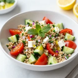 This salad is fresh and easy to make. Here’s what you need: - 1 cup quinoa, rinsed - 2 cups vegetable broth or water - 1 cucumber, diced - 1 cup cherry tomatoes, halved - 1 red bell pepper, diced - ¼ cup red onion, finely chopped - ½ cup fresh parsley, chopped - ¼ cup fresh mint, chopped - Juice of 2 lemons - 3 tablespoons olive oil - Salt and pepper to taste Each ingredient adds a special touch to the dish. Quinoa gives the salad a nice base. The veggies add crunch and color. The lemon juice brightens up the flavors. You can make the salad even better with these extras: - Feta cheese, crumbled - Avocado, diced Adding feta gives the salad a creamy taste. Avocado adds a rich texture. Both options make the salad more filling and tasty. Herbs make a big difference in this salad. I use: - Fresh parsley - Fresh mint Parsley brings a fresh, green flavor. Mint adds a sweet note. Together, they make the salad smell and taste amazing. You can mix in other herbs too, like basil or cilantro, for even more flavor. {{ingredient_image_1}} To start, take a medium saucepan. Bring 2 cups of vegetable broth or water to a boil. Once boiling, add in 1 cup of rinsed quinoa. Reduce the heat to low and cover the pot. Cook for about 15 minutes. The quinoa should be fluffy and the liquid fully absorbed. After cooking, take the pot off the heat. Let it cool for a few minutes. While the quinoa cools, grab a large bowl. Dice 1 cucumber, and halve 1 cup of cherry tomatoes. Next, chop 1 red bell pepper and finely slice ¼ cup of red onion. Add these veggies to the bowl. For extra flavor, chop ½ cup of fresh parsley and ¼ cup of fresh mint. Toss all these colorful veggies together in the bowl. Now, fluff the cooled quinoa with a fork. Add the quinoa to your bowl of veggies. In a small bowl, whisk together the juice of 2 lemons and 3 tablespoons of olive oil. Pour this mixture over the quinoa and veggies. Gently toss everything together to combine. Season with salt and pepper to taste. If you want, top your salad with crumbled feta cheese or diced avocado for a creamy touch. Enjoy your fresh and vibrant salad! To make great quinoa, start with good rinsing. Rinse the quinoa well to remove its bitter coating. Use a ratio of 1 cup quinoa to 2 cups broth or water. Bring the broth or water to a boil. Once boiling, add the quinoa. Reduce the heat and cover the pot. Cook for about 15 minutes, until the quinoa is fluffy. Let it cool a bit before mixing it with your veggies. To add more flavor, squeeze fresh lemon juice right before serving. You can also mix in some garlic for a punch. Adding spices like cumin or smoked paprika gives depth. If you like heat, sprinkle some red pepper flakes on top. Feta cheese or avocado makes it creamy and rich. Serve your salad in a large, flat dish for a nice look. Add lemon wedges and fresh herbs on top for color. You can also use a clear bowl to show off the vibrant colors. A drizzle of olive oil on top adds shine and flavor. Make sure it looks as good as it tastes! Pro Tips Fresh Ingredients: Always use the freshest vegetables and herbs you can find for maximum flavor in your salad. Chill the Salad: Allow the salad to chill in the refrigerator for at least 30 minutes before serving to enhance the flavors. Customizable Add-Ins: Feel free to add in your favorite ingredients such as chickpeas, nuts, or other seasonal vegetables for extra texture and nutrition. Perfect Lemon Zest: For an extra zing, add some lemon zest along with the juice for a more vibrant citrus flavor. {{image_2}} You can add protein to your Lemon Herb Quinoa Salad for more strength. Grilled chicken works well. You can also use chickpeas for a plant-based choice. Tofu is another option, too. Cook it until golden for added flavor. Feel free to change the vegetables in the salad. Try using zucchini or spinach for a new twist. Carrots add a nice crunch. You could even swap out cherry tomatoes for diced avocado. Each change can give the salad a fresh taste. This salad is easy to make vegan and gluten-free. The quinoa is already gluten-free, which is great. Use a vegan feta cheese or skip it altogether. You can add extra nuts or seeds for creaminess. This way, everyone can enjoy the dish! Store leftover salad in an airtight container. This keeps it fresh and tasty. You can keep it in the fridge for up to three days. If you added feta cheese or avocado, use them fresh instead. These toppings can spoil faster. I don’t recommend reheating this salad. Quinoa can become mushy. If your salad looks sad after a day, add fresh herbs or a splash of lemon juice. This will refresh the flavors. Toss it well to bring back its zing. When you meal prep, keep the dressing separate. This helps avoid soggy veggies. You can cook the quinoa ahead of time. Store it in the fridge for up to five days. Chop the veggies and herbs the day you eat. This keeps everything crunchy. To make your Lemon Herb Quinoa Salad creamier, add avocado or feta cheese. Both ingredients bring a rich texture and flavor. You can mash the avocado and mix it in. This will give the salad a smooth feel. If you use feta, crumble it over the top. Both options work well and taste great. Yes, you can use other grains! Brown rice, farro, or barley are good choices. They each bring a unique taste and texture. Make sure to cook them according to their package instructions. This keeps the grains fluffy and light. You can still follow the same recipe for the dressing and veggies. To make the salad in advance, prepare the quinoa and chop the veggies ahead of time. Store them separately in the fridge. When ready to serve, mix them together with the dressing. This keeps the salad fresh and crisp. You can also add the toppings right before serving for the best taste. This blog post covered how to make a Lemon Herb Quinoa Salad with fresh ingredients and easy steps. We explored the main and optional ingredients, along with helpful tips for cooking and presentation. I also shared ways to add protein and storage advice. Remember, this salad is versatile and can fit any diet. Try it with different grains or herbs to suit your taste. Enjoying healthy meals can be simple and fun with this recipe. Dive in and make your own salad today!