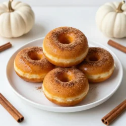 - 1 cup pumpkin puree - 1/2 cup granulated sugar - 1/4 cup packed brown sugar - 2 large eggs - 1 teaspoon vanilla extract Pumpkin puree gives these donuts their rich flavor and moist texture. I prefer using canned pumpkin. It saves time and tastes great. The sugars add sweetness and help create a lovely crust. Eggs provide structure and moisture, while vanilla adds warmth to the flavor. - 1 1/2 cups all-purpose flour - 1 teaspoon baking powder - 1/2 teaspoon baking soda - 1 teaspoon ground cinnamon - 1/2 teaspoon ground nutmeg - 1/4 teaspoon ground ginger - 1/4 teaspoon salt All-purpose flour forms the base of the batter. Baking powder and baking soda help the donuts rise. The spices bring out the cozy fall flavors. Cinnamon, nutmeg, and ginger create a warm aroma. Salt enhances the overall flavor and balances sweetness. - 1/4 cup granulated sugar - 1 tablespoon ground cinnamon This coating is simple yet adds a delightful crunch and sweetness. Mixing granulated sugar with cinnamon makes each bite special. Dipping warm donuts into this mix ensures the sugar sticks well. It transforms a good donut into an amazing treat. {{ingredient_image_1}} First, preheat your oven to 350°F (175°C). This step is key for even baking. Next, grease your donut pan with non-stick cooking spray. This will help the donuts pop out easily later. In a mixing bowl, combine 1 cup of pumpkin puree with 1/2 cup of granulated sugar and 1/4 cup of brown sugar. Then, add 1/3 cup of vegetable oil to the mix. Crack in 2 large eggs and pour in 1 teaspoon of vanilla extract. Whisk everything together until smooth. Take another bowl and sift together 1 1/2 cups of all-purpose flour, 1 teaspoon of baking powder, 1/2 teaspoon of baking soda, 1 teaspoon of ground cinnamon, 1/2 teaspoon of ground nutmeg, 1/4 teaspoon of ground ginger, and 1/4 teaspoon of salt. Mix these dry ingredients well. Grab a piping bag or a zip-top bag with a corner snipped off. Fill each donut mold about 2/3 full with the batter. Avoid overfilling to keep the shape nice. Place the filled pan in your preheated oven. Bake for 12 to 15 minutes. To check for doneness, insert a toothpick into the center. It should come out clean when the donuts are ready. While the donuts bake, prepare the cinnamon sugar coating. In a shallow bowl, mix 1/4 cup of granulated sugar with 1 tablespoon of ground cinnamon. Once the donuts cool for about 5 minutes, gently remove them from the pan. While still warm, dip each donut into the cinnamon sugar mix, coating both sides well. To get the best texture in your donuts, don't overmix the batter. Overmixing makes them tough. Stir until the dry and wet ingredients just come together. A few lumps are fine. After baking, let the donuts cool for a few minutes in the pan. This helps set the shape and keeps them soft. You can add chocolate chips to the batter for a sweet twist. Dark or semi-sweet chips work well. You can also play with spices. Try adding a pinch of allspice or cloves for deeper flavor. Each spice brings a new taste that makes the donuts unique. Baking your donuts is easier and less messy than frying. Baked donuts are light and fluffy. Frying gives a crisp outside but requires more oil and cleanup. Each method has its charm, but baking is healthier and simpler for home cooks. Pro Tips Use Fresh Pumpkin Puree: For the best flavor, use homemade pumpkin puree or high-quality canned pumpkin. Fresh puree can add a richer taste to your donuts. Don’t Overmix the Batter: When combining wet and dry ingredients, mix just until combined. Overmixing can make the donuts tough instead of light and fluffy. Adjust Baking Time for Size: Depending on your donut pan size, baking times may vary. Check for doneness a couple of minutes early to avoid overbaking. Coat While Warm: For the best cinnamon sugar coating, dip the donuts in the mixture while they are still warm. This helps the sugar adhere better and enhances the flavor. {{image_2}} You can add a maple glaze to your donuts for a fun twist. Just mix powdered sugar with maple syrup and a splash of milk. Drizzle it on top after the donuts cool. You can also play with toppings. Try crushed nuts or sprinkles for added crunch and color. Seasonal fruits like pomegranate seeds can brighten the look. If you need a gluten-free option, use almond flour or coconut flour. Both work well but may change the texture slightly. You can also try whole wheat flour for a healthier version. It brings a nutty flavor and extra fiber. Just remember to adjust the liquid as whole wheat absorbs more moisture. Making mini donuts is a fun idea! Just reduce the baking time to about 8-10 minutes. Check with a toothpick to see if they are done. Serving mini donuts makes them perfect for parties. You can set up a donut bar with various toppings for guests to enjoy! You can store your cinnamon sugar pumpkin donuts in a few ways. The best method depends on how soon you plan to eat them. If you eat them within two days, keep them at room temperature. Place the donuts in an airtight container. This keeps them fresh and soft. Avoid stacking them to prevent squishing. If you want to keep them longer, store them in the fridge. Use the same airtight container. Just know that refrigeration might change their texture a bit. If you want to enjoy these donuts later, freezing is a great option. First, let the donuts cool completely. Then, place them in a freezer-safe bag or container. Make sure to remove as much air as possible. This helps prevent freezer burn. You can freeze them for up to three months. When you’re ready to eat, take them out and let them thaw at room temperature. For a warm treat, pop them in the oven at 350°F for a few minutes. Cinnamon sugar pumpkin donuts can last for about three days at room temperature. If stored in the fridge, they last up to a week. If you freeze them, they stay fresh for three months. Always check for signs of spoilage. If the donuts feel hard or have an off smell, it’s best to toss them. Enjoy every bite while they’re fresh! To make your donuts light and fluffy, focus on a few key tips. First, do not overmix the batter. Mix until just combined, and leave some lumps. This keeps air in the mix. Use fresh baking powder and baking soda for the best rise. Also, make sure your oven is at the right temperature. An oven that is too cool will lead to dense donuts. Yes, you can use canned pumpkin. It is easy and saves time. Canned pumpkin is also just as tasty as fresh pumpkin. However, fresh pumpkin can have a different flavor. Fresh pumpkin may taste sweeter and richer. If you use canned pumpkin, check for pure pumpkin, not pie filling. To reheat your donuts, use an oven or microwave. For the oven, preheat it to 350°F (175°C). Place the donuts on a baking sheet for about 5-7 minutes. For the microwave, heat each donut for about 10-15 seconds. This keeps them warm without making them too tough. These donuts have some sugar and fat, but they also have pumpkin. Pumpkin is high in fiber and vitamins. You can make them a bit healthier by reducing the sugar or using whole wheat flour. If you want a lower-sugar option, use less granulated sugar in the batter. You can also add nuts or seeds for extra nutrition. These pumpkin donuts are simple to make and delicious. We discussed cake-like texture, key ingredients, and step-by-step baking. Remember to mix carefully and experiment with flavors. You can try different toppings or flours for more fun. Store them properly to keep them fresh longer. Enjoy your tasty treats warm or chilled. With these tips, you'll make pumpkin donuts everyone loves!